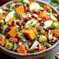 - 1 cup quinoa - 2 cups vegetable broth - 1 medium sweet potato - 1 cup Brussels sprouts - 1 medium apple - ½ cup dried cranberries - ½ cup pecans - 2 tablespoons olive oil - 1 tablespoon maple syrup - 1 teaspoon cinnamon - Salt and pepper to taste - 2 tablespoons feta cheese (optional) To create the Fall Harvest Quinoa Salad, you'll need simple, fresh items. First, choose high-quality quinoa. Quinoa gives this salad a nutty flavor and great texture. Use vegetable broth for cooking the quinoa. This adds depth to the dish. Next, sweet potatoes bring sweet and creamy notes. Their bright color makes the salad pop. Brussels sprouts add crunch and a slight bitterness. You can roast them to enhance their natural sweetness. For extra flavor, include an apple. A tart variety works best. Dried cranberries add a hint of tartness and a chewy texture. Pecans provide a nice crunch. They also add healthy fats. Olive oil is key for roasting the veggies and adding richness. Lastly, season with maple syrup and cinnamon. These ingredients create warmth and sweetness. Adjust the salt and pepper to your taste. If you like cheese, sprinkle feta on top for a salty kick. Follow the [Full Recipe] for detailed steps to combine these ingredients into a delicious meal. - Preheat the oven to 425°F (220°C). - Prepare the baking sheet with parchment paper. First, I like to toss the diced sweet potato and halved Brussels sprouts in a bowl. Add two tablespoons of olive oil, one tablespoon of maple syrup, a teaspoon of cinnamon, salt, and pepper. Mix it all well. Spread the veggies on the prepared baking sheet in a single layer. Roast for 25-30 minutes. The sweet potato should be tender, and the Brussels sprouts should caramelize. Remember to turn them halfway through for even roasting. While the veggies roast, it’s time to cook the quinoa. I bring two cups of vegetable broth to a boil in a medium saucepan. Then, I add one cup of rinsed quinoa. I reduce the heat to low, cover, and simmer. This takes about 15 minutes. The quinoa is ready when it is fluffy and the liquid is absorbed. After cooking, I let it sit for five minutes before fluffing it with a fork. For the complete recipe, you can refer to the [Full Recipe]. To cook quinoa perfectly, rinse it first. This removes a bitter coating called saponin. Use two cups of vegetable broth for every cup of quinoa. Bring the broth to a boil, add the rinsed quinoa, then reduce the heat. Cover and simmer for about 15 minutes. After cooking, let it sit covered for 5 minutes. Fluff it with a fork for a light and airy texture. For roasting vegetables, choose sweet potatoes and Brussels sprouts. Toss them in olive oil, salt, and pepper. Spread them out on a baking sheet. Roast at 425°F (220°C) for 25-30 minutes. Turn them halfway for even caramelization. They should be tender and golden when done. To change the dressing, try balsamic vinegar or a lemon-herb mix. You can also use tahini for a creamy texture. Fresh herbs like thyme and rosemary add depth. For a spicy kick, sprinkle in some red pepper flakes. Adding spices enhances the flavor too. Try using smoked paprika or ground cumin. A hint of nutmeg can bring warmth, especially in fall. For a vegan version, skip the feta cheese. You can also use nutritional yeast for a cheesy flavor. If you need a gluten-free option, quinoa works perfectly. To make it nut-free, switch pecans for sunflower seeds or pumpkin seeds. This keeps the crunch without the nuts. Just be sure to check for allergies when serving. For the full recipe, visit the recipe section of this article. {{image_2}} You can make this salad even more exciting by adding seasonal veggies. Try mixing in pumpkin or roasted beets. These bright colors and flavors will enhance the dish. You could also add fruits like pears or figs. They bring a sweet touch that balances the savory notes. Need a protein kick? You can add grilled chicken for a heartier meal. Chickpeas are another great option. They add texture and protein without meat. For a vegan twist, use tofu or tempeh. Both are easy to cook and soak up flavors well. You can serve this salad warm or cold. It tastes great either way! For a warm dish, serve it right after cooking. For a cold version, let it chill in the fridge for a bit. Pair it with roasted meats or warm soups for a cozy meal. You can also enjoy it as a stand-alone dish. Don't forget to check the Full Recipe for more ideas! To keep your Fall Harvest Quinoa Salad fresh, use airtight containers. Glass or plastic containers work well. Store it in the fridge right after serving. This salad lasts for about 3 to 5 days. Make sure to check for any signs of spoilage before eating. If you have more salad than you can eat, freezing is a great option. First, put the salad in a freezer-safe bag or container. Remove as much air as possible to prevent freezer burn. It can stay in the freezer for up to 3 months. When you are ready to eat it, thaw the salad in the fridge overnight. For the best taste, reheat it gently in the microwave. You can also let it sit at room temperature for a while before serving. Enjoy your delicious meal! You can make this salad more filling by adding protein or grains. Here are some great options: - Grilled chicken: Add diced grilled chicken for extra protein. - Chickpeas: Toss in a cup of canned chickpeas for a plant-based boost. - Tofu: Use cubed, baked tofu for a vegan option. - Extra quinoa: Increase the quinoa amount to give you more volume. - Nuts: Add more pecans or even walnuts for crunch and protein. These additions not only make the salad heartier but also enhance the flavor. Yes, you can use other grains for variety. Some good options include: - Farro: This nutty grain adds a lovely texture. - Barley: Great for a chewy bite and a rich flavor. - Bulgur: Cooks quickly and adds a light, fluffy texture. Feel free to experiment with these grains for a new twist on your salad. To transport this salad for a picnic, follow these tips: - Use an airtight container: This keeps the salad fresh and prevents spills. - Separate wet from dry: Keep the dressing separate until ready to serve. This stops sogginess. - Pack greens at the bottom: If using leafy greens, place them at the bottom to protect other ingredients. - Chill before serving: Keep it cool in a cooler or insulated bag until you are ready to eat. These steps ensure your salad stays fresh and tasty. Yes, you can make this salad ahead of time. Here are some best practices for meal prep: - Make the quinoa and roast vegetables: Prepare these a day in advance and store them in the fridge. - Add fresh ingredients later: Mix in apples and nuts just before serving to keep them crisp. - Dress it before serving: Adding dressing right before serving keeps the salad from getting soggy. This makes it easy to enjoy a healthy meal any day of the week. For the full recipe, check out the [Full Recipe]. In this post, we covered how to make a delicious quinoa salad. You learned about key ingredients, step-by-step cooking, and tips for the best texture and flavor. We also explored variations to fit your tastes and dietary needs. Finally, we shared storing tips and answers to common questions. With this knowledge, you can create a tasty and healthy dish anytime. Enjoy experimenting and making this recipe your own!
