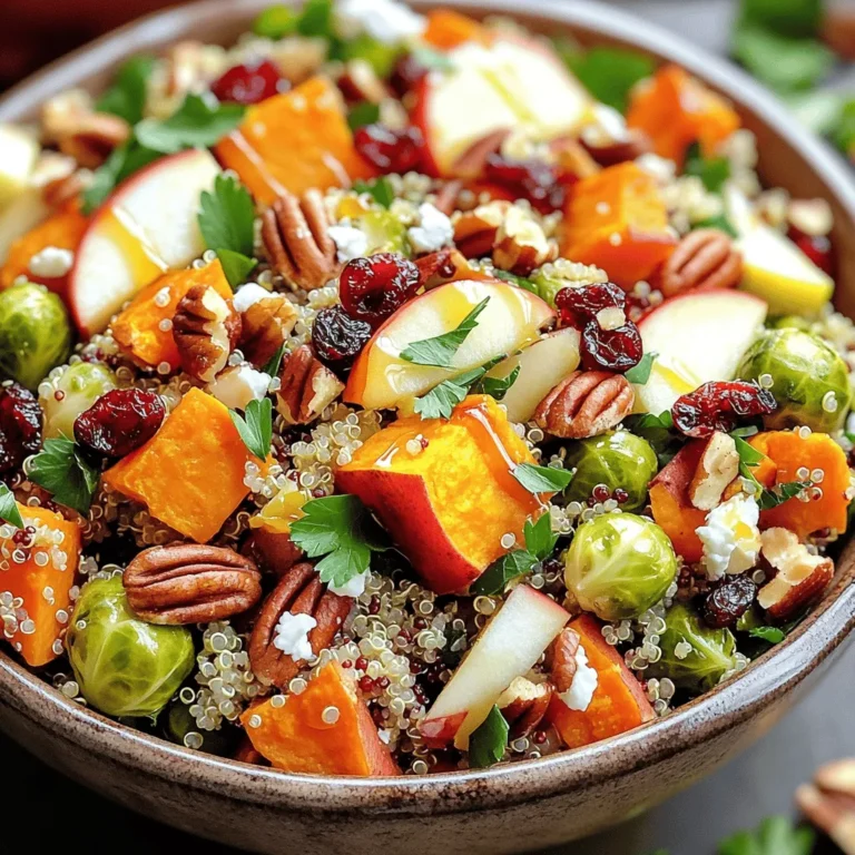 - 1 cup quinoa - 2 cups vegetable broth - 1 medium sweet potato - 1 cup Brussels sprouts - 1 medium apple - ½ cup dried cranberries - ½ cup pecans - 2 tablespoons olive oil - 1 tablespoon maple syrup - 1 teaspoon cinnamon - Salt and pepper to taste - 2 tablespoons feta cheese (optional) To create the Fall Harvest Quinoa Salad, you'll need simple, fresh items. First, choose high-quality quinoa. Quinoa gives this salad a nutty flavor and great texture. Use vegetable broth for cooking the quinoa. This adds depth to the dish. Next, sweet potatoes bring sweet and creamy notes. Their bright color makes the salad pop. Brussels sprouts add crunch and a slight bitterness. You can roast them to enhance their natural sweetness. For extra flavor, include an apple. A tart variety works best. Dried cranberries add a hint of tartness and a chewy texture. Pecans provide a nice crunch. They also add healthy fats. Olive oil is key for roasting the veggies and adding richness. Lastly, season with maple syrup and cinnamon. These ingredients create warmth and sweetness. Adjust the salt and pepper to your taste. If you like cheese, sprinkle feta on top for a salty kick. Follow the [Full Recipe] for detailed steps to combine these ingredients into a delicious meal. - Preheat the oven to 425°F (220°C). - Prepare the baking sheet with parchment paper. First, I like to toss the diced sweet potato and halved Brussels sprouts in a bowl. Add two tablespoons of olive oil, one tablespoon of maple syrup, a teaspoon of cinnamon, salt, and pepper. Mix it all well. Spread the veggies on the prepared baking sheet in a single layer. Roast for 25-30 minutes. The sweet potato should be tender, and the Brussels sprouts should caramelize. Remember to turn them halfway through for even roasting. While the veggies roast, it’s time to cook the quinoa. I bring two cups of vegetable broth to a boil in a medium saucepan. Then, I add one cup of rinsed quinoa. I reduce the heat to low, cover, and simmer. This takes about 15 minutes. The quinoa is ready when it is fluffy and the liquid is absorbed. After cooking, I let it sit for five minutes before fluffing it with a fork. For the complete recipe, you can refer to the [Full Recipe]. To cook quinoa perfectly, rinse it first. This removes a bitter coating called saponin. Use two cups of vegetable broth for every cup of quinoa. Bring the broth to a boil, add the rinsed quinoa, then reduce the heat. Cover and simmer for about 15 minutes. After cooking, let it sit covered for 5 minutes. Fluff it with a fork for a light and airy texture. For roasting vegetables, choose sweet potatoes and Brussels sprouts. Toss them in olive oil, salt, and pepper. Spread them out on a baking sheet. Roast at 425°F (220°C) for 25-30 minutes. Turn them halfway for even caramelization. They should be tender and golden when done. To change the dressing, try balsamic vinegar or a lemon-herb mix. You can also use tahini for a creamy texture. Fresh herbs like thyme and rosemary add depth. For a spicy kick, sprinkle in some red pepper flakes. Adding spices enhances the flavor too. Try using smoked paprika or ground cumin. A hint of nutmeg can bring warmth, especially in fall. For a vegan version, skip the feta cheese. You can also use nutritional yeast for a cheesy flavor. If you need a gluten-free option, quinoa works perfectly. To make it nut-free, switch pecans for sunflower seeds or pumpkin seeds. This keeps the crunch without the nuts. Just be sure to check for allergies when serving. For the full recipe, visit the recipe section of this article. {{image_2}} You can make this salad even more exciting by adding seasonal veggies. Try mixing in pumpkin or roasted beets. These bright colors and flavors will enhance the dish. You could also add fruits like pears or figs. They bring a sweet touch that balances the savory notes. Need a protein kick? You can add grilled chicken for a heartier meal. Chickpeas are another great option. They add texture and protein without meat. For a vegan twist, use tofu or tempeh. Both are easy to cook and soak up flavors well. You can serve this salad warm or cold. It tastes great either way! For a warm dish, serve it right after cooking. For a cold version, let it chill in the fridge for a bit. Pair it with roasted meats or warm soups for a cozy meal. You can also enjoy it as a stand-alone dish. Don't forget to check the Full Recipe for more ideas! To keep your Fall Harvest Quinoa Salad fresh, use airtight containers. Glass or plastic containers work well. Store it in the fridge right after serving. This salad lasts for about 3 to 5 days. Make sure to check for any signs of spoilage before eating. If you have more salad than you can eat, freezing is a great option. First, put the salad in a freezer-safe bag or container. Remove as much air as possible to prevent freezer burn. It can stay in the freezer for up to 3 months. When you are ready to eat it, thaw the salad in the fridge overnight. For the best taste, reheat it gently in the microwave. You can also let it sit at room temperature for a while before serving. Enjoy your delicious meal! You can make this salad more filling by adding protein or grains. Here are some great options: - Grilled chicken: Add diced grilled chicken for extra protein. - Chickpeas: Toss in a cup of canned chickpeas for a plant-based boost. - Tofu: Use cubed, baked tofu for a vegan option. - Extra quinoa: Increase the quinoa amount to give you more volume. - Nuts: Add more pecans or even walnuts for crunch and protein. These additions not only make the salad heartier but also enhance the flavor. Yes, you can use other grains for variety. Some good options include: - Farro: This nutty grain adds a lovely texture. - Barley: Great for a chewy bite and a rich flavor. - Bulgur: Cooks quickly and adds a light, fluffy texture. Feel free to experiment with these grains for a new twist on your salad. To transport this salad for a picnic, follow these tips: - Use an airtight container: This keeps the salad fresh and prevents spills. - Separate wet from dry: Keep the dressing separate until ready to serve. This stops sogginess. - Pack greens at the bottom: If using leafy greens, place them at the bottom to protect other ingredients. - Chill before serving: Keep it cool in a cooler or insulated bag until you are ready to eat. These steps ensure your salad stays fresh and tasty. Yes, you can make this salad ahead of time. Here are some best practices for meal prep: - Make the quinoa and roast vegetables: Prepare these a day in advance and store them in the fridge. - Add fresh ingredients later: Mix in apples and nuts just before serving to keep them crisp. - Dress it before serving: Adding dressing right before serving keeps the salad from getting soggy. This makes it easy to enjoy a healthy meal any day of the week. For the full recipe, check out the [Full Recipe]. In this post, we covered how to make a delicious quinoa salad. You learned about key ingredients, step-by-step cooking, and tips for the best texture and flavor. We also explored variations to fit your tastes and dietary needs. Finally, we shared storing tips and answers to common questions. With this knowledge, you can create a tasty and healthy dish anytime. Enjoy experimenting and making this recipe your own!