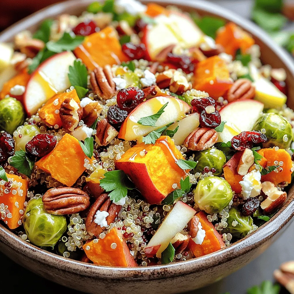 - 1 cup quinoa - 2 cups vegetable broth - 1 medium sweet potato - 1 cup Brussels sprouts - 1 medium apple - ½ cup dried cranberries - ½ cup pecans - 2 tablespoons olive oil - 1 tablespoon maple syrup - 1 teaspoon cinnamon - Salt and pepper to taste - 2 tablespoons feta cheese (optional) To create the Fall Harvest Quinoa Salad, you'll need simple, fresh items. First, choose high-quality quinoa. Quinoa gives this salad a nutty flavor and great texture. Use vegetable broth for cooking the quinoa. This adds depth to the dish. Next, sweet potatoes bring sweet and creamy notes. Their bright color makes the salad pop. Brussels sprouts add crunch and a slight bitterness. You can roast them to enhance their natural sweetness. For extra flavor, include an apple. A tart variety works best. Dried cranberries add a hint of tartness and a chewy texture. Pecans provide a nice crunch. They also add healthy fats. Olive oil is key for roasting the veggies and adding richness. Lastly, season with maple syrup and cinnamon. These ingredients create warmth and sweetness. Adjust the salt and pepper to your taste. If you like cheese, sprinkle feta on top for a salty kick. Follow the [Full Recipe] for detailed steps to combine these ingredients into a delicious meal. - Preheat the oven to 425°F (220°C). - Prepare the baking sheet with parchment paper. First, I like to toss the diced sweet potato and halved Brussels sprouts in a bowl. Add two tablespoons of olive oil, one tablespoon of maple syrup, a teaspoon of cinnamon, salt, and pepper. Mix it all well. Spread the veggies on the prepared baking sheet in a single layer. Roast for 25-30 minutes. The sweet potato should be tender, and the Brussels sprouts should caramelize. Remember to turn them halfway through for even roasting. While the veggies roast, it’s time to cook the quinoa. I bring two cups of vegetable broth to a boil in a medium saucepan. Then, I add one cup of rinsed quinoa. I reduce the heat to low, cover, and simmer. This takes about 15 minutes. The quinoa is ready when it is fluffy and the liquid is absorbed. After cooking, I let it sit for five minutes before fluffing it with a fork. For the complete recipe, you can refer to the [Full Recipe]. To cook quinoa perfectly, rinse it first. This removes a bitter coating called saponin. Use two cups of vegetable broth for every cup of quinoa. Bring the broth to a boil, add the rinsed quinoa, then reduce the heat. Cover and simmer for about 15 minutes. After cooking, let it sit covered for 5 minutes. Fluff it with a fork for a light and airy texture. For roasting vegetables, choose sweet potatoes and Brussels sprouts. Toss them in olive oil, salt, and pepper. Spread them out on a baking sheet. Roast at 425°F (220°C) for 25-30 minutes. Turn them halfway for even caramelization. They should be tender and golden when done. To change the dressing, try balsamic vinegar or a lemon-herb mix. You can also use tahini for a creamy texture. Fresh herbs like thyme and rosemary add depth. For a spicy kick, sprinkle in some red pepper flakes. Adding spices enhances the flavor too. Try using smoked paprika or ground cumin. A hint of nutmeg can bring warmth, especially in fall. For a vegan version, skip the feta cheese. You can also use nutritional yeast for a cheesy flavor. If you need a gluten-free option, quinoa works perfectly. To make it nut-free, switch pecans for sunflower seeds or pumpkin seeds. This keeps the crunch without the nuts. Just be sure to check for allergies when serving. For the full recipe, visit the recipe section of this article. {{image_2}} You can make this salad even more exciting by adding seasonal veggies. Try mixing in pumpkin or roasted beets. These bright colors and flavors will enhance the dish. You could also add fruits like pears or figs. They bring a sweet touch that balances the savory notes. Need a protein kick? You can add grilled chicken for a heartier meal. Chickpeas are another great option. They add texture and protein without meat. For a vegan twist, use tofu or tempeh. Both are easy to cook and soak up flavors well. You can serve this salad warm or cold. It tastes great either way! For a warm dish, serve it right after cooking. For a cold version, let it chill in the fridge for a bit. Pair it with roasted meats or warm soups for a cozy meal. You can also enjoy it as a stand-alone dish. Don't forget to check the Full Recipe for more ideas! To keep your Fall Harvest Quinoa Salad fresh, use airtight containers. Glass or plastic containers work well. Store it in the fridge right after serving. This salad lasts for about 3 to 5 days. Make sure to check for any signs of spoilage before eating. If you have more salad than you can eat, freezing is a great option. First, put the salad in a freezer-safe bag or container. Remove as much air as possible to prevent freezer burn. It can stay in the freezer for up to 3 months. When you are ready to eat it, thaw the salad in the fridge overnight. For the best taste, reheat it gently in the microwave. You can also let it sit at room temperature for a while before serving. Enjoy your delicious meal! You can make this salad more filling by adding protein or grains. Here are some great options: - Grilled chicken: Add diced grilled chicken for extra protein. - Chickpeas: Toss in a cup of canned chickpeas for a plant-based boost. - Tofu: Use cubed, baked tofu for a vegan option. - Extra quinoa: Increase the quinoa amount to give you more volume. - Nuts: Add more pecans or even walnuts for crunch and protein. These additions not only make the salad heartier but also enhance the flavor. Yes, you can use other grains for variety. Some good options include: - Farro: This nutty grain adds a lovely texture. - Barley: Great for a chewy bite and a rich flavor. - Bulgur: Cooks quickly and adds a light, fluffy texture. Feel free to experiment with these grains for a new twist on your salad. To transport this salad for a picnic, follow these tips: - Use an airtight container: This keeps the salad fresh and prevents spills. - Separate wet from dry: Keep the dressing separate until ready to serve. This stops sogginess. - Pack greens at the bottom: If using leafy greens, place them at the bottom to protect other ingredients. - Chill before serving: Keep it cool in a cooler or insulated bag until you are ready to eat. These steps ensure your salad stays fresh and tasty. Yes, you can make this salad ahead of time. Here are some best practices for meal prep: - Make the quinoa and roast vegetables: Prepare these a day in advance and store them in the fridge. - Add fresh ingredients later: Mix in apples and nuts just before serving to keep them crisp. - Dress it before serving: Adding dressing right before serving keeps the salad from getting soggy. This makes it easy to enjoy a healthy meal any day of the week. For the full recipe, check out the [Full Recipe]. In this post, we covered how to make a delicious quinoa salad. You learned about key ingredients, step-by-step cooking, and tips for the best texture and flavor. We also explored variations to fit your tastes and dietary needs. Finally, we shared storing tips and answers to common questions. With this knowledge, you can create a tasty and healthy dish anytime. Enjoy experimenting and making this recipe your own!