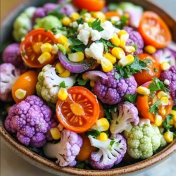 - 1 small head of purple cauliflower, cut into florets - 1 small head of orange cauliflower, cut into florets - 1 small head of green cauliflower (or broccoli), cut into florets - 1 cup cherry tomatoes, halved - 1 cup corn kernels (fresh or frozen) - 1/2 red onion, finely chopped - 1/4 cup chopped fresh parsley - 1/4 cup crumbled feta cheese (optional) - 3 tablespoons olive oil - 2 tablespoons apple cider vinegar - 1 tablespoon honey (or maple syrup) - Salt and pepper to taste - Large pot for blanching - Ice bath bowl - Mixing bowls - Whisk When I make Rainbow Cauliflower Salad, I love to gather fresh ingredients. Each color in this salad brings its own flavor and joy. Purple cauliflower is crunchy and slightly sweet. Orange cauliflower adds a creamy taste. Green cauliflower, or broccoli, offers a fresh bite. I also add cherry tomatoes for a juicy pop, and sweet corn for a hint of sunshine. I like to use red onion for its sharpness. Fresh parsley adds a burst of herbal flavor. If you want, sprinkle some feta cheese on top. It gives a nice creamy touch. For the dressing, I mix olive oil and apple cider vinegar. Honey or maple syrup brings sweetness, while salt and pepper balance the flavors. The dressing ties everything together. You will need some tools too. A large pot helps to blanch the cauliflower. An ice bath bowl cools the cauliflower quickly. Mixing bowls and a whisk make combining the salad easy. This recipe is simple yet delightful. You can find the full recipe [here]. - Blanch cauliflower florets in boiling water for 2-3 minutes. - Transfer to an ice bath to stop cooking. - Drain and pat dry. I love starting with fresh, colorful cauliflower. The blanching step is key. It keeps the bright colors and crunch. When you place them in the ice bath, it halts the cooking. This way, the texture stays just right. - In a large mixing bowl, combine blanched rainbow cauliflower, cherry tomatoes, corn, red onion, and parsley. This is where the magic happens. Mixing these ingredients creates a vibrant dish. Each bite gives a new flavor. The sweet corn pairs well with the tangy tomatoes. The red onion adds a nice bite. - Whisk together olive oil, apple cider vinegar, honey, salt, and pepper. - Pour dressing over salad. Making the dressing is easy and fun. The olive oil and vinegar blend well. The honey adds a touch of sweetness. I always taste it and adjust as needed. - Toss ingredients until well coated. - Optional: sprinkle crumbled feta cheese on top. - Serve immediately or chill for 30 minutes. Once everything is mixed, it’s time to serve. Tossing well ensures every piece is coated. If you like, add feta for a salty kick. This salad tastes fresh right away, but chilling helps the flavors meld. Enjoy this beautiful dish with friends or family! Check out the Full Recipe for more details. When choosing cauliflower, look for heads that are firm and heavy. Fresh cauliflower should have bright colors and no brown spots. Seasonal veggies can add flavor and nutrition. Try to buy local produce when possible. This often means fresher ingredients and better taste. For organic options, check your local farmers’ market or grocery store. Many stores label their produce clearly. Choose organic for more flavor and fewer pesticides. Blanching is key for bright colors and crisp texture. Bring a pot of water to a rolling boil. Add your cauliflower florets, cooking them for just 2-3 minutes. This keeps them vibrant and crunchy. Quickly move them to an ice bath. This stops the cooking process and locks in color. Drain and pat the cauliflower dry with a towel. To avoid overcooking, keep a close eye on the time. You want tender veggies, not mushy ones. To plate the salad, use a large, shallow bowl. Spread the rainbow cauliflower in a colorful pattern. Add the cherry tomatoes and corn in groups for contrast. Sprinkle the parsley on top for a fresh touch. For an extra pop, add edible flowers if you have them. They not only look beautiful but add a hint of flavor. A drizzle of dressing can enhance the look and taste. Serve the salad chilled or at room temperature for the best experience. {{image_2}} You can make Rainbow Cauliflower Salad even more filling by adding proteins. Chickpeas are a great choice. They are easy to mix in and add a nice texture. Shrimp is another option. Cooked shrimp gives the salad a tasty twist. You can also use grilled chicken or tofu for more protein. When you add proteins, you turn this salad into a complete meal. Pair it with whole grains like quinoa or brown rice for extra nutrition. This way, you get a colorful, tasty dish that satisfies your hunger. The dressing can change the flavor of your salad. Try tahini for a creamy, nutty taste. It goes well with the fresh veggies. Lemon vinaigrette is another option. It adds a bright, zesty kick to the dish. For those who prefer vegan or dairy-free options, these dressings work perfectly. A simple olive oil and lemon mix can brighten the salad without any animal products. You can also make a cashew cream dressing for a rich, creamy flavor. Sometimes, you may not find all the ingredients. That’s okay! You can swap cauliflower for broccoli if needed. If you can’t find cherry tomatoes, use regular tomatoes cut into small pieces. Corn can be fresh or frozen, depending on what you have. For a low-carb or keto version, skip the corn and add more leafy greens. Spinach or arugula can give it a fresh taste. These substitutions keep the salad vibrant and full of flavor, no matter what you have on hand. To keep your Rainbow Cauliflower Salad fresh, store it in the fridge right away. Use an airtight container to keep moisture out. This helps the salad stay crunchy and tasty. I suggest using glass containers. They do not stain and are easy to clean. If you add feta cheese, it is best to store it separately. This keeps the cheese from getting soggy. You can freeze some parts of the salad, but not the whole thing. Freeze the cauliflower and corn separately. This way, they hold their texture. To freeze, place them in freezer bags. Remove as much air as possible. When you want to eat them, thaw in the fridge overnight. You can enjoy them cold or warm them up in a pan. When stored properly, your salad will last about 3 to 5 days in the fridge. Keep an eye out for signs of spoilage. If you see any wilting or bad smells, it is time to toss it. Fresh ingredients are key to a tasty salad. Always trust your senses to know when it’s time to say goodbye. For the full recipe, check the main section. Rainbow Cauliflower Salad is packed with vitamins and minerals. Each color of cauliflower brings unique benefits. - Purple cauliflower has antioxidants that help fight disease. - Orange cauliflower is rich in beta-carotene, good for your eyes. - Green cauliflower (or broccoli) is high in fiber and vitamin C. Eating colorful vegetables is key for a balanced diet. They provide a range of nutrients that support overall health. This salad not only looks stunning, but it also helps your body thrive. Yes, you can make this salad ahead of time. I recommend mixing the salad a few hours before serving. This allows the flavors to blend nicely. To keep the salad fresh, store it in an airtight container in the fridge. If you add dressing early, it may make the salad soggy. Instead, store the dressing separately and mix it right before serving. Yes, this salad is naturally gluten-free. Most ingredients do not contain gluten. However, be cautious with dressings. Some store-bought dressings may include gluten. To ensure your salad stays gluten-free, use vinegar and honey that are labeled gluten-free. Always check labels when buying pre-made ingredients. You can find rainbow cauliflower at local farmers' markets or specialty grocery stores. It is often in season during spring and summer. If you can’t find it locally, consider online grocery shopping. Many stores offer delivery options for unique vegetables. This makes it easy to get the ingredients you need. Yes! Adding nuts or seeds gives the salad a nice crunch. Consider using: - Sunflower seeds for a nut-free option. - Almonds or walnuts for a rich flavor. Be mindful of allergies when serving. If you know someone has a nut allergy, stick to seeds. They add crunch without the risk. Rainbow Cauliflower Salad offers a fun, tasty way to enjoy colorful veggies. We learned about key ingredients, simple steps for prep, and how to make a delicious dressing. The salad is easy to customize with proteins and dressings to fit your taste. Remember, using fresh ingredients makes all the difference. Keep leftovers fresh with proper storage, and enjoy your vibrant dish for days. Now, go ahead and experiment with your version of this salad. Your taste buds will thank you!