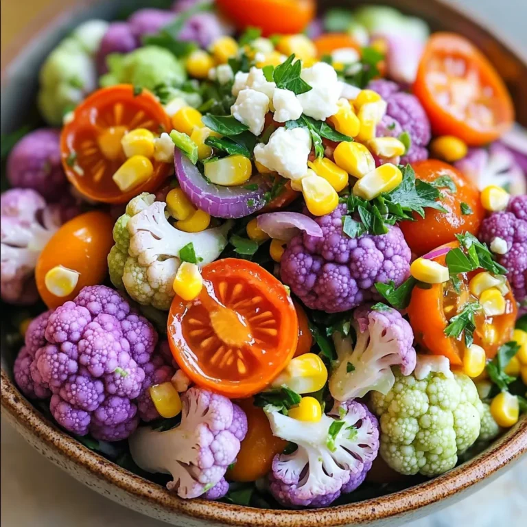 - 1 small head of purple cauliflower, cut into florets - 1 small head of orange cauliflower, cut into florets - 1 small head of green cauliflower (or broccoli), cut into florets - 1 cup cherry tomatoes, halved - 1 cup corn kernels (fresh or frozen) - 1/2 red onion, finely chopped - 1/4 cup chopped fresh parsley - 1/4 cup crumbled feta cheese (optional) - 3 tablespoons olive oil - 2 tablespoons apple cider vinegar - 1 tablespoon honey (or maple syrup) - Salt and pepper to taste - Large pot for blanching - Ice bath bowl - Mixing bowls - Whisk When I make Rainbow Cauliflower Salad, I love to gather fresh ingredients. Each color in this salad brings its own flavor and joy. Purple cauliflower is crunchy and slightly sweet. Orange cauliflower adds a creamy taste. Green cauliflower, or broccoli, offers a fresh bite. I also add cherry tomatoes for a juicy pop, and sweet corn for a hint of sunshine. I like to use red onion for its sharpness. Fresh parsley adds a burst of herbal flavor. If you want, sprinkle some feta cheese on top. It gives a nice creamy touch. For the dressing, I mix olive oil and apple cider vinegar. Honey or maple syrup brings sweetness, while salt and pepper balance the flavors. The dressing ties everything together. You will need some tools too. A large pot helps to blanch the cauliflower. An ice bath bowl cools the cauliflower quickly. Mixing bowls and a whisk make combining the salad easy. This recipe is simple yet delightful. You can find the full recipe [here]. - Blanch cauliflower florets in boiling water for 2-3 minutes. - Transfer to an ice bath to stop cooking. - Drain and pat dry. I love starting with fresh, colorful cauliflower. The blanching step is key. It keeps the bright colors and crunch. When you place them in the ice bath, it halts the cooking. This way, the texture stays just right. - In a large mixing bowl, combine blanched rainbow cauliflower, cherry tomatoes, corn, red onion, and parsley. This is where the magic happens. Mixing these ingredients creates a vibrant dish. Each bite gives a new flavor. The sweet corn pairs well with the tangy tomatoes. The red onion adds a nice bite. - Whisk together olive oil, apple cider vinegar, honey, salt, and pepper. - Pour dressing over salad. Making the dressing is easy and fun. The olive oil and vinegar blend well. The honey adds a touch of sweetness. I always taste it and adjust as needed. - Toss ingredients until well coated. - Optional: sprinkle crumbled feta cheese on top. - Serve immediately or chill for 30 minutes. Once everything is mixed, it’s time to serve. Tossing well ensures every piece is coated. If you like, add feta for a salty kick. This salad tastes fresh right away, but chilling helps the flavors meld. Enjoy this beautiful dish with friends or family! Check out the Full Recipe for more details. When choosing cauliflower, look for heads that are firm and heavy. Fresh cauliflower should have bright colors and no brown spots. Seasonal veggies can add flavor and nutrition. Try to buy local produce when possible. This often means fresher ingredients and better taste. For organic options, check your local farmers’ market or grocery store. Many stores label their produce clearly. Choose organic for more flavor and fewer pesticides. Blanching is key for bright colors and crisp texture. Bring a pot of water to a rolling boil. Add your cauliflower florets, cooking them for just 2-3 minutes. This keeps them vibrant and crunchy. Quickly move them to an ice bath. This stops the cooking process and locks in color. Drain and pat the cauliflower dry with a towel. To avoid overcooking, keep a close eye on the time. You want tender veggies, not mushy ones. To plate the salad, use a large, shallow bowl. Spread the rainbow cauliflower in a colorful pattern. Add the cherry tomatoes and corn in groups for contrast. Sprinkle the parsley on top for a fresh touch. For an extra pop, add edible flowers if you have them. They not only look beautiful but add a hint of flavor. A drizzle of dressing can enhance the look and taste. Serve the salad chilled or at room temperature for the best experience. {{image_2}} You can make Rainbow Cauliflower Salad even more filling by adding proteins. Chickpeas are a great choice. They are easy to mix in and add a nice texture. Shrimp is another option. Cooked shrimp gives the salad a tasty twist. You can also use grilled chicken or tofu for more protein. When you add proteins, you turn this salad into a complete meal. Pair it with whole grains like quinoa or brown rice for extra nutrition. This way, you get a colorful, tasty dish that satisfies your hunger. The dressing can change the flavor of your salad. Try tahini for a creamy, nutty taste. It goes well with the fresh veggies. Lemon vinaigrette is another option. It adds a bright, zesty kick to the dish. For those who prefer vegan or dairy-free options, these dressings work perfectly. A simple olive oil and lemon mix can brighten the salad without any animal products. You can also make a cashew cream dressing for a rich, creamy flavor. Sometimes, you may not find all the ingredients. That’s okay! You can swap cauliflower for broccoli if needed. If you can’t find cherry tomatoes, use regular tomatoes cut into small pieces. Corn can be fresh or frozen, depending on what you have. For a low-carb or keto version, skip the corn and add more leafy greens. Spinach or arugula can give it a fresh taste. These substitutions keep the salad vibrant and full of flavor, no matter what you have on hand. To keep your Rainbow Cauliflower Salad fresh, store it in the fridge right away. Use an airtight container to keep moisture out. This helps the salad stay crunchy and tasty. I suggest using glass containers. They do not stain and are easy to clean. If you add feta cheese, it is best to store it separately. This keeps the cheese from getting soggy. You can freeze some parts of the salad, but not the whole thing. Freeze the cauliflower and corn separately. This way, they hold their texture. To freeze, place them in freezer bags. Remove as much air as possible. When you want to eat them, thaw in the fridge overnight. You can enjoy them cold or warm them up in a pan. When stored properly, your salad will last about 3 to 5 days in the fridge. Keep an eye out for signs of spoilage. If you see any wilting or bad smells, it is time to toss it. Fresh ingredients are key to a tasty salad. Always trust your senses to know when it’s time to say goodbye. For the full recipe, check the main section. Rainbow Cauliflower Salad is packed with vitamins and minerals. Each color of cauliflower brings unique benefits. - Purple cauliflower has antioxidants that help fight disease. - Orange cauliflower is rich in beta-carotene, good for your eyes. - Green cauliflower (or broccoli) is high in fiber and vitamin C. Eating colorful vegetables is key for a balanced diet. They provide a range of nutrients that support overall health. This salad not only looks stunning, but it also helps your body thrive. Yes, you can make this salad ahead of time. I recommend mixing the salad a few hours before serving. This allows the flavors to blend nicely. To keep the salad fresh, store it in an airtight container in the fridge. If you add dressing early, it may make the salad soggy. Instead, store the dressing separately and mix it right before serving. Yes, this salad is naturally gluten-free. Most ingredients do not contain gluten. However, be cautious with dressings. Some store-bought dressings may include gluten. To ensure your salad stays gluten-free, use vinegar and honey that are labeled gluten-free. Always check labels when buying pre-made ingredients. You can find rainbow cauliflower at local farmers' markets or specialty grocery stores. It is often in season during spring and summer. If you can’t find it locally, consider online grocery shopping. Many stores offer delivery options for unique vegetables. This makes it easy to get the ingredients you need. Yes! Adding nuts or seeds gives the salad a nice crunch. Consider using: - Sunflower seeds for a nut-free option. - Almonds or walnuts for a rich flavor. Be mindful of allergies when serving. If you know someone has a nut allergy, stick to seeds. They add crunch without the risk. Rainbow Cauliflower Salad offers a fun, tasty way to enjoy colorful veggies. We learned about key ingredients, simple steps for prep, and how to make a delicious dressing. The salad is easy to customize with proteins and dressings to fit your taste. Remember, using fresh ingredients makes all the difference. Keep leftovers fresh with proper storage, and enjoy your vibrant dish for days. Now, go ahead and experiment with your version of this salad. Your taste buds will thank you!