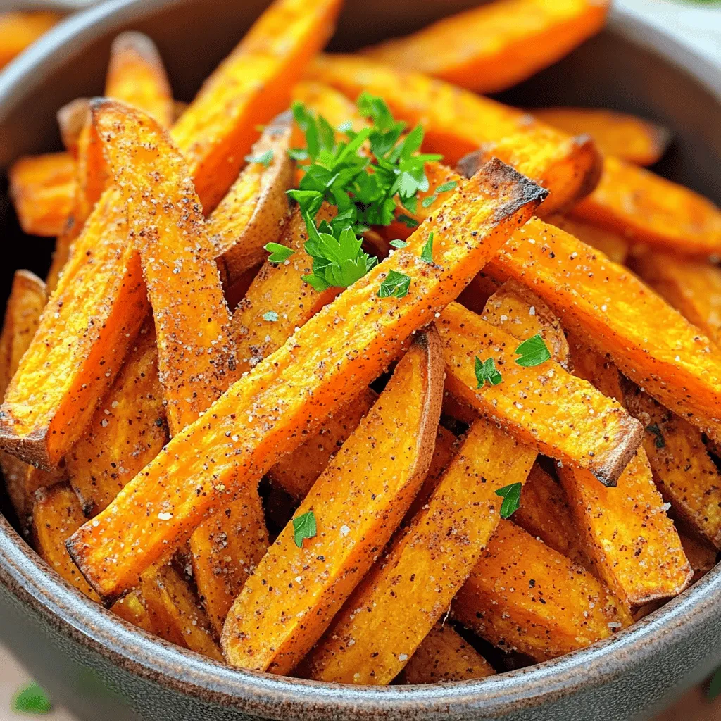 To make crispy air fryer sweet potato fries, gather these simple ingredients: - 2 large sweet potatoes, peeled and cut into thin strips - 2 tablespoons olive oil - 1 teaspoon garlic powder - 1 teaspoon paprika - ½ teaspoon cayenne pepper (optional for heat) - Salt and pepper to taste - Fresh parsley, chopped (for garnish) You can add more flavor to your fries with these extras: - 1 teaspoon onion powder - ½ teaspoon cumin - Fresh herbs like rosemary or thyme - A squeeze of lemon juice for brightness To make your cooking easier, use these tools: - Air fryer for perfect crispiness - Large bowl for mixing ingredients - Knife and cutting board for slicing sweet potatoes - Measuring spoons for accuracy - Clean kitchen towel for drying fries Using these ingredients and tools makes preparing air fryer sweet potato fries fun and straightforward. For the full recipe, check the detailed steps above. Enjoy creating delicious treats! - Soaking sweet potatoes: Start by soaking your sweet potato strips in cold water. Let them soak for at least 30 minutes. This step removes excess starch and helps make the fries crispy. - Drying the fries: Once soaked, drain the sweet potatoes. Use a clean kitchen towel to pat them dry. Getting rid of moisture is key for crispiness. - Preheating the air fryer: Preheat your air fryer to 400°F (200°C). This takes about 5 minutes. Preheating helps the fries cook evenly. - Cooking and shaking the basket: Place the dried sweet potato fries in a single layer in the air fryer basket. Avoid overcrowding for best results. Cook them for 15-20 minutes. Shake the basket every 5 minutes to ensure even cooking. Watch them closely towards the end to prevent burning. - Checking for doneness: Once the fries are golden brown and crispy, they're done! Check them to make sure they're cooked through. - Garnishing sweet potato fries: Remove the fries from the air fryer and serve them hot. Garnish with fresh, chopped parsley for a nice touch. Enjoy your crispy and delicious sweet potato fries! For the full recipe details, check out the entire guide. To make your sweet potato fries crispy, soak the strips in cold water for at least 30 minutes. This soaking removes extra starch, leading to a crunchier texture. After soaking, dry the fries well with a clean towel. The ideal thickness for the fries is about 1/4 inch. Thinner fries cook faster and turn crispier. For tasty fries, use garlic powder and paprika. These spices add great flavor. You can also mix cayenne pepper for some heat. Don't be afraid to experiment! Combine different spices like cumin or cinnamon for unique tastes. Try adding herbs like rosemary or thyme for fresh, earthy notes. One big mistake is overcrowding the air fryer. When fries are too close together, they won't cook evenly. Cook in batches if needed. Another common error is not drying the fries after soaking. Moisture on the fries can lead to sogginess. Always ensure they are dry before tossing with oil and spices. {{image_2}} You can easily change the flavor of your sweet potato fries. For a fresh taste, try adding herbs. Rosemary or thyme works well. Mix chopped herbs into the fries after you coat them with oil and spices. This adds a nice twist. If you want a cheesy bite, grate some Parmesan cheese over the fries. Do this right before you finish cooking. The cheese melts and creates a tasty crust. You can even mix in some garlic for a stronger flavor. A great dip makes fries even better. You can try making a simple garlic aioli. Just mix mayonnaise, minced garlic, and lemon juice. It's creamy and flavorful. For a spicy kick, make a sriracha mayo. Combine mayo with sriracha sauce. This dip adds heat to your fries. If you're looking for healthier options, try yogurt dips. Mix plain Greek yogurt with herbs or spices. This adds flavor without extra calories. Making fries for everyone is easy. For gluten-free options, confirm that your seasonings and dips are gluten-free. Most spices are safe. If you're cooking for vegans, replace any dairy with plant-based options. Use vegan mayo for dips. You can also skip cheese or use a vegan substitute. This way, everyone can enjoy your tasty sweet potato fries! To keep your leftover fries fresh, place them in an airtight container. Make sure they cool down first. Then, store them in the fridge for up to three days. This helps maintain their taste and texture. Avoid stacking them too high; this can make them soggy. For the best results, reheat your fries in the air fryer. Set it to 350°F (175°C) and heat for about 5 to 7 minutes. This method keeps them crispy. Avoid using the microwave because it can make them soft. If you want, you can spritz them with a little olive oil before reheating. If you want to freeze your fries, do it right after cooking. Allow them to cool completely, then spread them in a single layer on a baking sheet. Freeze until solid, then transfer them to a freezer bag. They can last up to three months in the freezer. When ready to eat, cook from frozen in the air fryer for about 20-25 minutes at 400°F (200°C) for crispy results. It takes about 15 to 20 minutes to cook sweet potato fries in an air fryer. You want to set the air fryer to 400°F (200°C). Make sure you shake the basket every 5 minutes. This helps the fries cook evenly and become crisp. Keep an eye on them near the end to avoid burning. Yes, you can use frozen sweet potatoes for this recipe. However, they may not get as crispy as fresh ones. If you choose frozen fries, cook them at the same temperature. You may need to add a few extra minutes to the cooking time. Always check that they are heated through and crisp to your liking. If your sweet potato fries turn out soggy, there are a few things you can do. First, make sure to soak the fries before cooking. This helps remove excess starch. If they are still soggy, try cooking them a bit longer in the air fryer. Shaking the basket often can also help. If you need, add a little more oil to help them crisp up. For future fries, ensure they are dry before cooking. For the full recipe, check the instructions above! In this post, we covered the essentials for making tasty air fryer sweet potato fries. We explored the key ingredients and tools needed, the step-by-step cooking method, and tips for perfect crispiness. We also looked at exciting variations and how to store leftovers. Remember, the right soak time and seasonings make a big difference. With practice, you’ll master this fun dish. Enjoying homemade fries will impress your family and friends. Get cooking and savor each bite!