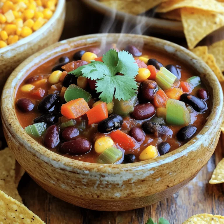 To make a delicious vegetarian three bean chili, you need the following ingredients: - 1 can (15 oz) kidney beans, drained and rinsed - 1 can (15 oz) black beans, drained and rinsed - 1 can (15 oz) pinto beans, drained and rinsed - 1 tablespoon olive oil - 1 onion, finely chopped - 2 cloves garlic, minced - 1 bell pepper (red or green), diced - 2 celery stalks, diced - 2 carrots, diced - 1 can (28 oz) crushed tomatoes - 2 tablespoons tomato paste - 2 cups vegetable broth - 1 tablespoon chili powder - 1 teaspoon cumin - 1 teaspoon smoked paprika - 1/2 teaspoon cayenne pepper (optional, for heat) - Salt and black pepper to taste - Fresh cilantro, for garnish These ingredients bring great flavors and textures to the dish. Each type of bean adds its own unique taste and protein. The vegetables not only add nutrients but also create a lovely base for the chili. The spices give it warmth and depth, making each bite satisfying. For a full recipe, check out the detailed instructions on how to bring this dish together. - Heat 1 tablespoon of olive oil in a large pot over medium heat. - Add 1 finely chopped onion and sauté for 3-4 minutes until clear. - Stir in 2 minced garlic cloves, 1 diced bell pepper, 2 diced celery stalks, and 2 diced carrots. Cook these for 5-7 minutes until they soften. - Next, add 1 can of crushed tomatoes and 2 tablespoons of tomato paste. Mix well to combine. - Pour in 2 cups of vegetable broth and add all three types of beans: 1 can of kidney beans, 1 can of black beans, and 1 can of pinto beans. - Season the mix with 1 tablespoon of chili powder, 1 teaspoon of cumin, 1 teaspoon of smoked paprika, and ½ teaspoon of cayenne pepper, if you like heat. - Stir everything together and bring it to a gentle simmer. Reduce the heat to low and let it cook for 30-35 minutes. Stir it occasionally to keep it from sticking. - Serve the chili warm, garnished with fresh cilantro on top for added taste. - For a complete meal, pair it with cornbread or crunchy tortilla chips. A dollop of sour cream or slices of avocado can make it even better. For the full recipe, check out the ingredients and cooking methods provided earlier. Enjoy your hearty meal! To make your vegetarian three bean chili stand out, focus on spices. You can adjust the chili powder to control the heat. If you want more warmth, add cayenne pepper. For a richer flavor, try adding smoked paprika. Always use fresh ingredients. Fresh onions, peppers, and garlic boost the taste. When chopping vegetables, keep them uniform in size. This helps them cook evenly and adds nice texture. Presentation matters! Serve the chili in rustic bowls for a cozy feel. Top each bowl with fresh cilantro for a pop of color. You can also add a dollop of sour cream or some avocado slices. These toppings not only look good but also add creaminess. Pair your chili with cornbread or tortilla chips. The crunch of the chips contrasts nicely with the chili's warmth. This combination satisfies both the palate and the eyes. Enjoy the full recipe for more details! {{image_2}} To make this chili fully vegan, swap the vegetable broth for water. You can also use a plant-based sour cream on top. If you want extra flavor, try using smoked salt instead of regular salt. This keeps the taste rich and bold while staying plant-based. You can boost the chili's nutrition by adding more veggies. Zucchini and corn work great in this dish. They add texture and sweetness. If you want to switch up the beans, try using chickpeas or lentils. These options add a different taste and can make the chili even heartier. For the full recipe, check out the details above. To store leftover chili, let it cool first. Once cooled, place it in an airtight container. This helps keep the chili fresh. I recommend using glass or BPA-free plastic containers. They seal well and prevent spills. Leftover chili stays good in the fridge for about 3 to 5 days. Always check for signs of spoilage before eating. Freezing chili is a great way to save it for later. To freeze, let the chili cool completely. Then, pour it into freezer-safe bags or containers. Leave some space at the top for expansion. Label the bag or container with the date. You can freeze it for up to 3 months. When you are ready to eat the chili, thaw it overnight in the fridge. Reheat it on the stove over low heat. Stir often to keep it from sticking. You can also microwave it, but stir every minute for even heating. This method helps keep the flavors and texture intact. How long does it take to make vegetarian three-bean chili? Making vegetarian three-bean chili takes about 50 minutes. You will spend 15 minutes prepping. Cooking it will take around 35 minutes. This gives you time to enjoy a hearty meal. Can I make this chili in a slow cooker or Instant Pot? Yes, you can make this chili in both a slow cooker and an Instant Pot. For the slow cooker, cook on low for 6-8 hours. In the Instant Pot, use the manual setting for about 15 minutes. Can I substitute fresh beans for canned? You can use fresh beans, but they need to be cooked first. Dried beans require soaking and longer cooking times. Canned beans are quicker and easier for a fast meal. What if I can't find one of the spices? If you can't find a spice, try using a similar one. For chili powder, you can use paprika with a hint of cayenne. If you are missing smoked paprika, regular paprika will do. Is this recipe gluten-free? Yes, this recipe is naturally gluten-free. All the ingredients are safe for a gluten-free diet. Always double-check your spice labels, just in case. Can I make it less spicy for kids? Absolutely! Simply reduce or omit the cayenne pepper. You can also serve it with toppings like sour cream to cool it down. This blog post outlined how to make a tasty three-bean chili. You learned about the ingredients, preparation, and cooking methods. I shared tips and variations to customize your dish. Storing leftovers and addressing common questions can help you enjoy this chili longer. Remember, cooking is about experimenting and finding what you love. Get creative, and enjoy your chili with friends and family. Your kitchen can bring comfort and joy. Embrace these ideas, and happy cooking!