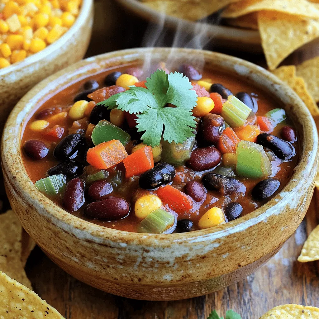 To make a delicious vegetarian three bean chili, you need the following ingredients: - 1 can (15 oz) kidney beans, drained and rinsed - 1 can (15 oz) black beans, drained and rinsed - 1 can (15 oz) pinto beans, drained and rinsed - 1 tablespoon olive oil - 1 onion, finely chopped - 2 cloves garlic, minced - 1 bell pepper (red or green), diced - 2 celery stalks, diced - 2 carrots, diced - 1 can (28 oz) crushed tomatoes - 2 tablespoons tomato paste - 2 cups vegetable broth - 1 tablespoon chili powder - 1 teaspoon cumin - 1 teaspoon smoked paprika - 1/2 teaspoon cayenne pepper (optional, for heat) - Salt and black pepper to taste - Fresh cilantro, for garnish These ingredients bring great flavors and textures to the dish. Each type of bean adds its own unique taste and protein. The vegetables not only add nutrients but also create a lovely base for the chili. The spices give it warmth and depth, making each bite satisfying. For a full recipe, check out the detailed instructions on how to bring this dish together. - Heat 1 tablespoon of olive oil in a large pot over medium heat. - Add 1 finely chopped onion and sauté for 3-4 minutes until clear. - Stir in 2 minced garlic cloves, 1 diced bell pepper, 2 diced celery stalks, and 2 diced carrots. Cook these for 5-7 minutes until they soften. - Next, add 1 can of crushed tomatoes and 2 tablespoons of tomato paste. Mix well to combine. - Pour in 2 cups of vegetable broth and add all three types of beans: 1 can of kidney beans, 1 can of black beans, and 1 can of pinto beans. - Season the mix with 1 tablespoon of chili powder, 1 teaspoon of cumin, 1 teaspoon of smoked paprika, and ½ teaspoon of cayenne pepper, if you like heat. - Stir everything together and bring it to a gentle simmer. Reduce the heat to low and let it cook for 30-35 minutes. Stir it occasionally to keep it from sticking. - Serve the chili warm, garnished with fresh cilantro on top for added taste. - For a complete meal, pair it with cornbread or crunchy tortilla chips. A dollop of sour cream or slices of avocado can make it even better. For the full recipe, check out the ingredients and cooking methods provided earlier. Enjoy your hearty meal! To make your vegetarian three bean chili stand out, focus on spices. You can adjust the chili powder to control the heat. If you want more warmth, add cayenne pepper. For a richer flavor, try adding smoked paprika. Always use fresh ingredients. Fresh onions, peppers, and garlic boost the taste. When chopping vegetables, keep them uniform in size. This helps them cook evenly and adds nice texture. Presentation matters! Serve the chili in rustic bowls for a cozy feel. Top each bowl with fresh cilantro for a pop of color. You can also add a dollop of sour cream or some avocado slices. These toppings not only look good but also add creaminess. Pair your chili with cornbread or tortilla chips. The crunch of the chips contrasts nicely with the chili's warmth. This combination satisfies both the palate and the eyes. Enjoy the full recipe for more details! {{image_2}} To make this chili fully vegan, swap the vegetable broth for water. You can also use a plant-based sour cream on top. If you want extra flavor, try using smoked salt instead of regular salt. This keeps the taste rich and bold while staying plant-based. You can boost the chili's nutrition by adding more veggies. Zucchini and corn work great in this dish. They add texture and sweetness. If you want to switch up the beans, try using chickpeas or lentils. These options add a different taste and can make the chili even heartier. For the full recipe, check out the details above. To store leftover chili, let it cool first. Once cooled, place it in an airtight container. This helps keep the chili fresh. I recommend using glass or BPA-free plastic containers. They seal well and prevent spills. Leftover chili stays good in the fridge for about 3 to 5 days. Always check for signs of spoilage before eating. Freezing chili is a great way to save it for later. To freeze, let the chili cool completely. Then, pour it into freezer-safe bags or containers. Leave some space at the top for expansion. Label the bag or container with the date. You can freeze it for up to 3 months. When you are ready to eat the chili, thaw it overnight in the fridge. Reheat it on the stove over low heat. Stir often to keep it from sticking. You can also microwave it, but stir every minute for even heating. This method helps keep the flavors and texture intact. How long does it take to make vegetarian three-bean chili? Making vegetarian three-bean chili takes about 50 minutes. You will spend 15 minutes prepping. Cooking it will take around 35 minutes. This gives you time to enjoy a hearty meal. Can I make this chili in a slow cooker or Instant Pot? Yes, you can make this chili in both a slow cooker and an Instant Pot. For the slow cooker, cook on low for 6-8 hours. In the Instant Pot, use the manual setting for about 15 minutes. Can I substitute fresh beans for canned? You can use fresh beans, but they need to be cooked first. Dried beans require soaking and longer cooking times. Canned beans are quicker and easier for a fast meal. What if I can't find one of the spices? If you can't find a spice, try using a similar one. For chili powder, you can use paprika with a hint of cayenne. If you are missing smoked paprika, regular paprika will do. Is this recipe gluten-free? Yes, this recipe is naturally gluten-free. All the ingredients are safe for a gluten-free diet. Always double-check your spice labels, just in case. Can I make it less spicy for kids? Absolutely! Simply reduce or omit the cayenne pepper. You can also serve it with toppings like sour cream to cool it down. This blog post outlined how to make a tasty three-bean chili. You learned about the ingredients, preparation, and cooking methods. I shared tips and variations to customize your dish. Storing leftovers and addressing common questions can help you enjoy this chili longer. Remember, cooking is about experimenting and finding what you love. Get creative, and enjoy your chili with friends and family. Your kitchen can bring comfort and joy. Embrace these ideas, and happy cooking!
