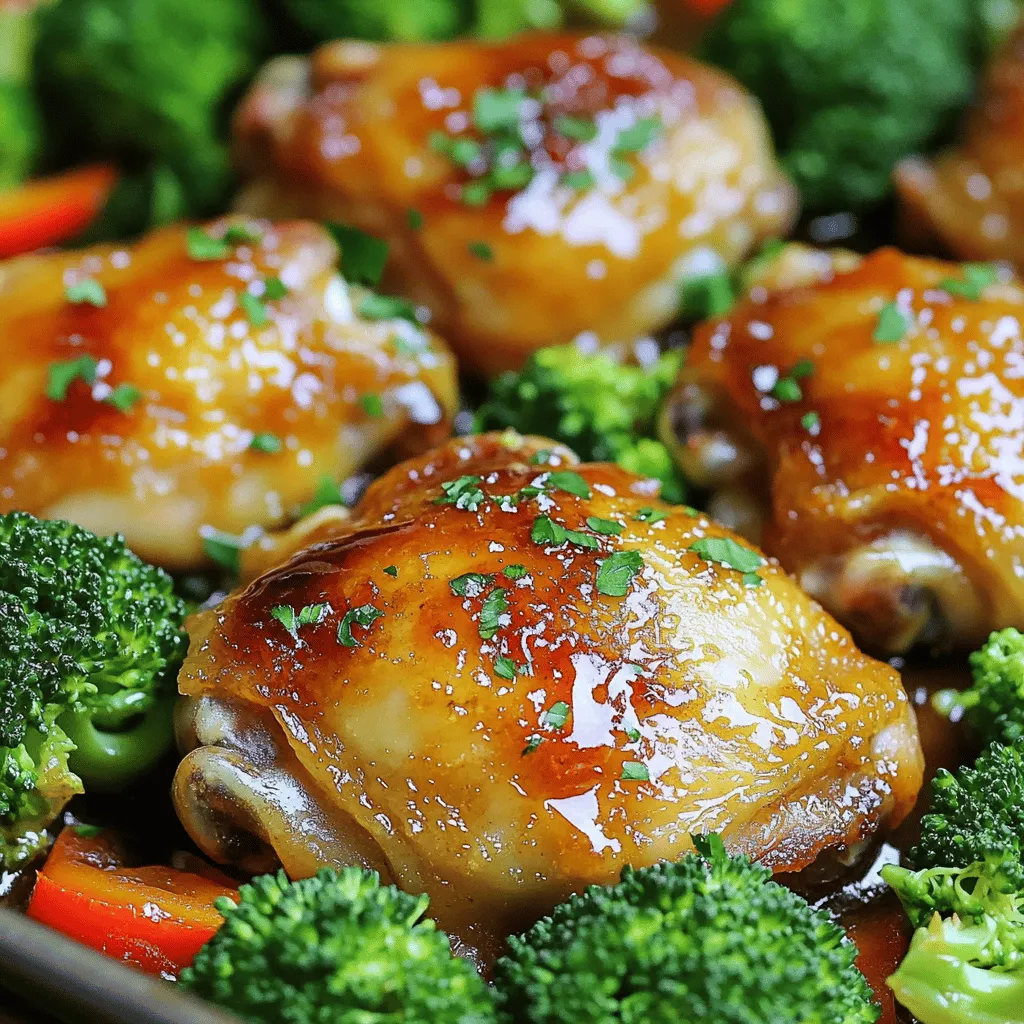 To make One Pan Honey Garlic Chicken, you need a few key ingredients. Here’s the list: - Chicken: bone-in and skin-on chicken thighs - Oils & Seasonings: olive oil, salt, and pepper - Honey & Sauces: honey, soy sauce (or coconut aminos), apple cider vinegar - Aromatics: minced garlic, grated fresh ginger - Vegetables: broccoli florets, red bell pepper, additional options for variety - Garnish: fresh parsley, optional red pepper flakes These ingredients blend to create a dish that sings with flavor. The chicken brings protein, while honey adds sweetness. Garlic and ginger give it a warm kick. The vegetables make it bright and nutritious. This recipe is all about balance. Using fresh veggies not only enhances the taste but adds color to your plate. If you want to learn how to put this all together, check out the Full Recipe. Cooking should be fun and easy, and this dish is a great example of that! 1. Preheat the oven and prepare the skillet Start by preheating your oven to 400°F (200°C). While it warms, grab a large oven-safe skillet. Pour in 2 tablespoons of olive oil and heat it over medium-high heat. 2. Seasoning the chicken thighs Take 4 chicken thighs, bone-in and skin-on. Sprinkle salt and pepper on both sides. This simple step adds great flavor to your chicken. 1. Searing the chicken thighs Once the oil is hot, place the chicken thighs skin-side down in the skillet. Sear them for about 5 to 7 minutes. You want the skin to turn crispy and golden brown. Then, flip the chicken thighs over and lower the heat to medium. 2. Whisking together the honey garlic sauce In a small bowl, mix together 1/2 cup of honey, 4 cloves of minced garlic, 2 tablespoons of soy sauce, 1 tablespoon of apple cider vinegar, and 1 teaspoon of grated fresh ginger. If you like a little heat, add 1/4 teaspoon of red pepper flakes. Drizzle this sauce over the chicken in the skillet. 3. Baking in the oven Add 1 cup of broccoli florets and 1 sliced red bell pepper around the chicken. Make sure the veggies get coated in the sauce. Now, transfer the skillet to your preheated oven. Bake for 20 to 25 minutes. The chicken should reach an internal temperature of 165°F (75°C), and the veggies should be tender. 1. Garnishing and serving suggestions Once the chicken is cooked, take the skillet out of the oven. Let it rest for a few minutes. Spoon some of the sauce over the chicken and veggies. For a fresh touch, sprinkle chopped fresh parsley on top before serving. 2. Adjusting rest time for optimal flavor Letting the chicken rest allows the juices to settle. This makes each bite juicy and full of flavor. Enjoy your delicious, easy dish! To get crispy skin, start by drying the chicken with paper towels. This helps the skin crisp up when searing. Season both sides with salt and pepper. A hot skillet is key. Sear the chicken skin-side down for 5-7 minutes. Flip to cook the other side. Always check the internal temperature; it should reach 165°F (75°C) for safety. You can boost the flavor by adding fresh herbs. Try thyme or rosemary for a fragrant touch. If you want a kick, consider adding a pinch of smoked paprika. For personal taste, swap the soy sauce for coconut aminos. This makes the dish gluten-free and adds a sweet note. Using one pan makes clean-up a breeze. It also lets the flavors mix well. The chicken absorbs the sauce, and the veggies soak up all that goodness. Make sure to use an oven-safe skillet. This way, you can start on the stove and finish in the oven. It’s efficient and keeps everything warm until serving. {{image_2}} To make this dish fit your needs, feel free to swap ingredients. If you need a gluten-free option, use coconut aminos instead of soy sauce. This alternative gives a similar flavor without gluten. For vegetables, you can mix and match based on what you have. Try snap peas, carrots, or asparagus. Each adds a unique taste and color to your meal. Seasonal veggies like zucchini or bell peppers also work well. You can use a slow cooker to make honey garlic chicken. Simply place the chicken and sauce ingredients in the cooker. Set it on low for 6-8 hours or high for 3-4 hours. This method gives you tender chicken with a rich flavor. If you're short on time, an Instant Pot is a great choice. Cook the chicken on high pressure for about 10-12 minutes. Make sure to let the steam release naturally for a juicy result. Pair honey garlic chicken with rice, quinoa, or noodles for a complete meal. These starches soak up the tasty sauce, making each bite delightful. You can also serve it with a simple green salad for a fresh contrast. For meal prep, this dish is a winner. Cook a big batch and divide it into containers. It keeps well in the fridge and is easy to reheat on busy nights. You’ll have a delicious dinner ready in no time! For the full recipe, check out the One Pan Honey Garlic Chicken. To keep your leftover honey garlic chicken fresh, follow these steps: - Refrigeration: Place the chicken in an airtight container. Store it in the fridge for up to 3 days. - Freezing: For long-term storage, wrap the chicken in plastic wrap and foil. Store it in the freezer for up to 3 months. Reheating chicken can be tricky. Here are some tips: - Oven Method: Preheat your oven to 350°F (175°C). Place the chicken in a baking dish. Cover it with foil to keep it moist. Heat for about 15-20 minutes. - Stovetop Method: Heat a skillet over medium heat. Add a splash of water or broth. Cover the skillet and heat for about 8-10 minutes. This helps keep the chicken juicy. - Vegetable Texture: To maintain the crispness of the veggies, add them back to the pan for the last few minutes of reheating. It's important to know how long your food lasts: - Refrigerator Shelf Life: Keep leftover honey garlic chicken in the fridge for no more than 3 days. - Freezer Shelf Life: If frozen, use it within 3 months for the best taste. - Signs of Spoilage: Look for changes in color, smell, or texture. If it smells off or feels slimy, discard it. How do I know when chicken is fully cooked? Chicken is fully cooked when it reaches an internal temperature of 165°F (75°C). Use a meat thermometer to check the thickest part of the chicken. This ensures it's safe to eat. Remember, the juices should run clear, not pink. Can I use boneless chicken instead? Yes, you can use boneless chicken. Boneless thighs or breasts work well. They cook faster, so check them a bit earlier. Adjust cooking time to about 15-20 minutes. What sides go well with honey garlic chicken? Honey garlic chicken pairs nicely with rice, quinoa, or mashed potatoes. You can also serve it with a fresh salad or steamed vegetables. These sides soak up the delicious sauce. Can I double the recipe for a bigger crowd? Absolutely! You can double the recipe. Just make sure your skillet is big enough. If not, use two pans. Adjust cooking time slightly if using more chicken. Is this recipe suitable for meal prep? Yes, this recipe is great for meal prep! It keeps well in the fridge for up to four days. Just store the chicken and veggies in airtight containers. Reheat when you’re ready to eat. What can I use instead of honey? You can use maple syrup or agave nectar if you want a different flavor. Both options add sweetness. They work well in this recipe and keep it tasty. Can I add other vegetables to this dish? Yes, feel free to add other vegetables. Carrots, snap peas, or zucchini are great choices. Just cut them into similar sizes for even cooking. This adds color and more nutrients to your meal. You can make delicious one-pan honey garlic chicken at home with ease. We explored essential ingredients, step-by-step cooking instructions, and handy tips. We also discussed variations and proper storage. With this recipe, you enjoy crispy chicken, flavorful sauce, and minimal cleanup. Remember, you can customize to your taste. Try different veggies or spices to make it your own. This dish is perfect for busy nights or special occasions. Enjoy your cooking journey and savor every bite!