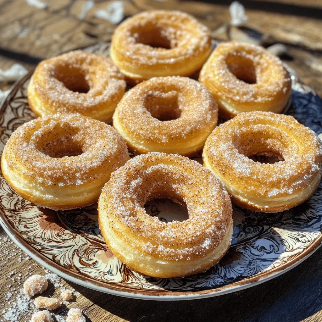 To make baked churro donuts, you will need the following ingredients: - 1 cup all-purpose flour - 1/2 cup granulated sugar - 1 teaspoon baking powder - 1/2 teaspoon ground cinnamon - 1/4 teaspoon salt - 1/2 cup unsweetened applesauce - 1/4 cup milk (dairy or non-dairy) - 1/4 cup melted coconut oil or vegetable oil - 1 teaspoon vanilla extract - 1/4 cup granulated sugar (for coating) - 1 teaspoon ground cinnamon (for coating) If you don’t have some ingredients, don’t worry! Here are some easy swaps: - Flour: Use whole wheat flour for a healthier option, or gluten-free flour for a gluten-free version. - Applesauce: You can use mashed banana or yogurt in its place. - Milk: Any milk works. Try almond milk or oat milk if you prefer non-dairy. - Oil: You can use melted butter instead of oil for a richer taste. To elevate the flavors in your churro donuts, consider these tips: - Quality Cinnamon: Use Ceylon cinnamon for a sweeter, more complex flavor. - Vanilla Extract: Opt for pure vanilla extract over imitation for a nice aroma. - Fresh Ingredients: Always use fresh baking powder for the best rise and texture. - Toppings: Add a pinch of nutmeg to the sugar coating for a warm spice kick. These ingredient tips will help you create delicious churro donuts that are simple yet full of flavor. For the full details, check out the Full Recipe. Start by preheating your oven to 350°F (175°C). Grab your donut pan and spray it with non-stick spray. In a large bowl, whisk together the flour, 1/2 cup sugar, baking powder, 1/2 teaspoon cinnamon, and salt. Mix well until everything is combined. In another bowl, blend the applesauce, milk, melted coconut oil, and vanilla extract until smooth. Now, add the wet mix to the dry mix. Stir gently until combined, but don’t overmix. Next, transfer the batter to a piping bag or a ziplock bag with a corner cut off. Fill each donut cavity about 2/3 full. Place your filled donut pan in the oven and bake for 10-12 minutes. The donuts should turn lightly golden. To check if they are done, insert a toothpick. If it comes out clean, they are ready. After baking, let the donuts cool in the pan for 5 minutes. Then, transfer them to a wire rack to cool completely. While the donuts cool, make the coating. Mix the remaining 1/4 cup sugar and 1 teaspoon cinnamon in a shallow bowl. Once the donuts are warm, roll each one in the cinnamon sugar mixture. Make sure they are fully coated. This step adds that delicious churro flavor. Serve them warm and enjoy your baked churro donuts! For the complete process, check the Full Recipe. To get the best texture in your baked churro donuts, start with the right flour. Use all-purpose flour for a light and fluffy base. Measure your flour correctly by spooning it into the cup, then leveling it off. This helps avoid dense donuts. Mix your wet and dry ingredients until just combined. Overmixing can make them tough. Also, cool the donuts slightly before coating for a nice, crispy outer layer. One common mistake is filling the donut pan too much. Fill each cavity about 2/3 full. This allows them to rise without spilling over. Another mistake is not checking the baking time. Keep an eye on them, as ovens vary. Use a toothpick to test doneness. If it comes out clean, they are ready. Lastly, don’t skip the cooling step. Let them cool for a few minutes before rolling in the sugar mix. Want to take your churro donuts up a notch? Consider adding chocolate chips or chopped nuts to the batter. They add extra flavor and texture. You can also swap the vanilla extract for almond extract for a nutty twist. For a spicy kick, try adding a pinch of cayenne pepper to the sugar coating. These small changes can make your churro donuts even more exciting. For the complete recipe, check out the full recipe section. {{image_2}} You can switch up the flavor of your baked churro donuts easily. Try adding chocolate or matcha for a fun twist. For a chocolate version, mix in cocoa powder. Use about 1/4 cup of cocoa with the flour. This gives your donuts a rich, chocolatey taste. For matcha, replace 2 tablespoons of flour with matcha powder. This adds a unique green tea flavor and a lovely color. You can make these churro donuts gluten-free. Use gluten-free all-purpose flour instead of regular flour. This way, everyone can enjoy them. If you want to reduce sugar, try using a sugar substitute. Just check the package for the right amount to use. For a vegan version, swap the milk for plant-based milk and use flaxseed eggs instead of regular eggs. These donuts taste great with various dips and toppings. Serve them with chocolate sauce or dulce de leche for an extra treat. You can also sprinkle some crushed nuts on top for a crunchy texture. For a fresh twist, add a drizzle of caramel sauce or a dusting of powdered sugar. Enjoy them warm for the best flavor! You can find the full recipe for these delightful baked churro donuts in the previous section. To keep your baked churro donuts fresh, store them in an airtight container. A good option is to use a plastic container or a resealable bag. This helps keep air out and moisture in. Avoid stacking the donuts to prevent them from sticking together. If you want to keep them for a longer time, you can freeze them. Wrap each donut tightly in plastic wrap and then place them in a freezer bag. Baked churro donuts can last about 3 to 4 days at room temperature. If you store them in the fridge, they will stay fresh for about a week. In the freezer, they can last for up to 2 months. Just remember to label your bags with the date so you know when you made them! For the best taste, reheat your donuts in the oven. Preheat your oven to 350°F (175°C). Place the donuts on a baking sheet and warm them for about 5 to 10 minutes. This will bring back their softness and flavor. You can also microwave them, but be careful not to overheat. Heat for just 10-15 seconds at a time. Enjoy them warm for the full churro experience! For the full recipe, check the detailed instructions. Yes, you can make these donuts ahead of time. Just bake them and let them cool. Store them in an airtight container. They will stay fresh for about two days. For best taste, roll them in cinnamon sugar just before serving. If you need a substitute for applesauce, try mashed bananas. You can also use yogurt or pumpkin puree. Each option will give your donuts a unique flavor. Just keep the same amount as the recipe calls for. You can find baked churro donuts at many bakeries. Some grocery stores also sell them fresh. If you're lucky, you may spot them at local food markets or fairs. For the best taste, try making them at home with the full recipe. Baked churro donuts are lighter and less oily than fried ones. The baking method uses less fat, making them a healthier choice. Fried churro donuts are crispier and richer due to the oil. Each has its charm, but baked is easier to make at home. In this post, we explored the key ingredients, step-by-step instructions, and helpful tips for making delicious baked churro donuts. We learned how to enhance flavors and avoid common mistakes. You can create fun variations based on taste and dietary needs. Remember to store them properly to keep them fresh. With this guide, you're ready to bake. Enjoy your tasty treats and share them with friends. Happy baking!