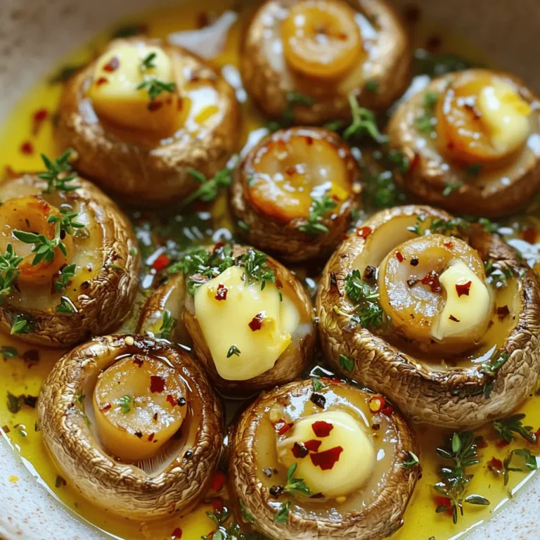 - 500g baby bella mushrooms - 4 tablespoons unsalted butter - 1 whole bulb of garlic - Fresh herbs: parsley and thyme - Crushed red pepper flakes - Salt and pepper - Zest of 1 lemon - You can use other mushroom types like cremini or shiitake. - Vegan butter works great for a dairy-free option. - Try herbs like rosemary or oregano for different flavors. When I make roasted garlic butter mushrooms, I love using baby bella mushrooms. They have a rich flavor that pairs well with garlic. The butter adds creaminess, and the garlic infuses the dish with warmth. Fresh herbs like parsley and thyme bring a bright touch. For seasoning, I sprinkle some red pepper flakes for a hint of heat. Adding salt and pepper enhances the taste. A splash of lemon zest brightens the mix. If you want to switch things up, consider different mushrooms. Cremini or shiitake will work well. For a vegan twist, swap in vegan butter. You can also use rosemary or oregano to change the dish's flavor. This dish is simple but packed with flavor. You can find the full recipe linked above to dive deeper into the details! First, we need to preheat the oven. Set it to 400°F (200°C). This temperature helps the mushrooms roast well. Next, let’s melt the butter. Use a medium saucepan and place it on low heat. Add the garlic cloves to the melted butter. Let them simmer for about 10 minutes. This step softens the garlic and infuses the butter with flavor. Remove it from the heat when done. Now, grab a large mixing bowl. Add in the cleaned baby bella mushrooms. Pour the melted garlic butter over the mushrooms, including the garlic cloves. Then, sprinkle in the fresh parsley, thyme, and crushed red pepper flakes if you want some heat. Don’t forget the lemon zest, salt, and pepper. Toss everything together. Make sure the mushrooms are evenly coated. This ensures each bite is full of flavor. Take a baking sheet and line it with parchment paper. Spread the mushrooms and any garlic cloves in a single layer. This helps them cook evenly. Now it’s time to roast. Place the baking sheet in your preheated oven. Roast for 25 to 30 minutes. Halfway through, give the mushrooms a stir. This ensures they brown nicely. Once they turn golden brown and are tender, they are ready. Enjoy your roasted garlic butter mushrooms as a tasty side or snack. For the full recipe, check out the details above. To make your roasted garlic butter mushrooms even tastier, think about adding some spices. Here are a few great options: - Fresh rosemary: Adds a fragrant touch. - Smoked paprika: Gives a subtle smokiness. - Cumin: Offers a warm, earthy flavor. You can also boost the dish by adding proteins or veggies. Try: - Grilled chicken: For a hearty meal. - Shrimp: It cooks quickly and pairs well. - Spinach: Adds color and nutrition. Getting the perfect roast on your mushrooms is key. Here are some tips: - Roast them at 400°F (200°C) for great results. - Spread them out on the baking sheet. This helps them brown nicely. - Stir halfway through roasting for even cooking. When it comes to herbs, fresh is best. Use fresh herbs for bright flavors. Dried herbs can work, but they may not be as vibrant. Roasted garlic butter mushrooms pair well with many dishes. Here are some ideas: - Pasta: Toss them with your favorite noodles. - Steak: Serve them beside a juicy cut for a gourmet touch. - Risotto: They add depth to creamy risotto. For a beautiful presentation, use a shallow bowl. Drizzle any leftover garlic butter over the mushrooms. Garnish with extra parsley and a sprinkle of lemon zest. This makes the dish look fresh and inviting. {{image_2}} You can change the taste of your roasted garlic butter mushrooms by adding different herbs. For a garlic herb blend, try rosemary, basil, or sage. These herbs bring a fresh twist to the dish. You can also sprinkle some grated cheese, like Parmesan, on top before serving. The cheese melts into the mushrooms, adding creaminess and flavor. If you follow a keto diet, you can skip the lemon zest or use less butter. This keeps the dish low in carbs while still packing flavor. For those who need gluten-free options, rest easy! This recipe is naturally gluten-free. Just ensure that any added ingredients, like cheese, are also gluten-free. You don't always need an oven to cook these mushrooms. You can use a stovetop method. Just melt the butter in a pan, add the garlic, and then toss in the mushrooms. Cook until they are golden and tender. Alternatively, grilling adds a nice smoky flavor. Just toss the mushrooms and garlic butter in a grill-safe pan or foil. Grill for about 10-15 minutes to get that charred taste. For the full recipe, check out Garlic Bliss Roasted Mushrooms. After enjoying your roasted garlic butter mushrooms, you may have leftovers. To keep them fresh, let them cool to room temperature. Place the mushrooms in an airtight container. I recommend using glass or plastic containers with tight lids. These will keep moisture in but prevent odors from escaping. Store them in the fridge for up to three days. If you want to save your mushrooms for later, you can freeze them. First, let the mushrooms cool completely. Next, spread them on a baking sheet in a single layer. Freeze them for about two hours. This helps keep them from sticking together. After that, transfer the mushrooms to a freezer-safe bag or container. They can last for up to three months in the freezer. When ready to eat, thaw them in the fridge overnight. Reheat them gently on the stove or in the microwave until warm. To enjoy the best flavor, eat your roasted mushrooms within three days. Check for freshness by looking for any changes in color or texture. If they feel slimy or have a sour smell, it’s time to toss them. Always trust your senses; they help you know when food is no longer safe to eat. Keeping an eye on these signs ensures your mushrooms stay tasty and safe. For more details, check the Full Recipe. To make roasted garlic butter mushrooms, follow these steps. First, preheat your oven to 400°F (200°C). Next, melt butter in a pan and add garlic cloves. Let them simmer for ten minutes. This step infuses the butter with garlic flavor. In a bowl, mix cleaned baby bella mushrooms with the melted garlic butter, fresh herbs, salt, and pepper. Toss well to coat. Spread the mushrooms on a baking sheet and roast for 25 to 30 minutes. Stir halfway for even cooking. This method gives you tender, flavorful mushrooms. Yes, you can use different mushrooms. Here are some great options: - Cremini mushrooms - White button mushrooms - Shiitake mushrooms - Portobello mushrooms, cut into pieces These varieties work well with the garlic butter. Each type offers its own unique taste and texture. Roasted garlic butter mushrooms pair well with many dishes. Here are some ideas: - Serve with grilled chicken or steak for a hearty meal. - Add to pasta dishes for a rich flavor. - Use as a topping on toasted bread for a tasty appetizer. - Pair with a fresh salad for a light side. These options enhance the mushrooms and create a balanced meal. In this blog post, I covered roasting garlic butter mushrooms from start to finish. You learned about the key ingredients, like baby bella mushrooms and fresh herbs, along with helpful tips for perfect roasting. I also shared variations and storage methods for your leftovers. Remember, these mushrooms can elevate many dishes and impress your guests. Try out different herbs or spices to tailor the flavor to your taste. Enjoy your cooking adventure!