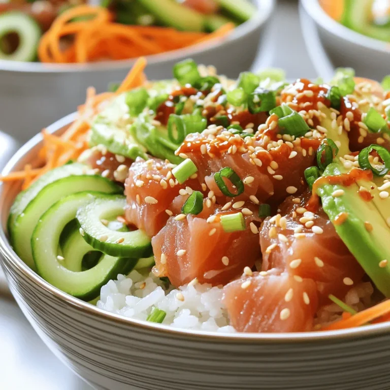 To make spicy tuna sushi bowls, you need key ingredients that pack flavor. Here’s what you will need: - 1 cup sushi rice - 1 ¼ cups water - 1 tablespoon rice vinegar - 1 teaspoon sugar - ½ teaspoon salt - 8 ounces sushi-grade tuna, diced - 2 tablespoons sriracha sauce - 1 tablespoon mayonnaise (preferably Kewpie) - 1 avocado, sliced - 1 small cucumber, julienned - 1 carrot, spiralized or julienned - 2 green onions, chopped - 1 tablespoon sesame seeds - Seaweed sheets, cut into strips for garnish - Soy sauce, for serving These items create a delicious base for your sushi bowl. The sushi rice is sticky and soft, perfect for holding the toppings. The tuna brings a fresh taste, while the sriracha and mayonnaise add a spicy kick. You can add extra elements for more flavor and color. Here are a few ideas: - Pickled ginger for a tangy bite - Wasabi for heat - Extra sesame seeds for crunch - Radishes, thinly sliced for freshness Feel free to get creative! These garnishes can elevate your dish and make it more visually appealing. Each ingredient offers various health benefits. Here are some highlights: - Sushi rice provides carbohydrates for energy. - Tuna is high in protein and omega-3 fatty acids, which are good for heart health. - Avocado is rich in healthy fats and fiber, promoting good digestion. - Cucumbers and carrots add crunch and are low in calories. By using these fresh ingredients, you not only create a tasty meal but also a healthy one. Enjoy the flavors and the nutrition in every bite! First, rinse the sushi rice in cold water. This step helps remove extra starch. Keep rinsing until the water runs clear. Next, place the rinsed rice in a medium saucepan. Add 1 ¼ cups of water to the rice. Bring it to a boil over high heat. Once it boils, lower the heat, cover the pot, and let it simmer for 15 minutes. The rice will absorb the water during this time. After 15 minutes, take the rice off the heat. Let it sit covered for an extra 10 minutes. This resting time helps the rice become fluffy. Then, mix rice vinegar, sugar, and salt in a small bowl. If needed, warm it in the microwave to dissolve the sugar. Fluff the rice with a fork, and drizzle the vinegar mixture over it. Gently fold the mixture into the rice until it's well-seasoned. Set the rice aside to cool. In a separate bowl, combine the diced sushi-grade tuna, sriracha sauce, and mayonnaise. I prefer Kewpie mayonnaise for its rich flavor. Mix well to coat the tuna with the spicy sauce evenly. You can adjust the sriracha to suit your spice level. If you want more heat, add a little more. This mixture is the star of the bowl and gives it a tasty kick. Now, it's time to put everything together. Take serving bowls and divide the seasoned sushi rice into each bowl. Next, top the rice with a generous amount of the spicy tuna mixture. Then, add slices of avocado, julienned cucumber, and carrot on top. Don't forget to sprinkle chopped green onions and sesame seeds for extra flavor and crunch. Finally, garnish the bowls with strips of seaweed. Serve with soy sauce on the side for dipping. Enjoy your delicious creation! For a full recipe, check the complete details above. When picking sushi-grade tuna, look for bright red color. The fish should smell fresh, not fishy. Try to find tuna from trusted fish markets. Ask for sushi-grade to ensure safety. You want tuna that feels firm to the touch. Avoid any tuna that looks dull or has brown spots. Make sure to rinse the rice well. This removes extra starch and helps with texture. Cook the rice until it absorbs all the water. After cooking, let it sit covered for ten minutes. This step makes the rice fluffy. Drizzle the vinegar mixture over the rice gently. This adds flavor and keeps the rice from clumping. Serve your spicy tuna sushi bowls in pretty bowls. This makes the dish more inviting. You can add more toppings like pickled ginger or wasabi. Each bite can be a burst of flavor. Try to use colorful veggies for garnish. A pop of color makes the meal more exciting. For a fun twist, serve with crispy seaweed chips. Enjoy your delicious, homemade spicy tuna sushi bowls! {{image_2}} If you want a vegetarian or vegan option, try using tofu. Firm tofu works best. Just press it to remove extra water, then cube it. Marinate the tofu in soy sauce, sesame oil, and a touch of sriracha for flavor. You can also use chickpeas for a protein boost. Mash them lightly and mix with sriracha and mayo for a creamy texture. Serve it on sushi rice with your favorite veggies. You can change the flavor of the tuna mix easily. Swap sriracha for wasabi for a spicy kick. Try adding mango or pineapple for a sweet contrast. You can also mix in sesame oil for a nutty taste. If you like citrus, add lime juice or zest. Each change gives the dish a new twist, making it exciting every time. Feel free to swap ingredients based on your needs. If you’re gluten-free, use tamari instead of soy sauce. For a low-carb option, substitute rice with cauliflower rice. You can choose different veggies too, like bell peppers or radishes. This keeps the bowl fresh and tailored to your taste. Remember, the full recipe gives you the base, but you can customize it your way. After making spicy tuna sushi bowls, you may have leftovers. Store sushi rice in an airtight container in the fridge. It lasts about three days. Keep the spicy tuna mixture in a separate container. Use it within two days for the best taste. Avocado slices brown quickly, so use them fresh. If you have leftover cucumber or carrot, store them in the fridge too. When you reheat sushi rice, keep it moist. Add a splash of water to the rice before microwaving. Cover it with a damp paper towel. Heat in short bursts, checking every 20 seconds until warm. This keeps the rice soft and fluffy. Avoid reheating it too long, as it can become dry. You can freeze some parts of the sushi bowl. Sushi rice can go into a freezer-safe bag. Flatten the bag to freeze it faster. It can last up to a month. The spicy tuna mixture also freezes well. Thaw it overnight in the fridge before using. However, avoid freezing fresh avocado or cucumber, as they do not freeze well. The best type of tuna for sushi bowls is sushi-grade tuna. This means it is safe to eat raw. Look for yellowfin or bluefin tuna. These types have great flavor and texture. Always check for freshness. The fish should smell clean, not fishy. It should also have a bright, vibrant color. Yes, you can make spicy tuna sushi bowls ahead of time. You can prepare the sushi rice and spicy tuna mix in advance. Store them separately in the fridge. This way, the rice stays fresh and does not get soggy. You can also cut the vegetables ahead of time. Just keep them in airtight containers. When ready to eat, assemble the bowls with the ingredients. You can order spicy tuna sushi bowls at many sushi restaurants. Look for places that focus on fresh, high-quality ingredients. Many sushi bars and Asian fusion restaurants offer this dish. You can also check food delivery apps. They often list nearby restaurants that serve sushi bowls. This blog post covered ingredients, steps, tips, variations, and storage for spicy tuna sushi bowls. You learned how to pick quality tuna and prepare delicious rice. The tips enhance flavor and texture. I shared alternatives for different diets, so everyone can enjoy. You can make this dish your own while keeping it healthy. Enjoy making your sushi bowls fresh and tasty!