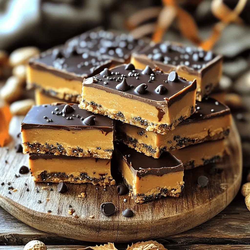 To make these no bake peanut butter chocolate bars, you need just a few simple ingredients. Each one plays a key role in creating a tasty treat. Here’s what you’ll need: - 1 cup natural peanut butter - 1/2 cup honey or maple syrup - 2 cups rolled oats - 1/2 cup chocolate chips (dark or semi-sweet) - 1/4 cup chia seeds (optional for added nutrition) - 1/2 teaspoon vanilla extract - Pinch of salt Natural peanut butter gives a rich taste and creamy texture. Honey or maple syrup adds sweetness and helps bind the mix. Rolled oats provide a hearty base and a chewy bite. Chocolate chips make every bar a little more decadent. Chia seeds boost nutrition but are totally optional. Vanilla adds warmth, while salt enhances all the flavors. Using these ingredients, you can whip up a batch quickly. I love how easy it is to find them in any kitchen. For the full recipe, check out the cooking steps I’ve laid out! 1. Combining peanut butter and sweetener: Start by taking a large mixing bowl. Add 1 cup of natural peanut butter. Then, add either 1/2 cup of honey or maple syrup. Mix these two until the mixture is smooth and creamy. This step is key. A good mix ensures the flavors blend well. 2. Mixing in other ingredients: Next, add 1/2 teaspoon of vanilla extract and a pinch of salt. Stir these in well. Then, gradually fold in 2 cups of rolled oats. If you want, you can add 1/4 cup of chia seeds for more nutrition. Finally, toss in 1/2 cup of chocolate chips. Mix until all the ingredients are combined. You want everything to be evenly spread out. 3. Preparing the baking dish: Take an 8-inch square baking dish. Line it with parchment paper, leaving some extra paper hanging over the sides. This will help you lift the bars out later. Pour your mixture into this dish. Spread it out evenly. Use a spatula to pack it down firmly. This helps the bars hold their shape. 1. Refrigeration time: Place the baking dish in the fridge. Let it chill for about 1-2 hours. This time helps the bars firm up. The longer you chill, the easier it will be to slice. 2. Slicing the bars: Once chilled, carefully lift the mixture out of the dish using the parchment paper. Place it on a cutting board. Use a sharp knife to cut it into bars. You can choose the size you like best. 3. Presentation tips: For a fun look, serve these bars wrapped in parchment paper. This gives a homemade touch. You can also stack them on a plate. Drizzle some melted chocolate on top for a fancy finish. Enjoy your delicious no bake peanut butter chocolate bars! To get the right texture, start with the peanut butter. Use natural peanut butter without added sugars or oils. It should be creamy but not too runny. If it’s too thick, the bars may be hard to mix. Next, let’s talk about chilling time. After you mix your ingredients, chill the mixture for at least 1-2 hours. This step is key. Chilling helps the bars firm up. If you skip this, the bars may fall apart when you cut them. You can make your bars even better by adding spices or extracts. A touch of cinnamon or a hint of nutmeg can add warmth. A few drops of almond extract can also bring a nice twist. Consider trying different types of chocolate too. Dark chocolate brings rich flavor, while semi-sweet chocolate offers a balanced taste. You might even mix in white chocolate for a fun effect. Get creative and find the flavor that makes your taste buds happy! For the full recipe, check out the recipe section. {{image_2}} If you have nut allergies, you can still enjoy this treat. Just swap out the peanut butter for sunflower seed butter. This change keeps the bars creamy and tasty. Sunflower seed butter has a similar texture to peanut butter. It will still mix well with honey or maple syrup. Plus, it adds a unique flavor. Want a vegan treat? Simply use maple syrup instead of honey. For chocolate, pick dairy-free chocolate chips. These swaps make the bars plant-based and still delicious. You won’t lose any flavor or texture. The maple syrup gives a nice, sweet taste. If you need gluten-free bars, it’s easy! Just choose certified gluten-free oats. Many brands offer oats that are safe for gluten-free diets. This way, you can enjoy this sweet snack without worry. The bars will still hold together well and taste amazing. For the full recipe, check out the [Full Recipe]. To keep your no bake peanut butter chocolate bars fresh, store them in an airtight container. This helps prevent them from drying out or absorbing other smells from your fridge. You can place parchment paper between layers if stacking them. You can refrigerate these bars for short-term storage. They stay good for about a week this way. If you want to keep them longer, freeze them. Just wrap each bar tightly in plastic wrap before placing them in a freezer-safe bag. This keeps them fresh for up to three months. These delicious bars will last about a week in the fridge if stored properly. In the freezer, they last up to three months. Keep an eye out for signs of spoilage. If you see mold, or if they smell off, it's best to toss them out. Also, if the texture changes and they feel overly dry or hard, it's time to say goodbye. For the full recipe, check out the details shared earlier! To make these bars, start by mixing peanut butter and honey in a bowl. The mix should be smooth and creamy. Next, stir in the vanilla extract and a pinch of salt. Then, fold in the rolled oats, chocolate chips, and chia seeds. This step is key for flavor and texture. Line an 8-inch baking dish with parchment paper for easy removal. Pour the mixture into the dish and pack it down firmly. Chill it in the fridge for 1-2 hours until set. After chilling, cut the bars into pieces. Enjoy your tasty treat! Yes, you can use different sweeteners. Maple syrup is a great option if you want a vegan choice. You can also try agave nectar for a milder taste. If you prefer a sugar substitute, stevia or monk fruit sweetener works well too. Just make sure to adjust the amount based on sweetness level. Each sweetener can change the taste a bit, but they all work with the recipe. You can tell when the bars are ready by checking their firmness. They should be firm to the touch but still slightly soft. If they hold their shape when you cut them, they're good to go. The bars need to chill for at least 1-2 hours. If they feel too soft, give them more time in the fridge. Once set, they will be easy to slice and enjoy! These no-bake peanut butter chocolate bars offer a quick and tasty treat. We covered simple ingredients like natural peanut butter and oats, plus easy steps for making and chilling. You can customize with nut-free, vegan, or gluten-free options. Storing them right keeps them fresh longer. Enjoy experimenting with flavors. With these tips, you’ll create something delicious. Happy cooking!