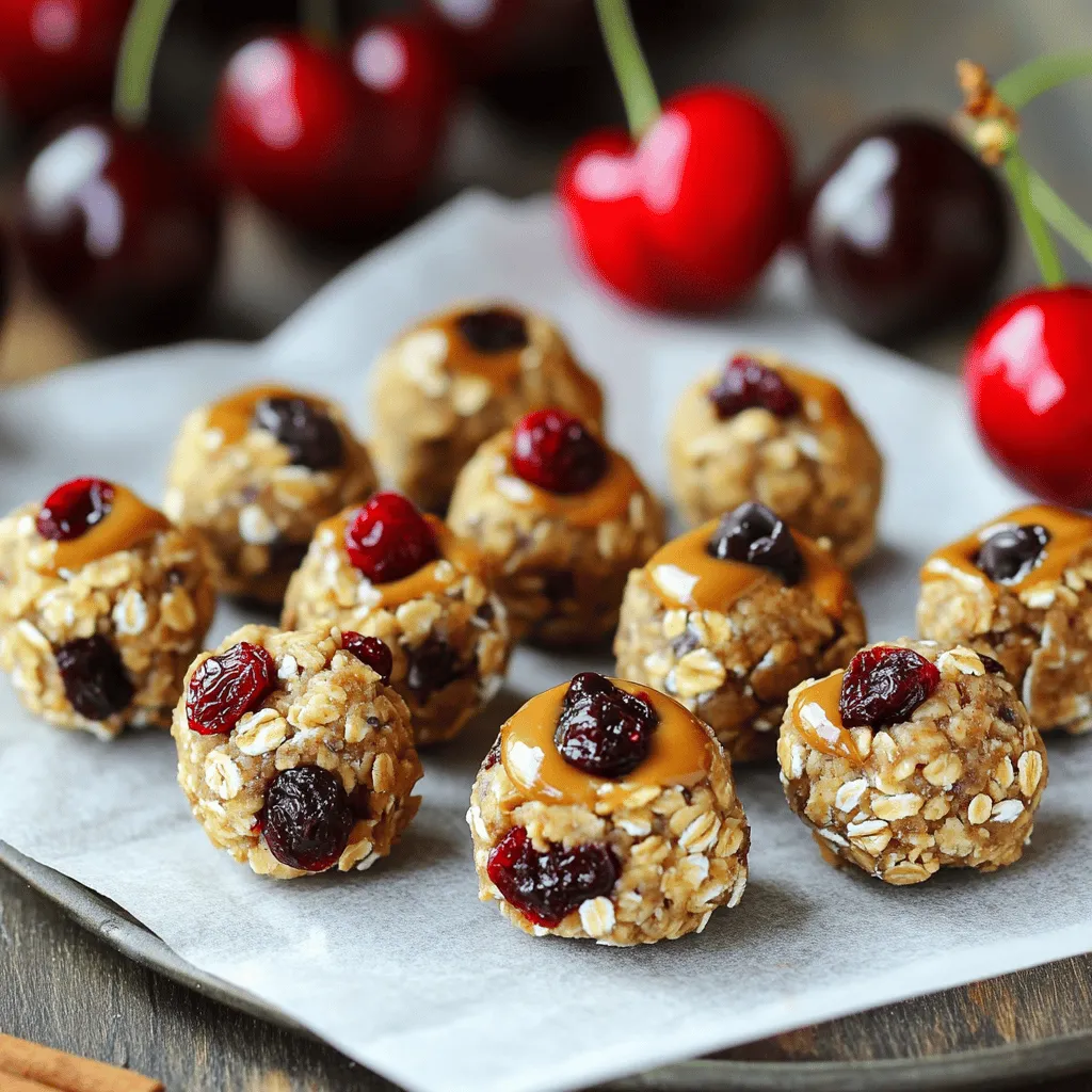 - Oats: Rolled oats are the base of these protein bites. They add texture and fiber, making them filling and nutritious. - Nut Butter Options: You can use almond butter or peanut butter. Both provide healthy fats and a creamy texture, adding richness to the bites. - Dried Cherries and Other Add-ins: Chopped dried cherries give a sweet and tart flavor. You might add mini dark chocolate chips for extra sweetness or flavor. - Vegan Options: For a vegan choice, use maple syrup instead of honey. Opt for almond butter or sunflower seed butter to keep it plant-based. - Gluten-Free Alternatives: Ensure your oats are labeled gluten-free. This way, everyone can enjoy these tasty bites safely. - Sweetener Choices: You can substitute honey with agave syrup or any other liquid sweetener to fit your preference. - Calories per Serving: Each bite has about 100 calories, making them a great snack for energy. - Protein Content: With protein powder added, each bite contains around 5 grams of protein, perfect for muscle recovery. - Dietary Fiber and Sugars: Each bite offers 2-3 grams of dietary fiber and about 5 grams of sugar, mainly from the dried cherries and sweetener. These ingredients combine to make a healthy and easy snack that you can enjoy anytime! For the full recipe, check the section above. Mixing Dry Ingredients Start by gathering your dry ingredients. In a large bowl, add 1 cup of rolled oats, 1/2 cup of protein powder, chopped dried cherries, a pinch of salt, and 1/4 teaspoon of cinnamon. Mix these well until they are evenly combined. This step is key for flavor. Combining Wet Ingredients Next, take another bowl. Mix together 1/2 cup of almond butter and 1/4 cup of honey or maple syrup. Stir until smooth. This mixture adds sweetness and binds the dry ingredients. Molding and Shaping Pour the wet mixture into the dry mix. Stir until everything is blended. The mix should feel thick but not crumbly. If it seems dry, add 1 tablespoon of water at a time until you get the right consistency. Once mixed, use your hands to form small bites, about the size of a tablespoon. Roll them into balls and place them on a lined baking sheet. Adjusting Moisture Levels The amount of moisture can change based on your ingredients. If your mixture is too dry, add water slowly. This helps you find the perfect texture for rolling. Using Hands vs. Tools Using your hands gives you more control over the size and shape of each bite. Tools can work too, but hands help you feel the texture better. Required Chilling Time Place the formed bites in the fridge for at least 30 minutes. This helps them firm up and makes them easier to handle. Chilling also brings out the flavors. Display Suggestions To serve, you can pack the bites in an airtight container. They are great for snacks on the go. For a pretty presentation, arrange them on a platter with fresh cherries. It adds color and makes your snack look inviting. For the complete recipe, check the [Full Recipe]. Best Containers for Storage Store your Cherry Oatmeal Protein Bites in an airtight container. Glass containers work well. They keep the bites fresh and tasty. Shelf Life and Freezing Options These protein bites last about one week in the fridge. For longer storage, freeze them. They can stay good for up to three months in the freezer. Just thaw them in the fridge before eating. Flavor Variations You can change the flavor easily. Try adding chopped nuts or seeds for crunch. You can also swap dried cherries for other dried fruits like cranberries or apricots. This keeps your snacks exciting! Protein Powder Choices Use any protein powder you like. Vanilla and chocolate are great, but you can also try plant-based options. Choose what fits your taste and diet best. Pairing with Other Snacks Serve these bites with fresh fruit or yogurt. They create a balanced snack. You can also pair them with nut butter for an added protein boost. Incorporating into Meals Add these bites to your breakfast or lunch. Crumble them over oatmeal or mix them into smoothies. They add flavor and nutrition to any meal. {{image_2}} Adding nuts or seeds can boost the taste and crunch. Try almonds, walnuts, or pumpkin seeds. They add healthy fats and protein. You will enjoy the added texture. You can also use different dried fruits. Try cranberries, apricots, or even raisins. Each fruit will change the flavor. Mix and match to find your favorite blend. Making it low-carb is simple. Replace oats with coconut flour or almond flour. This swap keeps the bites tasty but lowers carbs. You can also create high-fiber versions. Add chia seeds or flaxseeds to the mix. These seeds pack in more fiber. They help keep you full longer. Bulk making is smart for snacks. You can double or triple the recipe. Store them in an airtight container. This way, you will always have a quick snack ready. Portioning for on-the-go is easy too. Roll the bites into small balls. Place them in small bags for a grab-and-go option. You can enjoy them anywhere! These bites can last up to one week in the fridge. For best results, store them in an airtight container. You can also freeze them for up to three months. Just make sure to label the container with the date. Thaw them in the fridge overnight for a quick snack. You can use fresh cherries, but they change the texture. Fresh cherries have more moisture. This can make your bites too soft or soggy. If you choose fresh, chop them small and reduce other liquids in the recipe. This helps keep a good balance of flavors. To make nut-free bites, use sunflower seed butter or soy nut butter. These options still give a nice creamy texture. You can also try pumpkin seed butter for a unique flavor. Just keep the same amount as the nut butter in the recipe. This way, you keep the consistency right. These cherry oatmeal protein bites are a great snack. They are healthy, tasty, and easy to make. You only need fifteen minutes to prep them. After that, they chill for thirty minutes. This recipe makes about twelve to fifteen bites. Making snack bites at home has many benefits. First, you control the ingredients. You can avoid additives and extra sugars. Second, you can customize flavors to match your taste. Want more chocolate? Just add more chips! Third, they are cost-effective. Buying snacks can add up quickly. Making them at home saves money and time. Plus, they are fresh and delicious. For your photos, show them on a bright plate. Add fresh cherries around the bites for color. You can also stack a few bites high for a fun look. This makes the snack more inviting and shareable. You learned how to make tasty and healthy Cherry Oatmeal Protein Bites. We covered key ingredients like oats and nut butter, along with tasty add-ins. You can always swap ingredients for vegan or gluten-free options. Remember, the right prep steps keep textures on point. These bites are great for snacks or meals. With smart storage, they last long. You can also change flavors or get creative with your ingredients. I hope you enjoy making these bites at home for a fun, healthy treat!
