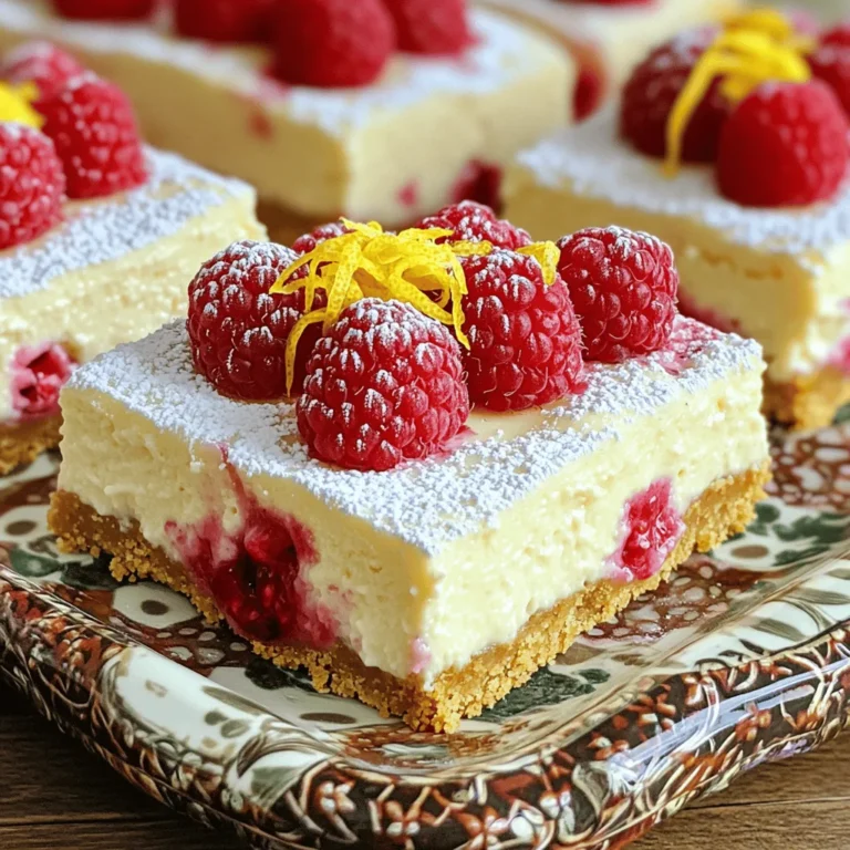 Here are the essential ingredients for Lemon Raspberry Cheesecake Bars: - 1 ½ cups graham cracker crumbs - ½ cup unsalted butter, melted - 2 tablespoons sugar - 16 oz cream cheese, softened - 1 cup granulated sugar - 2 large eggs - 2 tablespoons lemon juice - Zest of 1 lemon - 1 teaspoon vanilla extract - 1 cup fresh raspberries Each ingredient plays a key role in the final dish. The graham cracker crumbs create a tasty, crunchy base. Melted butter helps bind the crumbs together. The sugar balances the tartness of the lemon and raspberries. Cream cheese gives the bars that rich, creamy texture. Eggs help set the filling, making it firm yet smooth. Lemon juice and zest add bright, fresh flavor. Vanilla extract enhances all the tastes. Finally, fresh raspberries add bursts of sweet and tangy juiciness. You can easily swap some ingredients if needed. For a lighter option, try low-fat cream cheese. You can also use alternative sweeteners like stevia if you want to reduce sugar. If fresh raspberries are not available, frozen raspberries work too. Just remember to thaw and drain them first. This helps prevent excess water in your cheesecake. You can also use other berries, like blueberries or strawberries, for a new twist. Start by getting your baking pan ready. Preheat your oven to 325°F (160°C). Line an 8x8 inch baking pan with parchment paper. Leave some paper hanging over the edges. This helps you lift the bars out later. Next, gather your ingredients. Measure carefully. Use a dry measuring cup for the graham cracker crumbs. For the sugar, use a standard measuring cup. Make sure the cream cheese is softened. This makes mixing easier and smoother. In a medium bowl, combine the graham cracker crumbs, melted butter, and sugar. Mix well until everything is combined. You want to see no dry crumbs. Press this mixture firmly into the bottom of the pan. Use your fingers or a flat object to get an even layer. The crust should feel compact. A good crust will hold the bars together nicely. In a large bowl, beat the softened cream cheese with an electric mixer. Mix until it is smooth and creamy. This step is key for a great texture. Gradually add the granulated sugar. Continue to mix until they blend well. Scrape the sides of the bowl as needed. Next, add the eggs, one at a time. Beat well after each egg. Now, add the lemon juice, lemon zest, and vanilla extract. Mix until the filling is smooth. This will give your bars their bright flavor. Gently fold in the fresh raspberries. Be careful not to break them too much. Pour the cheesecake batter over the crust. Spread it evenly with a spatula. Bake in your preheated oven for 30-35 minutes. The center should be set but slightly jiggly when done. Once baked, let the bars cool at room temperature. After cooling, put them in the fridge for at least 4 hours. You can also leave them overnight. This helps them set well. When ready, lift the bars out using the parchment paper. Cut them into squares. Enjoy your delicious lemon raspberry cheesecake bars! To make your cheesecake bars smooth and creamy, avoid cracks. Here are some tips: - Do not overmix the batter. Mix just until smooth. - Bake gently. Keep the oven temperature steady at 325°F (160°C). - Check for doneness by gently shaking the pan. The center should be a bit jiggly. - Cool slowly. Let the bars cool at room temperature before refrigerating. - Chill for at least 4 hours. This helps the flavors meld and the texture set. Cool them completely before cutting. This step helps keep the bars from falling apart. A warm cheesecake can be too soft and hard to slice neatly. Serving your cheesecake bars well makes a big difference. Here are some ideas: - Garnish with fresh raspberries. Place them on top for a pop of color. - Dust with powdered sugar for a sweet finish. - Use a decorative platter to make it look fancy. - Pair with sauces. A drizzle of raspberry sauce adds flavor and flair. These small details bring your dessert to life and impress your guests. Enjoy the process of making your cheesecake bars as beautiful as they are delicious! {{image_2}} You can mix up the flavors in your Lemon Raspberry Cheesecake Bars. Try using strawberries instead of raspberries for a sweet twist. Blueberries also work well and add a nice color. For a fall treat, add a pinch of cinnamon or nutmeg for warmth. You can even combine fruits, like raspberries and blueberries, for a berry medley. If you're looking for gluten-free options, use gluten-free graham crackers for the crust. Many brands offer gluten-free varieties, so check your local store. For a vegan or dairy-free version, swap cream cheese for a dairy-free cream cheese. You can also use a flax egg instead of regular eggs. This way, everyone can enjoy these tasty bars! To keep your Lemon Raspberry Cheesecake Bars fresh, place them in an airtight container. This will stop them from drying out. If you have leftover bars, refrigerate them right away. They stay yummy in the fridge for up to a week. You can also freeze them if you want to save some for later. Just wrap each bar in plastic wrap, then put them in a freezer bag. This helps prevent freezer burn. When you're ready to enjoy the frozen bars, thaw them in the fridge overnight. This way, they stay creamy and delicious. You can also set them out at room temperature for about an hour before serving. These cheesecake bars are great to have on hand. In the fridge, they last about 5 to 7 days. If you freeze them, they can last up to 3 months. Just remember to label your containers with the date for easy tracking. Keep an eye out for signs of spoilage. If you see mold or an unusual smell, it's best to throw them away. Also, if the bars feel too dry or hard, they may not taste good anymore. Always trust your senses when it comes to food safety. You can tell if the cheesecake bars are done by looking for a few signs. The edges should be firm and set. The center should look slightly jiggly but not wet. When you gently shake the pan, the middle should move just a little. Baking them too long can cause cracks. Yes, you can use frozen raspberries. They work well, but the texture may change. Frozen berries can release more juice, which may make the filling a bit softer. If you use frozen raspberries, do not thaw them. Add them straight to the batter for the best results. Absolutely! You can make these bars a day or two ahead of time. Just bake them and let them cool. After that, cover them tightly and store them in the fridge. This helps the flavors develop. You can also freeze them for longer storage. Just wrap them well. For the complete recipe, check the detailed steps above. Enjoy making your Lemon Raspberry Cheesecake Bars! In this blog post, we covered the essentials for creating Lemon Raspberry Cheesecake Bars. You learned about key ingredients, their roles, and possible substitutions. We walked through step-by-step instructions for prep, crust, filling, and baking. I shared helpful tips for texture, presentation, and even storage. These bars are versatile with flavor and dietary variations. Enjoy making this treat that combines sweet and tangy flavors. Your friends and family will appreciate it!