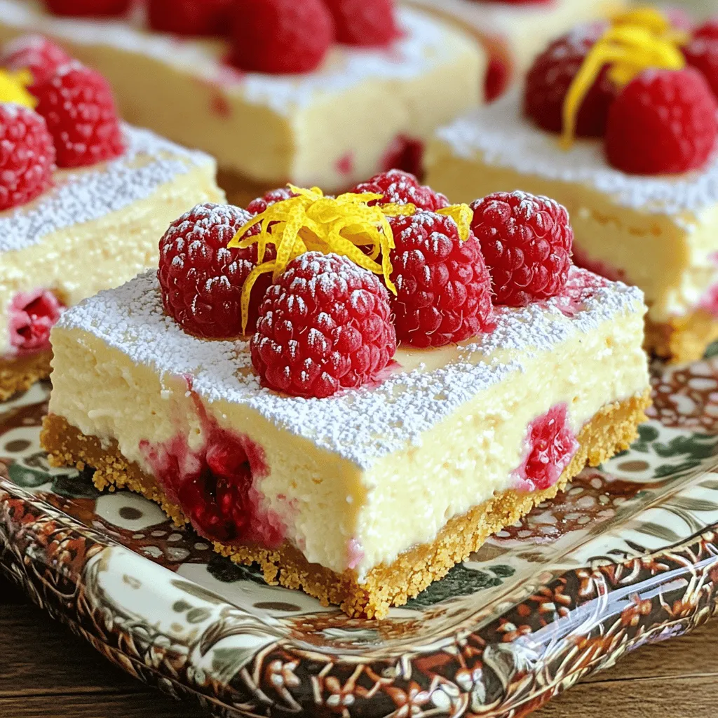 Here are the essential ingredients for Lemon Raspberry Cheesecake Bars: - 1 ½ cups graham cracker crumbs - ½ cup unsalted butter, melted - 2 tablespoons sugar - 16 oz cream cheese, softened - 1 cup granulated sugar - 2 large eggs - 2 tablespoons lemon juice - Zest of 1 lemon - 1 teaspoon vanilla extract - 1 cup fresh raspberries Each ingredient plays a key role in the final dish. The graham cracker crumbs create a tasty, crunchy base. Melted butter helps bind the crumbs together. The sugar balances the tartness of the lemon and raspberries. Cream cheese gives the bars that rich, creamy texture. Eggs help set the filling, making it firm yet smooth. Lemon juice and zest add bright, fresh flavor. Vanilla extract enhances all the tastes. Finally, fresh raspberries add bursts of sweet and tangy juiciness. You can easily swap some ingredients if needed. For a lighter option, try low-fat cream cheese. You can also use alternative sweeteners like stevia if you want to reduce sugar. If fresh raspberries are not available, frozen raspberries work too. Just remember to thaw and drain them first. This helps prevent excess water in your cheesecake. You can also use other berries, like blueberries or strawberries, for a new twist. Start by getting your baking pan ready. Preheat your oven to 325°F (160°C). Line an 8x8 inch baking pan with parchment paper. Leave some paper hanging over the edges. This helps you lift the bars out later. Next, gather your ingredients. Measure carefully. Use a dry measuring cup for the graham cracker crumbs. For the sugar, use a standard measuring cup. Make sure the cream cheese is softened. This makes mixing easier and smoother. In a medium bowl, combine the graham cracker crumbs, melted butter, and sugar. Mix well until everything is combined. You want to see no dry crumbs. Press this mixture firmly into the bottom of the pan. Use your fingers or a flat object to get an even layer. The crust should feel compact. A good crust will hold the bars together nicely. In a large bowl, beat the softened cream cheese with an electric mixer. Mix until it is smooth and creamy. This step is key for a great texture. Gradually add the granulated sugar. Continue to mix until they blend well. Scrape the sides of the bowl as needed. Next, add the eggs, one at a time. Beat well after each egg. Now, add the lemon juice, lemon zest, and vanilla extract. Mix until the filling is smooth. This will give your bars their bright flavor. Gently fold in the fresh raspberries. Be careful not to break them too much. Pour the cheesecake batter over the crust. Spread it evenly with a spatula. Bake in your preheated oven for 30-35 minutes. The center should be set but slightly jiggly when done. Once baked, let the bars cool at room temperature. After cooling, put them in the fridge for at least 4 hours. You can also leave them overnight. This helps them set well. When ready, lift the bars out using the parchment paper. Cut them into squares. Enjoy your delicious lemon raspberry cheesecake bars! To make your cheesecake bars smooth and creamy, avoid cracks. Here are some tips: - Do not overmix the batter. Mix just until smooth. - Bake gently. Keep the oven temperature steady at 325°F (160°C). - Check for doneness by gently shaking the pan. The center should be a bit jiggly. - Cool slowly. Let the bars cool at room temperature before refrigerating. - Chill for at least 4 hours. This helps the flavors meld and the texture set. Cool them completely before cutting. This step helps keep the bars from falling apart. A warm cheesecake can be too soft and hard to slice neatly. Serving your cheesecake bars well makes a big difference. Here are some ideas: - Garnish with fresh raspberries. Place them on top for a pop of color. - Dust with powdered sugar for a sweet finish. - Use a decorative platter to make it look fancy. - Pair with sauces. A drizzle of raspberry sauce adds flavor and flair. These small details bring your dessert to life and impress your guests. Enjoy the process of making your cheesecake bars as beautiful as they are delicious! {{image_2}} You can mix up the flavors in your Lemon Raspberry Cheesecake Bars. Try using strawberries instead of raspberries for a sweet twist. Blueberries also work well and add a nice color. For a fall treat, add a pinch of cinnamon or nutmeg for warmth. You can even combine fruits, like raspberries and blueberries, for a berry medley. If you're looking for gluten-free options, use gluten-free graham crackers for the crust. Many brands offer gluten-free varieties, so check your local store. For a vegan or dairy-free version, swap cream cheese for a dairy-free cream cheese. You can also use a flax egg instead of regular eggs. This way, everyone can enjoy these tasty bars! To keep your Lemon Raspberry Cheesecake Bars fresh, place them in an airtight container. This will stop them from drying out. If you have leftover bars, refrigerate them right away. They stay yummy in the fridge for up to a week. You can also freeze them if you want to save some for later. Just wrap each bar in plastic wrap, then put them in a freezer bag. This helps prevent freezer burn. When you're ready to enjoy the frozen bars, thaw them in the fridge overnight. This way, they stay creamy and delicious. You can also set them out at room temperature for about an hour before serving. These cheesecake bars are great to have on hand. In the fridge, they last about 5 to 7 days. If you freeze them, they can last up to 3 months. Just remember to label your containers with the date for easy tracking. Keep an eye out for signs of spoilage. If you see mold or an unusual smell, it's best to throw them away. Also, if the bars feel too dry or hard, they may not taste good anymore. Always trust your senses when it comes to food safety. You can tell if the cheesecake bars are done by looking for a few signs. The edges should be firm and set. The center should look slightly jiggly but not wet. When you gently shake the pan, the middle should move just a little. Baking them too long can cause cracks. Yes, you can use frozen raspberries. They work well, but the texture may change. Frozen berries can release more juice, which may make the filling a bit softer. If you use frozen raspberries, do not thaw them. Add them straight to the batter for the best results. Absolutely! You can make these bars a day or two ahead of time. Just bake them and let them cool. After that, cover them tightly and store them in the fridge. This helps the flavors develop. You can also freeze them for longer storage. Just wrap them well. For the complete recipe, check the detailed steps above. Enjoy making your Lemon Raspberry Cheesecake Bars! In this blog post, we covered the essentials for creating Lemon Raspberry Cheesecake Bars. You learned about key ingredients, their roles, and possible substitutions. We walked through step-by-step instructions for prep, crust, filling, and baking. I shared helpful tips for texture, presentation, and even storage. These bars are versatile with flavor and dietary variations. Enjoy making this treat that combines sweet and tangy flavors. Your friends and family will appreciate it!