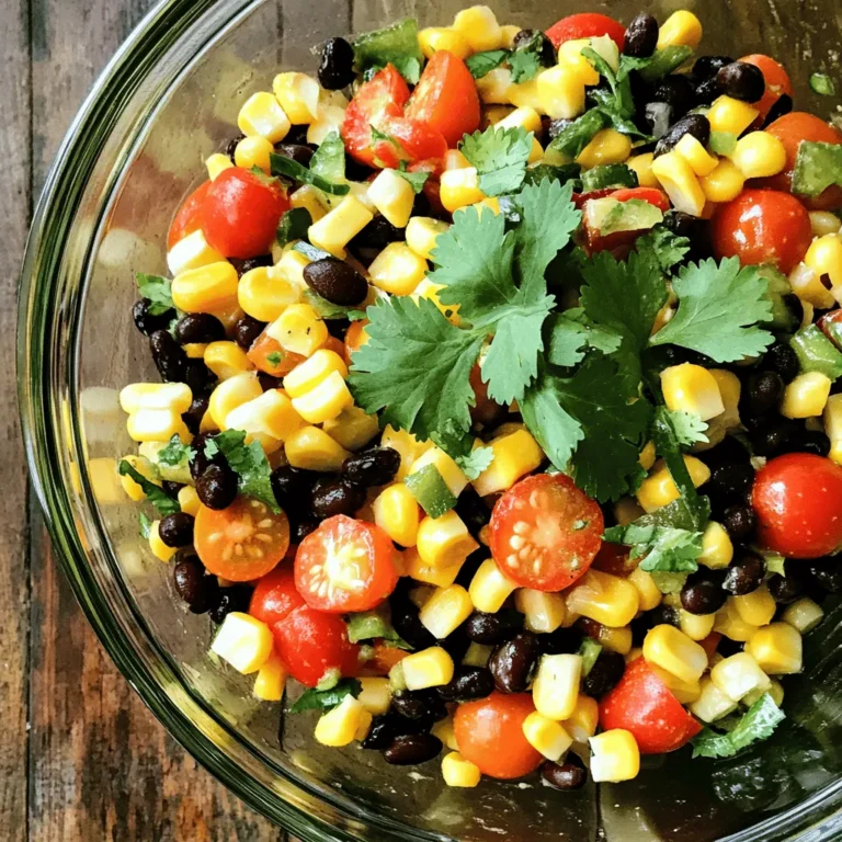 To create your Zesty Black Bean Corn Salad, gather these fresh, vibrant ingredients: - 1 can (15 oz) black beans, drained and rinsed - 1 cup corn kernels (fresh, frozen, or canned) - 1 red bell pepper, diced - 1 small red onion, finely chopped - 1 jalapeño pepper, seeded and minced - 1/2 cup cherry tomatoes, halved - 1/4 cup fresh cilantro, chopped - 2 tablespoons olive oil - 2 tablespoons lime juice - 1 teaspoon cumin - Salt and pepper, to taste Each ingredient brings its own flavor and texture. The black beans offer protein and fiber, making this salad hearty. Corn adds sweetness, while the red bell pepper gives a nice crunch. A small red onion brings sharpness, and jalapeño adds heat. Cherry tomatoes add juiciness, and cilantro brightens it all up. The olive oil and lime juice create a zesty dressing. Cumin adds warmth and depth. Salt and pepper enhance all the flavors. Together, these ingredients make a salad that is not just delicious but also colorful and inviting. Combining the Ingredients Start by grabbing a large mixing bowl. Add one can of black beans that you have drained and rinsed. Next, toss in one cup of corn kernels. You can use fresh, frozen, or canned corn. Then, add one diced red bell pepper and one small finely chopped red onion. For a spicy kick, include one minced jalapeño pepper. Finally, fold in half a cup of halved cherry tomatoes. This mix of colors and textures makes the salad bright and appealing. Whisking the Dressing In a small bowl, you will whisk together two tablespoons of olive oil and two tablespoons of lime juice. Add one teaspoon of cumin, along with salt and pepper to taste. Make sure to mix it well until all the ingredients blend together. The dressing adds a zesty flavor that brings the salad to life. Mixing and Chilling Pour the dressing over your salad mixture. Gently toss everything together until all the ingredients are coated with the dressing. Next, fold in a quarter cup of chopped fresh cilantro for a fresh burst of flavor. Once mixed, cover the bowl and place it in the refrigerator. Let it chill for at least 30 minutes. This time allows the flavors to meld and enhance the taste of your salad. Before serving, take a moment to taste the salad. Adjust the seasoning if needed for the best flavor. Adjusting Seasonings Taste is key! Start with the base recipe. After mixing, sample a spoonful. If it’s bland, add more salt or lime juice. A pinch of cumin can also boost the flavor. Adding Extra Ingredients Feel free to mix in more fun ingredients! Try diced avocado for creaminess. Sliced radishes add a nice crunch. You can also toss in black olives for a salty kick. Each addition brings its own twist to the dish. Recommended Serving Suggestions Serve this salad as a side or main dish. It pairs well with grilled meats or tacos. For a light lunch, use it as a filling for a wrap. For a colorful presentation, layer it in a clear bowl. Garnish with extra cilantro leaves for a fresh look. {{image_2}} Alternative Beans or Grains You can switch black beans for other beans. Try pinto beans or kidney beans. Both add great taste and texture. For a twist, use quinoa or farro. These grains give a hearty feel. Adding Protein Want to make it a meal? Add grilled chicken or shrimp. Both pair well with the fresh flavors. You can also use tofu for a vegetarian option. This adds protein and makes it filling. Different Vegetables Feel free to change the veggies. Use diced cucumbers for crunch. You can add radishes for a peppery kick. Swap cherry tomatoes for diced mango for a sweet touch. Each swap keeps the salad fresh and fun. Refrigeration Guidelines Store your Zesty Black Bean Corn Salad in an airtight container. This keeps it fresh and tasty. It is best to place it in the fridge right after serving. If you have leftovers, make sure to cover them well. The salad will stay fresh for about three to five days. Always check for any signs of spoilage before eating. Freezing Tips While it is not ideal to freeze this salad, you can do it if needed. Place the salad in a freezer-safe container. Seal it tightly to prevent freezer burn. If you freeze it, plan to eat it within one month. When ready to use, thaw it in the fridge overnight. Fresh ingredients may not taste as good after freezing, so use caution. Shelf Life The salad tastes best fresh, but it can last up to five days in the fridge. After that, the flavors may fade. If you notice any strange smells or changes in color, it's best to throw it away. Always trust your senses when it comes to food safety. Can I make it ahead of time? Yes, you can make this salad ahead of time. I often prepare it a few hours before serving. This allows the flavors to mix and deepen. Just store it in the fridge until you are ready to serve. How long does the salad last in the fridge? This salad can last for about three days in the fridge. Keep it in an airtight container to maintain freshness. After that, the veggies may start to lose their crunch and flavor. What can I serve with Zesty Black Bean Corn Salad? This salad pairs well with grilled chicken, fish, or tacos. You can also serve it as a side dish for any meal. It adds a refreshing touch to rich or heavy dishes. Enjoy it with tortilla chips for a fun snack too! This blog covered the key ingredients and steps for making a tasty Zesty Black Bean Corn Salad. We discussed how to combine ingredients, whisk dressing, and enhance flavor. Various ingredient swaps and storage tips were also shared. In summary, this salad is easy to make and packed with flavor. You can customize it to your liking and enjoy it for days. Try it out and savor every bite!