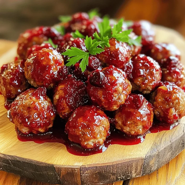 - 1 lb ground turkey or beef - 1 cup breadcrumbs - 1 cup cranberry sauce (store-bought or homemade) - 1/4 cup grated Parmesan cheese - 1/4 cup finely chopped onion - 2 cloves garlic, minced - 1 teaspoon dried thyme - 1 tablespoon soy sauce - 1 tablespoon honey - 1 teaspoon Dijon mustard - Fresh parsley for garnish Gathering the right ingredients is key for great cranberry sauce meatballs. I often choose ground turkey for a lighter taste, but beef works well too. The breadcrumbs help bind the meatballs together and keep them moist. For the cranberry sauce, you can go with store-bought for ease or make your own for a fresh twist. I love adding grated Parmesan cheese. It adds a rich flavor. Chopped onion and minced garlic bring a nice depth to the dish. Dried thyme adds a subtle earthiness that pairs perfectly with the sweet sauce. For the glaze, I mix cranberry sauce with soy sauce, honey, and Dijon mustard. This blend creates a sweet and tangy flavor. Fresh parsley adds color and a fresh taste. With these ingredients in hand, you’ll be ready to make meatballs that impress! - Preheat the oven to 400°F (200°C). - Prepare the baking sheet with parchment paper. - Combine 1 lb ground turkey or beef, 1 cup breadcrumbs, 1/4 cup grated Parmesan cheese, 1/4 cup finely chopped onion, 2 cloves minced garlic, 1 beaten egg, 1 teaspoon dried thyme, 1/2 teaspoon salt, and 1/4 teaspoon black pepper in a bowl. - Mix until all ingredients blend well. - Form the meat mixture into 1-inch meatballs. - Bake meatballs for 20-25 minutes until they turn golden brown. - Prepare the cranberry sauce glaze on the stovetop. - In a saucepan, mix 1 cup cranberry sauce, 1 tablespoon soy sauce, 1 tablespoon honey, and 1 teaspoon Dijon mustard over medium heat. - Stir until heated through and well combined. - After baking, pour the glaze over the meatballs. - Garnish with chopped fresh parsley for color. - Use fresh herbs for enhanced taste. Fresh parsley brightens the dish. - Consider marinating the meat mixture overnight. This helps the flavors meld and deepen. - Bake versus frying for healthier options. Baking uses less oil and keeps it light. - Adjust baking time based on meat type. Turkey may need less time than beef. - Garnish for visual appeal. A sprinkle of parsley makes the dish pop. - Suggest plating options for parties or gatherings. Serve meatballs on a platter with toothpicks for easy sharing. {{image_2}} You can change the meat in this recipe. Ground chicken or pork works well. They make the meatballs lighter but still tasty. If you want a plant-based option, use lentils or chickpeas. Mash them and mix with breadcrumbs and spices. It gives a nice texture and flavor. Want to spice things up? Try adding crushed red pepper. This gives your meatballs a kick! You can also experiment with cheese types. Feta or cheddar can add a unique twist. Each cheese brings its own flavor. You can change the recipe based on the season. Adding orange zest gives a fresh, holiday feel! In the winter, add warm spices like nutmeg or cinnamon. Fresh herbs like rosemary or sage can also boost flavor. These small changes can make your dish special. To keep your meatballs fresh, place them in an airtight container. Make sure to cool them first. You can also freeze them for later. Use freezer bags for easy storage. Remove as much air as possible before sealing. If you want to save space, layer them with parchment paper. When reheating, the oven works best. Preheat it to 350°F (175°C). Place meatballs on a baking sheet and cover with foil. This keeps them moist. You can also use the microwave. Heat them in short bursts to avoid drying them out. Add a splash of water or sauce to keep them juicy. In the fridge, cranberry sauce meatballs last about 3-4 days. If frozen, they can last up to 3 months. Always check for signs of spoilage. Look for off smells, slimy texture, or discoloration. If you see any of these, it's best to toss them out. Yes, you can make these meatballs ahead of time. I suggest you prepare them the day before. Form the meatballs and place them on a baking sheet. Cover them with plastic wrap and store them in the fridge. When you are ready to cook, simply bake them as usual. This saves time when you are busy. These meatballs pair well with many sides. Here are some ideas: - Steamed green beans - Mashed potatoes - Rice or quinoa - A fresh salad - Garlic bread These options create a balanced meal and add flavor. Making homemade cranberry sauce is simple. Here’s a quick recipe: - Ingredients: - 1 cup fresh cranberries - 1/2 cup sugar - 1/2 cup water - Instructions: 1. In a saucepan, combine cranberries, sugar, and water. 2. Cook over medium heat until the cranberries burst, about 10 minutes. 3. Stir and let it cool before using. This sauce adds a fresh taste to your meatballs. Yes, you can adapt the recipe. Here are some options: - For gluten-free meatballs, use gluten-free breadcrumbs. - For low-carb versions, swap breadcrumbs with almond flour. - You can also use ground turkey for a leaner choice. These changes help fit various diets while still tasting great. These cranberry sauce meatballs mix simple ingredients into a tasty dish. You learned how to prepare them step-by-step, from mixing to baking. I shared tips for flavor and presentation, plus fun variations and storage advice. You can make these meatballs work for many diets and occasions. Don't hesitate to try new ideas and enjoy your culinary journey. Cooking can be fun and delicious with the right guidance!