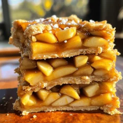 Here’s what you need for Salted Caramel Apple Pie Bars: - 2 cups all-purpose flour - 1 cup unsalted butter, softened - 1/2 cup granulated sugar - 1/2 cup brown sugar, packed - 1/2 teaspoon salt - 1 teaspoon vanilla extract - 2 large apples, peeled, cored, and diced - 1 teaspoon ground cinnamon - 1/4 teaspoon nutmeg - 1 tablespoon lemon juice - 1 cup salted caramel sauce (store-bought or homemade) - Flaky sea salt, for topping You can swap some ingredients if needed: - Use whole wheat flour for a nuttier taste. - Replace unsalted butter with coconut oil for a dairy-free option. - Brown sugar can be swapped with maple syrup or honey for a different flavor. - Any tart apple works well, like Granny Smith or Honeycrisp. - Instead of salted caramel, try chocolate sauce for a different treat. Gather these tools to make your bars: - 9x13 inch baking pan - Mixing bowls - Measuring cups and spoons - Whisk or electric mixer - Spatula for mixing - Knife and cutting board for apples - Oven for baking These ingredients and tools set the stage for a fun and tasty baking experience! You’ll love how easy it is to whip up these delicious bars. 1. First, preheat your oven to 350°F (175°C). Grease a 9x13 inch baking pan. 2. In a mixing bowl, combine 1 cup of softened unsalted butter, 1/2 cup granulated sugar, and 1/2 cup brown sugar. Mix until the mixture is light and fluffy. 3. Add 1 teaspoon of vanilla extract and mix until combined. 4. Gradually add 2 cups of all-purpose flour and 1/2 teaspoon of salt. Mix until a soft dough forms. Reserve 1 cup of this mixture for the crumble topping. 5. Press the remaining dough evenly into the bottom of the prepared pan. This will be your crust layer. 6. Bake the crust in the preheated oven for 15 minutes. This gives it a nice start. 7. While the crust is baking, prepare the apple filling. In a separate bowl, mix 2 large peeled, cored, and diced apples with 1 tablespoon of lemon juice, 1 teaspoon of ground cinnamon, and 1/4 teaspoon of nutmeg. Toss until the apples are well-coated. 8. After 15 minutes, remove the crust from the oven. 9. Spread the apple mixture evenly over the crust. Drizzle half of the 1 cup of salted caramel sauce over the apples. 10. Crumble the reserved dough over the apple layer to create the topping. 11. Bake the assembled bars for another 25-30 minutes until the topping is golden brown. 12. Once baked, take them out and let them cool for at least 30 minutes. 13. Drizzle the remaining salted caramel sauce over the top and sprinkle with flaky sea salt. 14. Cut into bars, serve, and enjoy! To achieve a perfect crust, start with cold butter. Cut it into small pieces before mixing. This keeps the crust flaky. Cream the butter and sugars until light and fluffy. Add the flour and salt slowly. Do not overmix; stop when a soft dough forms. Press the dough evenly into the pan. Bake it for just 15 minutes. This gives it a nice base for the apples. For the caramel sauce, you can use store-bought or homemade. If you decide to go homemade, keep an eye on it. Cook it on medium heat until it turns a rich golden color. Stir often, so it does not burn. Add a pinch of salt to enhance the flavor. Drizzle half on the apples and save the rest for later. This contrast makes each bite special. Serve your bars warm or at room temperature. Pair them with a scoop of vanilla ice cream. The cold ice cream complements the warm bars. You can also add whipped cream for extra fun. Finish with a sprinkle of flaky sea salt on top. This adds a great touch to every bite. Enjoy them with family and friends for a delightful treat! {{image_2}} When picking apples for your salted caramel apple pie bars, choose wisely. Some apples work better than others. I love using Granny Smith apples. Their tartness balances the sweet caramel. Honeycrisp apples add a nice crunch and sweetness. You can also mix varieties for extra flavor. Try a blend of tart and sweet apples to please everyone. You can get creative with toppings and add-ins. Instead of just a crumble, think about adding nuts. Chopped pecans or walnuts add crunch and flavor. You can also use oats for a heartier topping. For a fun twist, add chocolate chips or dried fruit to the apple mix. Each addition makes your salted caramel apple pie bars unique! If you need gluten-free options, swap the all-purpose flour for a gluten-free blend. Many brands offer great mixes that work well in baking. For vegan bars, replace the butter with coconut oil or vegan butter. Use a plant-based caramel sauce to keep it dairy-free. These swaps let everyone enjoy this tasty treat! After you make the delicious salted caramel apple pie bars, let them cool. Once they cool, place them in an airtight container. You can keep them at room temperature for up to three days. If you want them to last longer, store them in the fridge. They will stay fresh there for about a week. If you want to save some bars for later, freezing is a great option. First, cut the bars into squares. Then, wrap each square in plastic wrap. After that, place them in a freezer bag. You can freeze them for up to three months. When you're ready to eat, just thaw them in the fridge overnight. To enjoy these bars warm, preheat your oven to 350°F (175°C). Place the bars on a baking sheet. Heat them for about 10 to 15 minutes. You can also microwave them. Just heat for 10 to 15 seconds at a time until warm. If you like, drizzle some extra salted caramel sauce on top after reheating. You’ll know the bars are done when the topping turns golden brown. The edges will look firm, and a toothpick should come out clean from the center. Keep an eye on them during the last few minutes of baking to avoid overcooking. Yes, you can make these bars ahead of time! Bake and cool them, then store in an airtight container. They stay fresh for up to three days at room temperature. For longer storage, keep them in the fridge for up to a week. These bars shine on their own, but you can enhance them with a scoop of vanilla ice cream. Whipped cream also makes a great topping. For a fun twist, serve them warm with a drizzle of extra salted caramel sauce. You can find the full recipe in the article above. It includes all the steps and ingredients you need to create these delicious Salted Caramel Apple Pie Bars. Just scroll up to dive into the details! You learned about the key ingredients for making delicious Salted Caramel Apple Pie Bars. We explored substitutions and tools you’ll need. I shared step-by-step cooking instructions to make the process easy. You also got tips for a perfect crust and serving ideas. Lastly, we discussed variations, storage options, and answered common questions. Now you have everything you need to make this treat. Enjoy your baking adventure and share these delights with others!