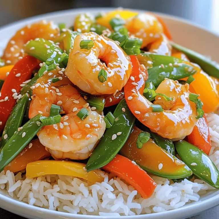 - 1 lb large shrimp, peeled and deveined - 3 tablespoons honey - 4 cloves garlic, minced - 1 tablespoon low sodium soy sauce - 1 tablespoon fresh ginger, grated - 1 bell pepper, sliced (red or yellow) - 1 cup snap peas - 1 small zucchini, sliced - 2 tablespoons vegetable oil - 1 teaspoon sesame oil - Salt and pepper to taste When I create a dish like honey garlic shrimp stir-fry, I focus on fresh, bright flavors. The shrimp are the star, juicy and tender. I love using large shrimp because they hold up well in stir-fries. The sweet and sticky sauce made with honey, garlic, and soy sauce creates a perfect glaze. I always add fresh ginger for depth. It gives a warm, zesty kick. For vegetables, I choose bell peppers for color, snap peas for crunch, and zucchini for softness. Each veggie adds texture and flavor. Cooking oils are key. I use vegetable oil for high heat and sesame oil for a nutty finish. Seasoning is essential too. A pinch of salt and pepper enhances all the flavors. Keep this mix in mind, and you can easily switch out veggies or proteins to fit your taste. Enjoy the process! First, grab a small bowl. You will whisk together some tasty ingredients. Add 3 tablespoons of honey, 4 minced garlic cloves, and 1 tablespoon of low-sodium soy sauce. Next, add 1 tablespoon of grated ginger. Season it with salt and pepper to taste. Mix these well and set the sauce aside. This will bring great flavor to your dish. Now, heat 1 tablespoon of vegetable oil in a large skillet or wok over medium-high heat. When the oil is hot, add 1 pound of peeled and deveined large shrimp. Sprinkle a pinch of salt and pepper on the shrimp. Stir-fry them for about 2 to 3 minutes. You will know they are done when they turn pink and opaque. Once cooked, remove the shrimp from the pan and set them aside. In the same pan, add another tablespoon of vegetable oil. Now, toss in your sliced bell pepper, snap peas, and zucchini. Stir-fry these vegetables for about 3 to 4 minutes. You want them to be tender but still crisp. This keeps the colors bright and the flavors fresh. Return the cooked shrimp to the pan. Pour the honey garlic sauce over everything. Stir well to combine all the ingredients. Cook for an additional 2 to 3 minutes. This lets the sauce coat the shrimp and veggies nicely. Finally, drizzle 1 teaspoon of sesame oil over the stir-fry and toss everything again. Remove it from heat. Before serving, garnish with chopped green onions and sesame seeds for a lovely touch. To cook shrimp just right, start with large, fresh shrimp. They should be peeled and deveined for the best texture. I recommend cooking them for 2-3 minutes until they turn pink. This shows they are done. Make sure not to overcrowd the pan. If you add too many, they won't cook evenly. For the vegetables, keep them crisp. Stir-fry them quickly over high heat. Aim for about 3-4 minutes. This method keeps them tender yet crunchy. Using a mix of colors like red bell pepper and green snap peas makes the dish look appealing. You can adjust the sweetness of the sauce to your taste. If you like it sweeter, add more honey. For a tangy kick, try adding a splash of rice vinegar. This gives the dish more depth. If you have dietary needs, swap soy sauce for a gluten-free option. Coconut aminos work well as a substitute. You can also replace honey with maple syrup for a vegan twist. To make your dish look inviting, serve it over a bed of jasmine rice or quinoa. Arrange the shrimp and vegetables on top. Drizzle with any leftover sauce for an added burst of flavor. For sides, consider steamed broccoli or a fresh salad. These options balance the meal and add nutrition. Enjoy your beautiful and tasty creation! {{image_2}} You can switch shrimp for chicken or tofu. Chicken needs more time to cook. If you use chicken, cut it into small pieces. Cook for about 5-7 minutes until it is no longer pink. If you prefer tofu, use firm tofu. Press it first to remove extra water. Then, cut it into cubes. Stir-fry it for about 4-5 minutes until golden brown. Feel free to use any seasonal veggies you like. Broccoli, carrots, or bok choy work well. You can also use frozen veggies if you’re short on time. Just add them straight to the pan. The cooking time may be a bit longer, about 5-6 minutes, until they are hot and crisp. You can add a spicy kick to the sauce with red pepper flakes. For a tangy twist, try adding lime juice or rice vinegar. If you need a gluten-free option, use tamari instead of soy sauce. This keeps the flavors just right without the gluten. You can also adjust the honey to make it sweeter or less sweet, based on your taste. To store leftovers, let the stir-fry cool. Place it in an airtight container. This keeps moisture in and prevents odors from getting in. You can keep it in the fridge for about 3 days. If you notice any strange smell or color, it's best to toss it. Freezing is a great option for longer storage. Divide the stir-fry into smaller portions. Use freezer-safe bags or containers. Squeeze out as much air as possible before sealing. You can freeze it for up to 2 months. To thaw, place the container in the fridge overnight. This keeps the shrimp safe and tasty. When reheating, I recommend using a pan. Heat it on medium to low heat. This helps keep the shrimp tender and the veggies crisp. Stir often to prevent sticking. You can also use a microwave. Just heat it in short bursts and stir in between. Enjoy your meal just as delicious as before! You can serve this dish with several tasty sides. Here are some of my favorites: - Cooked jasmine rice - Quinoa for a healthy option - Steamed broccoli for extra greens - Noodles for a filling meal - A fresh garden salad for crunch These sides add flavor and balance the meal well. They help soak up the sweet sauce too! Yes, you can prepare parts of this dish ahead of time. Here are some tips: - Marinate the shrimp in honey sauce early. - Chop vegetables and store them in the fridge. - Cook the shrimp and veggies just before serving. This keeps everything fresh and tasty for your meal! To store leftovers safely, follow these steps: - Allow the stir-fry to cool down. - Place it in an airtight container. - Store it in the fridge for up to three days. For longer storage, freeze it for up to two months. Just thaw and reheat before serving! This blog post covered the tasty honey garlic shrimp stir-fry. We explored key ingredients like shrimp, honey, and vegetables, along with cooking essentials. I shared easy step-by-step instructions and useful tips to enhance your dish. You can try different proteins and veggies to suit your taste. Remember to store leftovers properly to enjoy later. With these new skills, you can create a delicious meal any time. Enjoy your culinary journey!