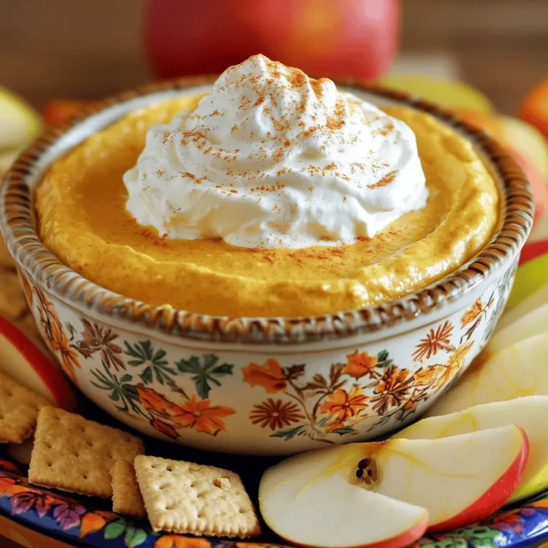 To make the No-Bake Pumpkin Cheesecake Dip, you will need: - 1 cup cream cheese, softened - 1 cup canned pumpkin puree - 1/2 cup powdered sugar - 1 teaspoon vanilla extract - 1 teaspoon pumpkin pie spice - 1/4 cup Greek yogurt or sour cream - 1/2 cup whipped cream (for folding in and topping) - Graham crackers or apple slices for serving You can easily swap ingredients if needed. Here are some ideas: - For cream cheese, use a dairy-free cream cheese if you want it vegan. - Instead of powdered sugar, try using honey or maple syrup for a natural sweetener. - You can use plain yogurt in place of Greek yogurt. - If you don’t have pumpkin pie spice, mix cinnamon, nutmeg, and ginger instead. The dip pairs well with many tasty options: - Graham crackers add a sweet crunch. - Apple slices offer a fresh and juicy contrast. - Pretzels bring a salty bite to balance the sweetness. - Vanilla wafers add another layer of flavor and texture. Feel free to mix and match these dippers to find your favorite! First, grab a large mixing bowl. Use an electric mixer to beat the softened cream cheese. You want it to be smooth and creamy. This takes about 2 minutes. Next, add the canned pumpkin puree. Then, pour in the powdered sugar, vanilla extract, and pumpkin pie spice. Mix these ingredients until they blend well and look creamy. Now, it's time to fold in the Greek yogurt or sour cream. Do this gently to keep the dip smooth. After that, take half of the whipped cream and carefully fold it in. This step is key to keeping the dip light and airy. You want to maintain that fluffy texture. Once mixed, transfer the dip to a nice serving bowl. Top it with the rest of the whipped cream. For a fun touch, sprinkle some extra pumpkin pie spice on top. Now, refrigerate the dip for at least 30 minutes. This lets the flavors come together. When ready to serve, lay out graham crackers and apple slices for dipping. Enjoy your tasty, no-bake pumpkin cheesecake dip! To get your dip super creamy, start with room temperature cream cheese. Softened cream cheese mixes well with other ingredients. Beat it until smooth before adding pumpkin puree. This step keeps the mix fluffy. Use a hand mixer for the best results. Make sure to fold in the whipped cream gently. This keeps the dip light. If you want an even creamier texture, add more Greek yogurt or sour cream. When serving this dip, presentation matters! Use a pretty bowl to hold the dip. Arrange graham crackers and apple slices around it. This setup makes it easy for guests to dip. For special events, consider adding a sprinkle of cinnamon or extra whipped cream on top. This gives it a festive touch. You could also serve mini dessert cups for an elegant feel. Everyone loves a pretty treat! Want to spice things up? Add a pinch more pumpkin pie spice for a bolder flavor. You can also mix in a few chocolate chips for a sweet twist. If you like crunch, toss in some chopped nuts. Walnuts or pecans work great. For a fun texture, serve with caramel sauce on the side for dipping. This adds a delicious layer to the dip. Experiment and find what you love best! {{image_2}} You can spice up your no-bake pumpkin cheesecake dip easily. Try adding different flavors. For a chocolate twist, mix in some cocoa powder. You can use a tablespoon or two, depending on your taste. If you love maple, add a tablespoon of maple syrup for a sweet kick. You can even swap the pumpkin pie spice for chai spice for a new taste. Each of these changes makes this dip unique. If you need to adjust this dip for special diets, you have options. For a dairy-free version, use vegan cream cheese instead of regular cream cheese. You can also replace the Greek yogurt with a plant-based yogurt. For a sugar-free treat, use a sugar substitute that fits your needs. These swaps keep the dip tasty and fun for everyone to enjoy. This dip shines in fall, but you can enjoy it year-round. In the summer, add fresh berries for a bright flavor. You can fold in crushed strawberries or blueberries into the dip. During winter, mix in a splash of peppermint extract for a festive flair. Every season brings a chance to play with flavors and make this dip your own. To keep your no-bake pumpkin cheesecake dip fresh, store it in the fridge. Use an airtight container to seal it well. This helps to lock in the flavors and maintain the dip's creamy texture. Avoid leaving it out for too long to ensure it stays safe to eat. I recommend refrigerating your dip rather than freezing it. Freezing can change the texture of the cream cheese and whipped cream, making it grainy. If you want to save some for later, refrigerate it instead for the best taste and texture. Your dip can stay fresh in the fridge for about three to five days. After that, the flavors may fade, and the texture may change. Be sure to check for any off smells or changes in color before serving again. Yes, you can use fresh pumpkin. Just cook and puree it well. Fresh pumpkin adds a nice taste. Be sure to drain any excess moisture. This helps keep your dip thick and creamy. If you lack Greek yogurt, use sour cream instead. It gives a similar tang and creaminess. You can also use plain yogurt, but it may alter the thickness a bit. To make this dip dairy-free, swap cream cheese with a dairy-free cream cheese. Use coconut whipped cream instead of regular whipped cream. Choose a dairy-free yogurt for the same creamy texture. Yes, you can make the dip a day ahead. Just store it in the fridge. This helps the flavors blend well. Remember to cover it tightly to keep it fresh. If your dip is runny, add more cream cheese. Mix in a little at a time until it thickens. You can also fold in more powdered sugar to help with texture. This post covered everything you need to create a delicious dip. We discussed required ingredients, smart substitutions, and tasty dipping options. I shared a clear, step-by-step guide for preparation, mixing, and serving. We explored tips for creaminess and flavor, plus variations for diets and seasons. You learned storage tips to keep your dip fresh. Now, you can impress friends and family at any gathering with this easy dip. Enjoy creating and sharing your new favorite recipe!