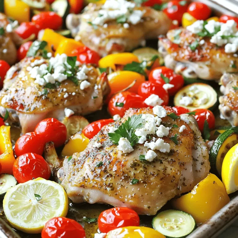 - 4 boneless, skinless chicken thighs - 1 pint cherry tomatoes, halved - 1 red bell pepper, sliced - 1 yellow bell pepper, sliced - 1 zucchini, sliced - 1 cup Kalamata olives, pitted - 1 cup crumbled feta cheese The main stars of this dish are the chicken thighs and veggies. Chicken thighs give you juicy flavor and stay tender when cooked. The fresh veggies add color and crunch, making every bite fun. Don’t forget the feta cheese! It melts beautifully and adds a salty kick to the mix. - 1 tablespoon olive oil - 2 teaspoons dried oregano - 1 teaspoon garlic powder - 1 teaspoon onion powder - Salt and pepper to taste The marinade is your secret weapon. Olive oil helps everything stay moist. Oregano gives a bright flavor that screams Greek. Garlic and onion powder add depth, while salt and pepper round it all out. This blend seeps into the chicken, making it taste amazing. - Fresh parsley, chopped for garnish - Lemon wedges for serving Garnishes are more than just pretty. Fresh parsley adds a pop of color and freshness. It brightens the dish. A squeeze of lemon juice at the end boosts flavor and adds zing. These small touches make a big difference. 1. First, preheat your oven to 400°F (200°C). This helps cook the chicken evenly. 2. Line a large baking sheet with parchment paper. This will keep the chicken and veggies from sticking. 1. In a small bowl, mix together 1 tablespoon of olive oil, 2 teaspoons of dried oregano, 1 teaspoon of garlic powder, and 1 teaspoon of onion powder. Add salt and pepper to taste. This will be your marinade. 2. Place 4 boneless, skinless chicken thighs in a large bowl. Pour the marinade over the chicken. Make sure each piece is covered well. Let it sit for at least 15 minutes. If you have time, let it marinate for up to 1 hour. This gives more flavor. 1. Spread the marinated chicken thighs on one side of the prepared baking sheet. Make sure they have space to cook. 2. In the same bowl, add 1 pint of halved cherry tomatoes, sliced red and yellow bell peppers, sliced zucchini, and 1 cup of pitted Kalamata olives. Toss them with a little olive oil, salt, and pepper. 3. Spread this vegetable mix on the other side of the baking sheet. 4. Bake everything in the oven for 25-30 minutes. Check that the chicken reaches 165°F (74°C) and the veggies get tender. 5. Once done, take the baking sheet out and sprinkle 1 cup of crumbled feta cheese over the chicken and vegetables. Return it to the oven for 5 more minutes. This warms the feta and makes it slightly melty. 6. After baking, let it rest for a few minutes. Garnish with fresh chopped parsley. Serve with lemon wedges for a zesty flavor boost. For the best taste, marinate your chicken for at least 15 minutes. If you have time, let it sit for up to 1 hour. This lets the flavors soak in deeply. If you want to try something new, mix up your marinade. You can use yogurt with herbs or lemon juice with garlic. Both options add a nice twist to the chicken. To ensure even cooking, place chicken thighs on one side of the pan. This keeps them away from the vegetables. Also, make sure they don’t touch. This allows hot air to flow around each piece. To check if the chicken is done, use a meat thermometer. The internal temperature should reach 165°F (74°C). This step keeps the chicken juicy and safe to eat. Choosing the best vegetables is key for this dish. I love using bell peppers, zucchini, and cherry tomatoes. They add great color and flavor. If you want variety, try asparagus or red onion. Different veggies cook at different rates. If you use firmer veggies like carrots, cut them smaller or add them earlier. This way, everything finishes cooking at the same time. {{image_2}} You can switch the chicken thighs for other proteins. Chicken breast works well if you want leaner meat. Tofu is a great choice for a plant-based option. Just make sure to marinate it well for flavor. You can also use fish like salmon or tilapia. Bake the fish for less time, around 15-20 minutes, until it's flaky and cooked through. Feel free to change the vegetables based on what you have. Seasonal veggies like asparagus or carrots add great taste and color. You can also use other bell pepper colors like green or orange for variety. Add some red onion or eggplant for extra flavor and texture. Mixing these different veggies keeps the dish fresh and exciting. Herbs and spices can truly change this dish. Try adding fresh herbs like basil or mint for a new twist. You can also use spices like paprika or cumin for a different taste. For a citrus kick, mix lemon juice or zest into your marinade. A light citrus dressing can brighten the whole dish. Experimenting with flavors will make this meal your own. To keep your Greek chicken tasty, use airtight containers. Glass or plastic containers work well. Store in the fridge right after cooling. This dish stays fresh for about 3 to 4 days. Always check for any bad smells or changes in color before eating. If you want to freeze it, place portions in freezer-safe bags. Squeeze out the air to prevent freezer burn. It can stay in the freezer for up to 3 months. When you're ready to eat, move it to the fridge overnight to thaw. Reheat in the oven at 350°F (175°C) for best texture. You can also use the microwave, but it might not be as crispy. For easy meal prep, make a double batch on the weekend. Portion it out for lunches or dinners throughout the week. Pair it with rice, quinoa, or a fresh salad to make it a full meal. You can also add a side of pita bread or tzatziki for extra flavor. Yes, you can use bone-in chicken for this dish. Bone-in chicken adds more flavor. To cook it right, you need to adjust the cooking time. Bake bone-in chicken for about 35-45 minutes. Check for an internal temperature of 165°F (74°C). The skin helps keep the meat moist. You may want to cover it with foil if it browns too quickly. You have many tasty options to serve with Greek chicken. Here are a few great side dishes: - Greek salad: Fresh tomatoes, cucumbers, and olives add a crisp touch. - Rice pilaf: A fluffy side that soaks up the chicken juices. - Pita bread: Perfect for scooping up the chicken and veggies. - Roasted potatoes: Crispy potatoes bring a filling element to the meal. - Tzatziki sauce: A cool yogurt sauce that complements the dish well. Yes, you can prepare this dish ahead of time. To make it easy, marinate the chicken the night before. Store it in the fridge for extra flavor. You can also chop the vegetables ahead of time. When ready to cook, simply assemble everything on the sheet pan. If you have leftovers, let them cool and store them in an airtight container. Reheat in the oven for best results. This blog post covered a delicious Greek chicken dish featuring chicken thighs, fresh veggies, and feta cheese. You learned how to make a tasty marinade and bake everything perfectly. I shared tips on marinating for flavor and gave storage advice for leftovers. Remember, you can mix it up with different proteins and veggies. Enjoy experimenting with flavors and make this dish your own. With a bit of prep, you can have a wonderful meal ready for the week. Keep cooking and have fun with your meals!