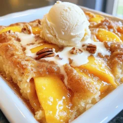 To make this yummy dessert, you need a few key items: - 4 cups fresh or canned peaches (drained if using canned) - 1 cup granulated sugar - 1 teaspoon ground cinnamon - 1 teaspoon vanilla extract - 1 box yellow cake mix - 1 cup unsalted butter, melted These ingredients create a sweet and rich flavor. The peaches add juice, while the sugar and cinnamon bring out their taste. The cake mix gives structure, and the butter makes it golden and gooey. You can add some fun textures to your dump cake with: - 1/2 cup chopped pecans or walnuts These nuts add a nice crunch. You can also top the dessert with vanilla ice cream or whipped cream for extra creaminess. The cold cream pairs perfectly with the warm cake. If you have dietary needs, you can make easy swaps. For a gluten-free option, use a gluten-free cake mix. If you want to use less sugar, try a sugar substitute. You can also use dairy-free butter for a vegan cake. These changes do not affect the great taste of this dessert. Just make sure to adjust cooking times if needed. Start by preheating your oven to 350°F (175°C). In a large bowl, combine 4 cups of fresh or canned peaches. If you use canned peaches, make sure to drain them well. Add 1 cup of granulated sugar to the peaches. Then, sprinkle in 1 teaspoon of ground cinnamon and 1 teaspoon of vanilla extract. Mix everything well until the peaches are coated in the sweet mixture. Next, pour the peach mixture into a greased 9x13 inch baking dish. Spread it evenly across the bottom. Now, take your box of yellow cake mix and sprinkle it evenly over the peach layer. Don't mix it; just ensure it covers the peaches. After that, drizzle 1 cup of melted unsalted butter over the top of the cake mix. If you like nuts, sprinkle 1/2 cup of chopped pecans or walnuts on top of the butter. Now it’s time to bake! Place the dish in your preheated oven. Bake for 40 to 45 minutes. Look for a golden brown top and bubbly edges. Once it’s done, take it out and let it cool for a few minutes. This will help the flavors settle before you serve. Enjoy your peach cobbler dump cake warm, maybe with some vanilla ice cream or whipped cream on top! To get the best crumb in your Peach Cobbler Dump Cake, follow these simple steps: - Use room temperature ingredients. This helps the cake mix blend well. - Make sure not to stir the cake mix with the peaches. Just sprinkle it on top. - Drizzle the melted butter evenly to ensure the cake cooks nicely. - Bake until the top is golden brown. This gives you that perfect crumb. Watch out for these common mistakes to get the best results: - Don’t skip draining canned peaches. Extra liquid can make it too soggy. - Avoid using too much butter. It can make the cake greasy. - Make sure your oven is preheated. This helps the cake rise properly. - Don’t overbake. Checking at 40 minutes ensures your cake stays moist. Add extra flavor and style to your Peach Cobbler Dump Cake: - Mix in a splash of almond extract for a nutty twist. - Top with toasted nuts for a lovely crunch. - Serve warm with vanilla ice cream or whipped cream for a treat. - Sprinkle extra cinnamon or nuts on top for a stunning finish. {{image_2}} You can swap peaches for other fruits. Try using berries, apples, or cherries. Each fruit adds its own unique flavor. You could even mix fruits for a fun twist. For example, combine peaches and blueberries for a sweet treat. Just remember to adjust the sugar based on the fruit's sweetness. While yellow cake mix is classic, you can explore other types. A spice cake mix adds warm flavors. Chocolate cake mix brings a rich twist. For a fun change, try a coconut cake mix. Each option gives a new spin on the original recipe. Just follow the same steps for layering and baking. To make this dish vegan, replace butter with coconut oil or vegan butter. Use a plant-based milk in the peach mixture for added moisture. For gluten-free needs, choose a gluten-free cake mix. This way, everyone can enjoy the dessert! Just make sure to check all labels when buying ingredients. To keep your Peach Cobbler Dump Cake fresh, store it in an airtight container. Make sure to let it cool completely before sealing. If you leave it out, it can dry out quickly. You can keep it in the fridge for up to five days. If you want to enjoy it later, freezing is a great option. When it's time to eat your leftovers, preheat your oven to 350°F (175°C). Place the cake in a baking dish. Cover it with foil to stop it from drying out. Heat for about 15 to 20 minutes. You can also use the microwave. Heat in short bursts, about 30 seconds at a time. Check often to avoid overcooking. If you want to freeze your Peach Cobbler Dump Cake, make sure it cools first. Cut it into portions for easy serving later. Wrap each piece in plastic wrap. Then place them in a freezer bag. It can last up to three months in the freezer. To enjoy it, let it thaw in the fridge overnight. Then reheat as I shared above. Yes, you can use frozen peaches. Just thaw them first. Drain any extra juice before mixing. This will keep your dump cake from being too watery. Frozen peaches work well in this recipe. They can still taste great and save you time. Peach Cobbler Dump Cake lasts about 3 to 4 days if stored properly. Keep it covered in the fridge. The flavors will stay nice, but it may get a bit soggy. You can also reheat it in the oven. Enjoy it warm for the best taste. You can serve this dessert with vanilla ice cream or whipped cream. Both add a nice creamy texture. For a fun twist, sprinkle extra cinnamon on top. Chopped nuts can add crunch too. Get creative and enjoy the mix of flavors! In this post, I shared how to make a delicious Peach Cobbler Dump Cake. We covered key ingredients, from the core flavors to optional textures and substitutions for diets. I detailed each step, from preparing the peach mixture to baking. I also offered tips to avoid common mistakes and enhance flavor. You learned about variations, storage tips, and answers to common questions. This recipe is simple and versatile, making it perfect for any dessert lover. Enjoy your baking and create tasty memories with this delightful treat!