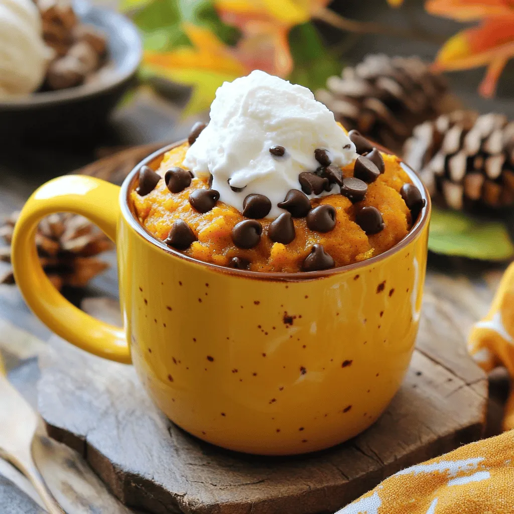 For this easy mug cake, you'll need: - 4 tablespoons all-purpose flour - 2 tablespoons granulated sugar - 1/4 teaspoon baking powder - 1/4 teaspoon ground cinnamon - 1/8 teaspoon ground nutmeg - A pinch of salt - 3 tablespoons canned pumpkin puree - 2 tablespoons milk (or dairy-free alternative) - 1 tablespoon vegetable oil - 2 tablespoons chocolate chips These ingredients work together to create a moist, sweet treat. The pumpkin adds flavor and moisture, while the chocolate chips give a sweet surprise in every bite. You can make your mug cake even better with some tasty toppings. Here are a few ideas: - Whipped cream - Ice cream - A sprinkle of cinnamon - Chopped nuts Feel free to mix and match. Each topping changes the flavor and makes it special. You can also try adding different flavors like vanilla or even a dash of pumpkin spice. Accurate measuring is key to a great mug cake. Here are some tips: - Use dry measuring cups for flour and sugar. - Level off the flour and sugar with a knife for precision. - For liquids, use a liquid measuring cup. - Always pack the pumpkin puree lightly in the cup. These tips ensure you get the right texture and taste. When you measure well, your mug cake will turn out just right every time! Start by picking a microwave-safe mug. This is important for safety. In your mug, add: - 4 tablespoons all-purpose flour - 2 tablespoons granulated sugar - 1/4 teaspoon baking powder - 1/4 teaspoon ground cinnamon - 1/8 teaspoon ground nutmeg - A pinch of salt Whisk these dry ingredients together. Mix until everything is combined. This helps blend the flavors well. Next, it’s time to add the wet ingredients. Add the following to your dry mix: - 3 tablespoons canned pumpkin puree - 2 tablespoons milk (or dairy-free alternative) - 1 tablespoon vegetable oil Stir the mixture until it becomes a smooth batter. You want a nice, thick texture. This is where the pumpkin flavor really shines. Now, fold in: - 2 tablespoons chocolate chips Gently mix them into the batter. They will melt slightly when cooked. Place the mug in the microwave. Cook it on high for 1 minute and 30 seconds. Keep an eye on it, as some microwaves cook faster than others. Watch for overflow, as it can happen. When done, let it cool for one minute. If you like, top your cake with whipped cream or ice cream for extra fun! To make your chocolate chip pumpkin mug cake perfect, use fresh ingredients. Old baking powder can make your cake flat. Measure your flour carefully. Too much flour can dry out your cake. Mix your batter just until smooth. Overmixing can lead to a tough texture. Don’t skip the chocolate chips; they add sweet bites of joy. Experiment with spices like ginger for a fun twist! To prevent overflow, use a larger mug. Leave some space at the top. Microwaves cook differently, so keep an eye on it. Stop the microwave if it starts to rise too much. If your cake overflows, don’t worry; just clean the microwave after. Each microwave is unique, so adjust the cooking time as needed. You can also bake your mug cake in the oven. Preheat the oven to 350°F. Pour the batter into a small, oven-safe dish. Bake for about 15 to 20 minutes. Check with a toothpick; it should come out clean. This method gives a nice crust and a fluffy center. You can try a toaster oven too; just keep an eye on it! {{image_2}} You can make this mug cake healthier. Try using whole wheat flour instead of all-purpose flour. It adds fiber and nutrients. You can also swap out granulated sugar for coconut sugar. This sugar has a lower glycemic index. If you want to cut calories, use unsweetened applesauce in place of some oil. It keeps the cake moist while reducing fat. You can change the flavor of your mug cake easily. Add a splash of vanilla extract for extra sweetness. You might also toss in some chopped nuts for crunch. If you love spices, consider adding ginger or cloves. These spices add warmth and depth to the cake. For a fun twist, try using peanut butter chips instead of chocolate. Making your cake vegan is simple. Replace milk with almond milk or another plant-based option. Use a vegan butter for oil if you wish. For a gluten-free option, swap the flour for a gluten-free blend. This keeps the texture soft and tasty. Just make sure your baking powder is gluten-free too. Enjoy your custom mug cake that fits your diet! To keep your chocolate chip pumpkin mug cake fresh, store it in an airtight container. This helps to keep moisture in and air out. You can also cover the mug with plastic wrap if you prefer. If you have leftovers, refrigerate them. The cake can last for up to three days in the fridge. When you're ready to enjoy your mug cake again, simply take it out of the fridge. Place it in the microwave for about 15 to 20 seconds. Check if it's warm enough for you. If not, heat it for a few more seconds. Avoid overheating, or the cake might become dry. Most ingredients in this cake have a good shelf life. All-purpose flour can last for months if stored properly. Granulated sugar can last even longer. Canned pumpkin puree usually stays good for about a year if unopened. After opening, store it in the fridge and use it within a week. Chocolate chips can last for several months, too. Always check the expiry dates for the best results. To make your mug cake vegan, swap regular milk for a dairy-free milk. Use almond, soy, or oat milk. For the oil, you can stick with vegetable oil. It’s vegan-friendly. Replace the egg with 3 tablespoons of applesauce. This keeps your cake moist and fluffy. Yes, you can use fresh pumpkin! First, cook your pumpkin until soft. Then, mash it well. Make sure it’s smooth before adding it to your mix. Fresh pumpkin adds a nice flavor, but it may have more moisture. Adjust your flour if needed to keep the texture right. If you don’t have a mug, use a bowl or ramekin. Make sure it’s microwave-safe. The cooking time might change slightly, so watch it closely. You want a nice, fluffy cake, not a hard one. Your mug cake is done when it looks set and springs back when touched. The top should not be wet or gummy. If it’s still wet, microwave it for another 10 to 15 seconds. Let it cool before you dive in! This blog post explored how to make a tasty Chocolate Chip Pumpkin Mug Cake. You learned about key ingredients, optional toppings, and measuring tips. I shared step-by-step instructions to mix and cook your cake in a microwave. You also found helpful tips to perfect your mug cake and avoid messes. Feel free to try different variations, like healthier swaps or vegan options. Remember the storage info for your leftovers. Enjoy your delicious mug cake any time!