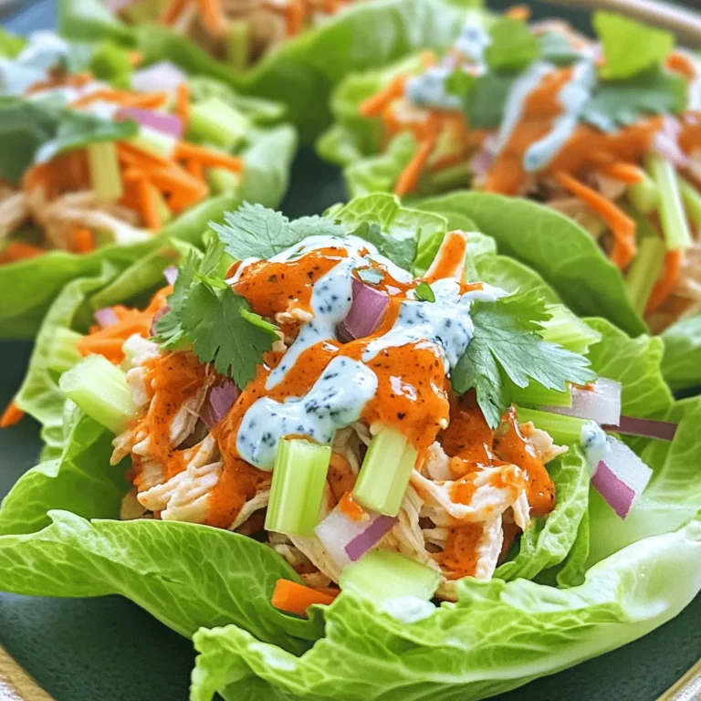 - 1 pound cooked chicken breast, shredded - 1/2 cup buffalo sauce (adjust based on spice preference) - 1 tablespoon olive oil - 1/2 cup celery, finely diced - 1/4 cup red onion, finely diced - 1 cup shredded carrots - 1/2 cup blue cheese dressing (or ranch dressing) - 1 head of butter lettuce or romaine lettuce, leaves separated - Fresh cilantro - Extra blue cheese dressing I love how these ingredients come together to make a tasty meal. The cooked chicken breast is the main star here. You can shred it easily and mix it with buffalo sauce. This sauce adds a nice kick. Adjust the amount to suit your spice level. Add olive oil for cooking. It helps sauté the veggies just right. Speaking of veggies, the diced celery and red onion give a nice crunch. They soften a bit when you sauté them. Don’t forget the shredded carrots! They add sweetness and color. You can drizzle blue cheese or ranch dressing over them for extra flavor. Finally, grab some butter or romaine lettuce. These leaves serve as your wraps. They hold all the filling well. For a pop of color, you can top with fresh cilantro. If you love blue cheese, an extra drizzle of dressing is a great touch. To start, take your cooked chicken breast and shred it. I like to use two forks for this task. Next, place the shredded chicken in a mixing bowl. Pour in the buffalo sauce. Mix it well until the chicken is fully coated. The buffalo sauce gives it that spicy kick. You can adjust the amount based on your taste. Now, let’s move on to the veggies. Grab a large skillet and heat one tablespoon of olive oil over medium heat. Once the oil is hot, add the finely diced celery and red onion. Sauté these for about 3-4 minutes. You want them to soften and release their flavors. Stir them around to ensure even cooking. After they are soft, stir in the buffalo chicken mixture. Cook this for another 2-3 minutes. This allows the flavors to meld together. Taste it and add salt and pepper as needed. It’s time to put everything together! In a separate bowl, mix the shredded carrots with a drizzle of blue cheese dressing. This adds a creamy touch to the wraps. Now, take a lettuce leaf and spoon some of the buffalo chicken mixture into the center. Top it off with a few spoonfuls of the carrot and blue cheese mixture. If you like, you can sprinkle fresh cilantro on top. Finally, roll or fold the lettuce leaf to enclose the filling. Serve these wraps right away for a fresh, tasty meal! To change the spice of your buffalo sauce, add butter. This helps calm the heat. You can also mix in honey for a sweet touch. If you want less spice, use less buffalo sauce. Start with a smaller amount and taste as you go. This way, you control the heat in your wraps. For a great crunch, use fresh vegetables. Finely diced celery and red onion add a nice bite. Shredded carrots bring sweetness and color. Mix the shredded chicken well with sauce to coat each piece. This makes every bite tasty and flavorful. Don’t forget the crunch from the lettuce! Buffalo chicken lettuce wraps pair well with many sides. Try carrots and celery sticks for a fresh crunch. You can also serve with blue cheese or ranch dressing as a dip. If you want something warm, serve sweet potato fries. They balance the spicy chicken well and add a nice touch. Enjoy your meal! {{image_2}} You can make these wraps lighter by swapping some ingredients. Try using grilled chicken instead of shredded chicken. This cuts down on fat. You can also use a low-calorie buffalo sauce. It gives you the same kick without the extra calories. For a creamy touch, use Greek yogurt instead of blue cheese dressing. It adds protein and taste. To change the flavor, add new spices or sauces. Try adding garlic powder or smoked paprika to the chicken mix. This boosts the flavor and adds depth. You can also use different sauces like barbecue or teriyaki for a fun twist. Mix in some lime juice for a zesty kick. You can even add fresh herbs like dill or parsley for a fresh taste. These wraps can fit many diets. For a gluten-free option, use gluten-free buffalo sauce and check the dressing. If you want a dairy-free version, skip the cheese dressing or use a plant-based alternative. For vegetarian wraps, replace chicken with cooked lentils or chickpeas. They offer a great texture and protein. To keep your buffalo chicken mixture fresh, place it in an airtight container. Store it in the fridge for up to three days. Make sure to let the mixture cool before sealing. This helps prevent moisture buildup, which can make your chicken soggy. When it’s time to enjoy your leftovers, reheat them gently. You can use a skillet on medium heat. Add a splash of water or chicken broth to keep the chicken moist. Stir frequently for about five minutes or until heated through. You can also use the microwave, but cover the bowl to avoid drying it out. Heat in 30-second bursts, stirring in between. If you want to save some for later, freezing is a great choice. Portion the buffalo chicken mixture into freezer-safe bags. Remove as much air as possible before sealing. It can last for up to three months in the freezer. When you’re ready to eat, thaw it in the fridge overnight. For a quicker option, you can defrost it in the microwave on low power. Yes, you can use rotisserie chicken. It saves time and adds great flavor. Just shred it and mix it with the buffalo sauce. This method makes the dish quick and easy. Plus, it keeps the meal juicy and tender. You can enjoy a tasty meal in no time. If you want a milder flavor, try barbecue sauce. You can also use teriyaki sauce for a sweet twist. For a different heat, try sriracha or a spicy garlic sauce. Mix it with a little vinegar for extra zing. Each option gives the wraps a unique taste. Each serving of Buffalo Chicken Lettuce Wraps has about 350 calories. This includes the chicken, sauce, and dressing. If you use light dressing, you can lower the calorie count. The wraps are a great low-carb option, making them perfect for a healthy meal. This blog post covered all you need for Buffalo Chicken Lettuce Wraps. We explored main ingredients like chicken, buffalo sauce, and veggies. I shared tips on spice levels and textures for the perfect bite. You can even find variations for dietary needs and storage advice for leftovers. As you make these wraps, remember to enjoy the process and adjust to your taste. Try different spices and dips to keep things fun. Happy cooking!