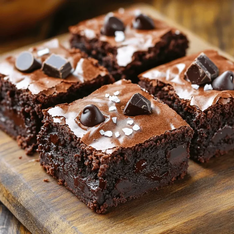 - 1 cup unsalted butter - 1 cup granulated sugar - 1 cup packed brown sugar - 4 large eggs - 1 teaspoon vanilla extract - 1 cup all-purpose flour - 1 cup unsweetened cocoa powder - 1 teaspoon baking powder - 1/2 teaspoon salt - 1 cup semi-sweet chocolate chips - 1/2 cup white chocolate chips - 1/2 cup dark chocolate chunks - Flaky sea salt for topping (optional) Fudgy triple chocolate brownies need simple, easy-to-find ingredients. The butter adds richness, while both sugars give sweetness and texture. Eggs bring moisture and help the brownies rise. Vanilla adds flavor. The flour and cocoa powder create the base. Baking powder helps them rise, and salt balances the sweetness. For the chocolate lovers, we add semi-sweet chocolate chips, white chocolate chips, and dark chocolate chunks. Each type of chocolate adds its own unique taste. You can also top with flaky sea salt for a nice touch of flavor. This blend creates a rich, fudgy brownie that’s hard to resist. Make sure you gather all these ingredients before starting. Having everything ready makes the process smooth and enjoyable. You’ll have a delicious treat in no time! 1. Preheat the oven and prepare the baking dish Set your oven to 350°F (175°C). Take a 9x13 inch baking dish and grease it. Line the dish with parchment paper. Leave some paper hanging over the sides. This makes it easy to lift the brownies out later. 2. Melt butter and combine sugars In a medium saucepan, melt 1 cup of unsalted butter over low heat. Once it is melted, take it off the heat. Stir in 1 cup of granulated sugar and 1 cup of packed brown sugar. Mix until you see no lumps. 3. Add eggs and vanilla Let the mixture cool for a few minutes. Then, add 4 large eggs one at a time. Whisk each egg in well before adding the next. Finally, add 1 teaspoon of vanilla extract. Mix until everything is smooth. 1. Combine dry ingredients In another bowl, sift together 1 cup of all-purpose flour, 1 cup of unsweetened cocoa powder, 1 teaspoon of baking powder, and 1/2 teaspoon of salt. This step helps to avoid lumps in your batter. 2. Fold dry into wet ingredients Gradually add the dry mix to the wet mix. Use a spatula to fold them together. Be careful to mix until just combined. Overmixing can make the brownies tough. 3. Add chocolate chips and chunks Gently fold in 1 cup of semi-sweet chocolate chips, 1/2 cup of white chocolate chips, and 1/2 cup of dark chocolate chunks. Make sure they are evenly spread throughout the batter. 1. Pour batter into the baking dish Transfer the brownie batter to the prepared baking dish. Spread it out evenly. 2. Add flaky sea salt (optional) If you like, sprinkle a pinch of flaky sea salt on top. This enhances the chocolate flavor. 3. Bake and test for doneness Place the dish in the oven and bake for 25-30 minutes. To check if they are done, insert a toothpick into the center. If it comes out with a few moist crumbs, they are ready. Do not overbake to keep them fudgy. To get that perfect fudgy texture, you must not overmix the batter. When you mix too much, the brownies can become cake-like. Mix until you see no dry flour, then stop. Testing doneness is key too. Insert a toothpick into the center. If it comes out with a few moist crumbs, they are ready. A clean toothpick means overbaking, which ruins the fudginess. You can use different types of chocolate for your brownies. Semi-sweet chocolate gives a nice balance. Dark chocolate adds depth, while white chocolate brings sweetness. Don’t have all three? Use what you have! For dietary needs, swap butter with coconut oil and eggs with flax eggs. You can also use dairy-free chocolate chips to make this recipe vegan-friendly. Serving brownies can be fun! You can slice them into squares or serve them warm. Top with a scoop of vanilla ice cream for a classic treat. Drizzle hot fudge or caramel sauce over the top for extra indulgence. Fresh berries also pair well, adding a nice tartness to the sweetness. {{image_2}} You can add a fun twist to your brownies by mixing in nuts. Walnuts or pecans work great. Just chop them up and fold them into the batter. This adds a nice crunch to the fudgy texture. Plus, it enhances the chocolate flavor. Aim for about one cup of nuts for a balanced mix. You will enjoy the rich taste of chocolate with a nutty surprise. Want a vegan version? You can easily swap some ingredients. Use applesauce or mashed bananas instead of eggs. For butter, try coconut oil or a vegan butter blend. Replace regular chocolate chips with dairy-free ones. This keeps the fudgy texture while making it plant-based. You won’t lose any flavor, and the brownies will still taste amazing. If you need a gluten-free option, switch to gluten-free flour. Almond flour or coconut flour are good choices. Just keep in mind that you may need to adjust the amounts. A mix of gluten-free all-purpose flour also works well. This allows you to enjoy delicious brownies without worrying about gluten. The taste will still satisfy your chocolate cravings. To keep your brownies fresh, store them at room temperature. Place them in an airtight container. You can also use plastic wrap to cover the brownies. This keeps them soft and moist. They will stay good for up to four days. If you cut the brownies, use parchment paper between layers. This prevents sticking. For long-term storage, freezing is the best option. First, let the brownies cool completely. Then, wrap them tightly in plastic wrap. After that, place them in a freezer bag or an airtight container. This way, they can last up to three months. When you want to eat them, just pull them out and let them thaw at room temperature. To restore that fudgy texture, you can reheat the brownies. Preheat your oven to 350°F (175°C). Place the brownies on a baking sheet. Cover them with aluminum foil to keep them moist. Heat for about 10 minutes. You can also use a microwave. Place a brownie on a microwave-safe plate. Warm it for about 10-15 seconds. This will help melt the chocolate and bring back that gooey goodness. You can tell when brownies are done by checking a few signs. First, look for a shiny top. The edges should pull slightly away from the pan. A toothpick inserted in the center should come out with a few moist crumbs. If it comes out clean, they might be overbaked. Aim for that perfect fudgy texture, which is best when they are slightly underbaked. Yes, you can make these brownies ahead of time! Once they cool, store them in an airtight container at room temperature. They will stay fresh for up to three days. If you want to keep them longer, wrap them well and freeze them. Just make sure to let them thaw at room temperature before serving. You can even warm them in the oven for a few minutes to bring back that gooey goodness. No worries if you lack some ingredients! Here are some easy swaps. If you're missing eggs, use a flax egg or applesauce. You can substitute granulated sugar with coconut sugar or honey, but this may change the texture. For flour, use whole wheat or gluten-free flour if needed. If you can't find all the chocolates, use just one type or mix in nuts for added crunch. Always feel free to get creative with what you have on hand! We explored the key ingredients needed to make rich, fudgy brownies. The step-by-step guide breaks down preparation, mixing, baking, and tips for success. We even discussed variations like nutty or vegan options. Proper storage ensures your brownies stay fresh. In conclusion, making these brownies is simple and fun. Enjoy the process, tweak the recipe, and share your delicious treats! The joy of baking lies in creating something sweet and delightful.