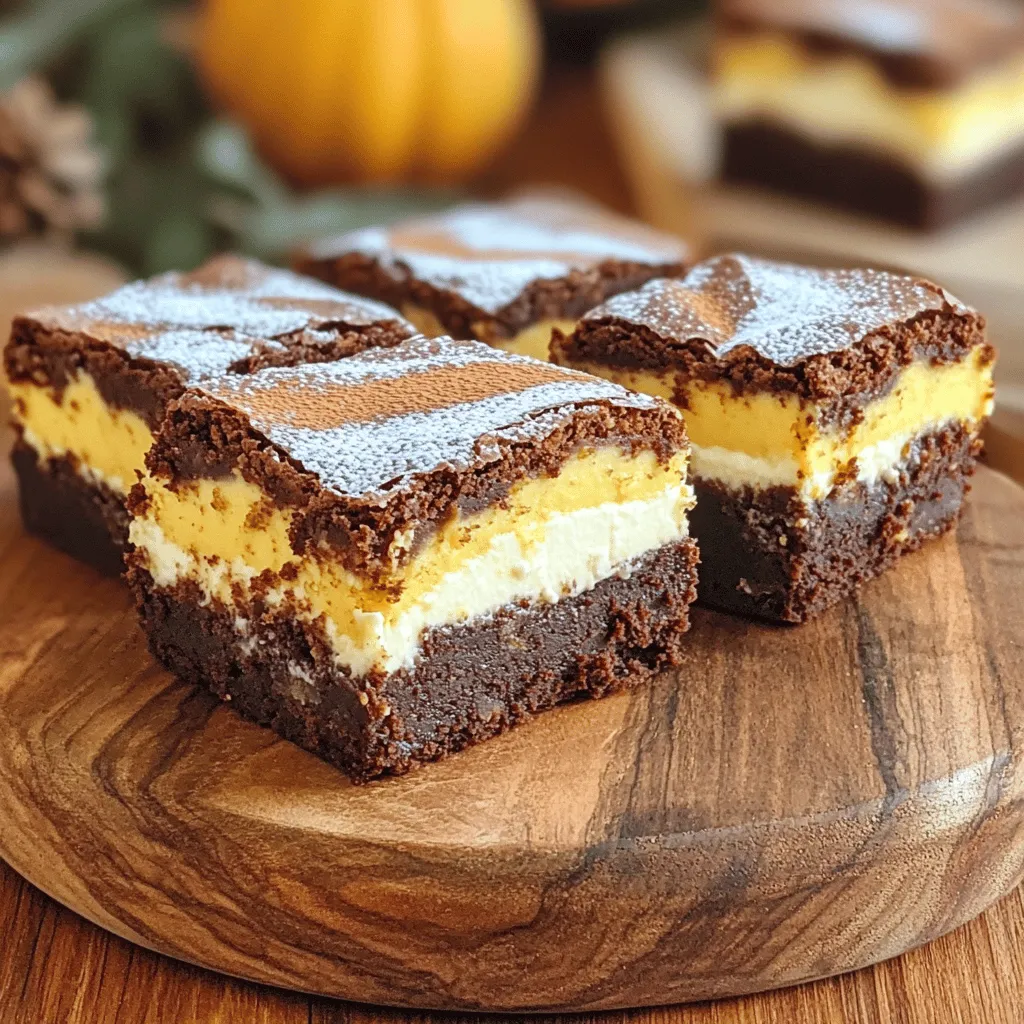 To create the perfect Pumpkin Cream Cheese Brownies, gather these simple ingredients: - 1 cup all-purpose flour - 1/2 teaspoon baking powder - 1/2 teaspoon baking soda - 1/4 teaspoon salt - 1/2 cup unsweetened cocoa powder - 1 cup granulated sugar - 1/2 cup brown sugar, packed - 1/2 cup vegetable oil - 2 large eggs - 1 teaspoon vanilla extract - 1 cup pumpkin puree (not pumpkin pie filling) - 1 teaspoon ground cinnamon - 1/2 teaspoon ground nutmeg - 1/4 teaspoon ground cloves - 8 oz cream cheese, softened - 1/4 cup powdered sugar - 1/2 teaspoon vanilla extract (for cream cheese layer) Each ingredient plays a key role in the flavor and texture of these brownies. The cocoa powder gives a rich chocolate taste. The pumpkin puree adds moisture and a hint of fall flavor. The cream cheese layer brings a tangy sweetness that balances the rich brownie base. Make sure you have everything on hand before you start. This will help you enjoy the process and create a tasty treat. If you want to customize these brownies, consider adding chocolate chips or nuts for extra texture. - Preheat the oven to 350°F (175°C). - Grease a 9x9-inch baking pan or line it with parchment paper. - In a medium bowl, whisk together: - 1 cup all-purpose flour - 1/2 teaspoon baking powder - 1/2 teaspoon baking soda - 1/4 teaspoon salt - 1/2 cup unsweetened cocoa powder - In a large bowl, mix: - 1 cup granulated sugar - 1/2 cup brown sugar, packed - 1/2 cup vegetable oil - Add in 2 large eggs, one at a time. Mix until smooth. - Stir in 1 teaspoon vanilla extract and 1 cup pumpkin puree until blended. - Gradually fold the dry ingredients into the wet mix. Stop mixing when just combined. - In another bowl, mix: - 8 oz cream cheese, softened - 1/4 cup powdered sugar - 1/2 teaspoon vanilla extract - Pour half of the brownie batter into the prepared pan. Smooth it out evenly. - Drop spoonfuls of the cream cheese mixture over the brownie layer. - Pour the rest of the brownie batter on top. - Use a knife to swirl the cream cheese layer gently for a marbled look. - Bake for 30-35 minutes. The toothpick test will help check doneness. A few moist crumbs are okay. - Once baked, cool the brownies in the pan for at least 15 minutes. Then transfer to a wire rack. To make perfect brownies, you must avoid overmixing the batter. Mixing too much can lead to tough brownies. Blend the wet and dry ingredients just until you see no dry flour. This keeps your brownies soft and fudgy. For baking time, I recommend 30 to 35 minutes at 350°F (175°C). To check if your brownies are done, insert a toothpick into the center. If it comes out with a few moist crumbs, they are ready. The toothpick should not be clean, as that means they might be overbaked. When serving your brownies, cut them into neat squares. Use a decorative platter to make them look inviting. Dust the top with powdered sugar for a lovely finish. A sprinkle of cinnamon adds a festive touch and enhances the warm flavors. You can also add toppings to boost flavor. Try whipped cream, caramel sauce, or chocolate drizzle. Chopped nuts or mini chocolate chips can add a nice crunch. These toppings make each bite even more delightful. If you want to swap sweeteners, you can use coconut sugar or maple syrup. Both options provide a rich flavor. For flour, almond flour or oat flour works well, especially for gluten-free brownies. For those who prefer vegan options, try using a plant-based cream cheese. You can also replace eggs with flaxseed meal or applesauce. These substitutions maintain the creamy texture in the cream cheese layer while keeping it vegan-friendly. {{image_2}} Add fun flavors to your brownies. Use pumpkin spice mix for warm notes. Ground cinnamon, nutmeg, and cloves bring out the fall vibe. You can also add chocolate chips for a sweet twist. Nuts like walnuts or pecans add crunch and texture. These small changes make your brownies unique and delicious. Need a gluten-free option? Swap all-purpose flour for almond or coconut flour. This keeps the texture nice and moist. For those watching sugar, use a sugar substitute like erythritol. You can also reduce the sugar in the brownie mix. This way, you still enjoy your treat without the guilt. During the holidays, try adding peppermint extract for a festive touch. It pairs well with pumpkin and chocolate flavors. You can also add chopped apples or pears for extra fruity goodness. These seasonal ingredients enhance the taste and look of your brownies. Embrace the flavors of fall and holiday cheer! To keep your pumpkin cream cheese brownies soft, store them in a cool place. Use an airtight container to keep them fresh. If you keep them at room temperature, they will taste best for about three days. If you need to store them longer, the fridge is a good option. Just remember, the fridge can dry them out a little. Freezing brownies is easy. Cut them into squares, then wrap each piece tightly in plastic wrap. Place the wrapped brownies in a freezer-safe bag. This will help keep them moist. You can freeze them for up to three months. When you’re ready to eat, thaw them in the fridge overnight or at room temperature for a couple of hours. To enjoy your brownies warm, you can reheat them. Use a microwave for quick warming. Heat them in short bursts of 10-15 seconds. Check often to avoid drying them out. Another option is to use an oven. Preheat it to 350°F (175°C), and place the brownies in for about 5-10 minutes. This method helps keep them soft and tasty. How to tell when the brownies are done? You can check if the brownies are done by using a toothpick. Insert it into the center. If it comes out with a few moist crumbs, your brownies are perfect. If it comes out clean, they may be overbaked. Can I use canned pumpkin for this recipe? Yes, you can use canned pumpkin! Make sure to get pure pumpkin puree, not pumpkin pie filling. This will give you the best flavor and texture in your brownies. What can I substitute for cream cheese? You can use Greek yogurt or silken tofu as a cream cheese substitute. These options will change the taste and texture, but they can work well. Can I make these brownies ahead of time? Absolutely! You can bake the brownies a day in advance. Just store them in an airtight container at room temperature. They stay fresh and tasty. How do I fix overbaked brownies? If your brownies are overbaked, try adding a glaze or frosting. You can also serve them warm with ice cream. This will help mask any dryness. What flavors pair well with pumpkin brownies? Pumpkin brownies taste great with flavors like chocolate, caramel, and vanilla. You can also add warm spices like cinnamon and nutmeg for extra warmth. Can I cut these brownies into smaller portions? Yes, cutting brownies into smaller squares is a great idea! It makes them easy to share and perfect for parties. Just make sure to let them cool completely before cutting. This blog post covered delicious pumpkin cream cheese brownies. We went through the key ingredients, step-by-step notes, and tailored tips. I shared variations for flavors and dietary needs, plus how to store them. These brownies are simple, tasty, and perfect for any season. Enjoy making them at home, and don't forget to experiment with your favorite flavors!