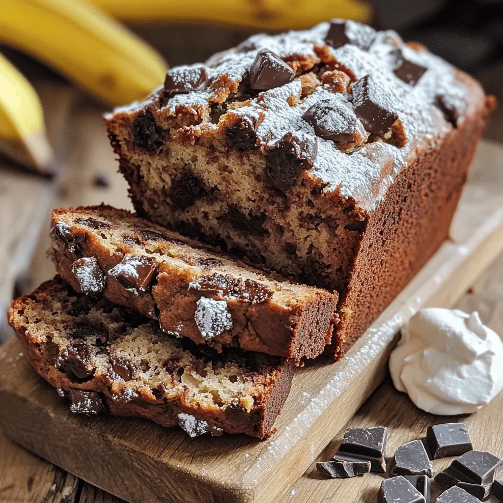 - 3 ripe bananas, mashed - 1/2 cup unsalted butter, melted - 1 cup brown sugar, packed - 2 large eggs - 1 teaspoon vanilla extract - 1 teaspoon baking soda - 1/4 teaspoon salt - 1 1/2 cups all-purpose flour - 1 cup dark chocolate chunks - 1/4 cup chopped walnuts (optional) The ingredients for chocolate chunk banana bread are simple but essential. Each one plays a key role in the taste and texture. Alternatives for bananas If you lack ripe bananas, try unsweetened applesauce. Use 1/2 cup of applesauce for each banana. You can also use mashed sweet potatoes. They add a nice flavor. Butter substitutes If you want a dairy-free option, use coconut oil or vegan butter. Both will keep the bread moist and rich. Sugar options You can swap brown sugar for coconut sugar. Honey or maple syrup works too, but reduce the liquid in the recipe slightly. Each option gives a unique flavor twist. First, we need to get the oven ready. Preheat it to 350°F (175°C). This is the perfect temperature for baking. Next, grab a 9x5 inch loaf pan. Grease it well to stop the bread from sticking. You can use butter or cooking spray for this. In a large bowl, mash the ripe bananas until smooth. Then, add the melted butter to the bananas. Mix them well until blended. Now, it’s time to add the brown sugar. Stir this in until the mixture is smooth. Next, beat in the eggs one at a time. Don't forget the vanilla extract. This adds a lovely flavor! Now, sprinkle the baking soda and salt over the mixture. Gently fold it in to combine. Next, add the all-purpose flour. Stir just until the flour disappears. Be careful not to overmix; this keeps the bread fluffy. Finally, fold in the dark chocolate chunks and chopped walnuts if you like. These will give your banana bread a delicious crunch. Pour the batter into your prepared loaf pan. Smooth the top with a spatula. Place the pan in the oven and bake for 60-65 minutes. Check if it’s done by inserting a toothpick into the center. It should come out clean. Once baked, take it out and let it cool in the pan for about 10 minutes. Then, move the bread to a wire rack to cool completely. This helps it stay soft and tasty. Using ripe bananas is key. Look for bananas with brown spots. They are sweet and soft, perfect for baking. If your bananas are not ripe, you can bake them at 300°F for about 15 minutes. This softens them quickly. Mixing the batter is also important. Combine wet and dry ingredients gently. Overmixing makes the bread tough. Stir until just blended. This keeps your banana bread light and fluffy. To check for doneness, insert a toothpick in the center. If it comes out clean, your bread is done. If not, give it a few more minutes. Each oven is different, so keep an eye on it. For the loaf pan, use a 9x5 inch pan. This size helps the bread bake evenly. If using a different size, adjust the baking time. Serve your banana bread warm. A dollop of whipped cream on top adds a nice touch. You can also sprinkle powdered sugar for extra sweetness. For a cozy look, slice the bread and stack it on a wooden board. Scatter extra chocolate chunks around for a fun presentation. This makes your dessert even more inviting! {{image_2}} You can change your banana bread with fun add-ins. Nuts are a classic choice. They add a nice crunch. If you want a softer loaf, skip the nuts. You can use walnuts or pecans for a deep flavor. Now, let’s talk about chocolate. Dark chocolate chunks are rich and bold. You can also use milk chocolate for a sweeter taste. White chocolate adds a creamy flavor. Each type gives a unique twist to your bread. Feel free to mix them up! Adding spices can really elevate your banana bread. A sprinkle of cinnamon brightens the flavor. Nutmeg brings warmth and depth. Use just a pinch to avoid overpowering the bananas. Swapping out extracts can also change the taste. Almond extract gives a nice nutty flavor. Rum extract adds a hint of fun. You can get creative and find what you like best! If you need gluten-free banana bread, you have options. Use a gluten-free flour blend to replace regular flour. This keeps the texture light and fluffy. For a vegan version, swap the eggs for flaxseed meal. Mix one tablespoon of flaxseed with three tablespoons of water. Let it sit for five minutes to thicken. You can also use coconut oil instead of butter. These simple swaps make your banana bread friendly for all diets! You can store banana bread at room temperature or in the fridge. If you keep it at room temperature, wrap it tightly in plastic wrap or foil. This keeps it moist and fresh. Place it in a cool, dry spot away from sunlight. If you choose the fridge, wrap it well too. This helps it last longer but may make it drier. To freeze banana bread, first, let it cool completely. Slice it into pieces for easy thawing. Wrap each slice tightly in plastic wrap, then place them in a freezer bag. Squeeze out any air before sealing. This helps prevent freezer burn. When you want to enjoy a slice, remove it from the freezer. Let it thaw in the fridge overnight or on the counter for a few hours. Banana bread can last about 3 to 4 days at room temperature. In the fridge, it may stay fresh for up to a week. If frozen, it can last up to 3 months. Watch for signs of spoilage, like mold or a sour smell. If it looks or smells bad, it’s best to throw it away. Can I use frozen bananas? Yes, you can use frozen bananas. Just thaw them first. Drain any extra liquid before mashing. Frozen bananas actually work well in banana bread. They add great flavor and moisture. Why is my banana bread dense? Banana bread can be dense for a few reasons. Overmixing the batter is one cause. It can also happen if you use too many bananas. Make sure to measure your ingredients correctly. Can I double the recipe? You can double the recipe. Just use a larger bowl to mix. Be sure to adjust your baking time. A larger loaf may need more time in the oven. Is it possible to bake in different pan sizes? Yes, you can use different pan sizes. Adjust the baking time based on the size. A smaller pan may bake faster, while a larger pan may take longer. Always check for doneness with a toothpick. What to do if banana bread is too dry? If your banana bread is dry, try adding a bit of milk. You can also spread some butter on a slice. This will help add moisture back to the bread. How to fix undercooked banana bread? If your banana bread is undercooked, return it to the oven. Bake it for another 5-10 minutes. Check it again with a toothpick. Make sure it comes out clean before removing it. You now have all you need to make delicious chocolate chunk banana bread. Start with ripe bananas and follow the step-by-step guide for success. Remember the tips for texture and baking to ensure a perfect loaf every time. Feel free to explore variations and adjustments to match your taste or dietary needs. With proper storage, your banana bread will stay fresh. Try this recipe today and enjoy the delightful flavors that chocolate and banana bring together. Happy baking!