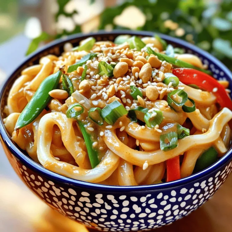 For this dish, you will need 200g of udon noodles. Udon noodles are thick and chewy. They soak up the sauce well. You can find them in Asian markets or grocery stores. They cook quickly, making them great for busy days. The sauce gives this dish its rich flavor. You will need: - 4 tablespoons of smooth peanut butter - 2 tablespoons of low-sodium soy sauce - 1 tablespoon of sesame oil - 1 tablespoon of sriracha sauce (adjust for spice preference) - 1 tablespoon of honey or maple syrup - 1 tablespoon of rice vinegar - 1 garlic clove, minced - 1 teaspoon of fresh ginger, grated These ingredients blend to create a creamy, spicy sauce. The peanut butter adds depth, while sriracha brings heat. The honey or maple syrup balances the flavors. Fresh produce adds color and crunch. You will need: - 1 small red bell pepper, thinly sliced - 2 green onions, chopped - 1 cup of snap peas or snow peas The bell pepper adds sweetness. Green onions add a mild onion flavor. Snap peas provide a nice crunch. These veggies mix well with the noodles and sauce, making every bite exciting. To start, you need to cook the udon noodles. Boil water in a pot. Once the water is bubbling, add the noodles. Cook them according to the package instructions, usually about 8-10 minutes. When they are tender, drain the noodles and set them aside. Make sure to rinse them briefly under cold water. This helps stop the cooking process. Next, let’s make the peanut sauce. In a mixing bowl, add 4 tablespoons of smooth peanut butter. Then, pour in 2 tablespoons of low-sodium soy sauce. Add 1 tablespoon of sesame oil for a rich flavor. If you like heat, add 1 tablespoon of sriracha sauce. You can adjust this for your spice preference. Next, mix in 1 tablespoon of honey or maple syrup, followed by 1 tablespoon of rice vinegar. Finally, add 1 minced garlic clove and 1 teaspoon of grated fresh ginger. Whisk everything together until it is smooth and well combined. Now, let’s stir-fry the veggies. Heat a splash of water in a large non-stick skillet or wok over medium-high heat. Add 1 thinly sliced small red bell pepper and 1 cup of snap peas or snow peas. Stir them often for about 3-5 minutes until they are tender-crisp. After the veggies are ready, add the cooked udon noodles to the skillet. Pour the peanut sauce over the noodles and vegetables. Gently toss everything together until the noodles and veggies are coated in the sauce. Stir-fry for another 2-3 minutes. This helps everything heat through and thickens the sauce a bit. Finally, remove the skillet from the heat. Sprinkle chopped green onions on top. For an extra touch, garnish with chopped peanuts, sesame seeds, and fresh cilantro if you like. Enjoy your spicy peanut udon noodles! You can make this dish as spicy as you want! Start with one tablespoon of sriracha. If you like it hotter, add more sriracha bit by bit. For milder flavor, use less. You can also add red pepper flakes for a nice kick. Want to add more flavor? Try adding lime juice or a splash of coconut milk. You can also toss in some chopped carrots or broccoli for extra crunch. Fresh herbs like basil or mint can brighten the dish. They add a great taste and look pretty too! To keep your noodles from sticking, rinse them in cold water after cooking. This cools them down and helps stop the cooking process. Also, make sure to toss them in the pan with the sauce right away. Stir well to coat each noodle in sauce. This way, they stay nice and separate! {{image_2}} You can easily make this dish vegetarian or vegan. Just swap out honey for maple syrup. This keeps the sweetness while making it plant-based. Use soy sauce and peanut butter, which are both vegan-friendly. You can also add more veggies for flavor and texture. Try adding carrots or broccoli. They work well with the peanut sauce. Want to add protein? Chicken, tofu, or shrimp are great options. For chicken, use bite-sized pieces. Cook them in the skillet before the veggies. For tofu, use firm or extra firm. Cut it into cubes and pan-fry until golden. Shrimp cooks quickly too. Just add them when the veggies are almost done. This way, they stay juicy and tender. Mixing up the veggies can change the dish. You can use bell peppers, carrots, or zucchini. Each adds a unique taste and crunch. Snow peas or snap peas give a nice sweetness. Feel free to experiment with what you have on hand. The key is to keep the veggies crisp and vibrant. This keeps the dish exciting and fresh. You can store leftover Spicy Peanut Udon Noodles in an airtight container. Make sure the noodles cool down first. Place them in the fridge for up to three days. If you want to keep them fresh, try not to mix in the garnishes. Keep the peanuts and cilantro separate until you serve again. To reheat, you have a few good options. You can use a microwave or a skillet. If using a microwave, place the noodles in a bowl. Add a splash of water to keep them moist. Heat for one to two minutes, stirring halfway through. If you prefer a skillet, heat a little oil over medium heat. Add the noodles and stir until warm. You can freeze these noodles for future meals. First, let them cool completely. Place the noodles in a freezer-safe bag or container. Remove as much air as possible before sealing. They can last up to three months in the freezer. When you’re ready to eat, thaw them in the fridge overnight. Reheat as described above for best results. You can serve Spicy Peanut Udon Noodles with several tasty sides. Here are some great options: - Grilled Chicken: The smoky flavor goes well with the noodles. - Tofu Stir-Fry: A great vegetarian choice that adds protein. - Spring Rolls: Light and fresh, these make a nice starter. - Asian Salad: A crisp salad with sesame dressing can balance the meal. - Steamed Vegetables: Broccoli or bok choy add color and nutrients. These sides enhance your dish and make it feel complete. Yes, you can use other noodles if you prefer. Here are some good substitutes: - Rice Noodles: They are gluten-free and easy to use. - Soba Noodles: These buckwheat noodles add a unique flavor. - Spaghetti: A common choice if you can't find udon. Each type of noodle has its own taste and texture, so feel free to experiment. Making Spicy Peanut Udon Noodles is quick and easy. Here’s a breakdown: - Prep Time: About 10 minutes to gather and prep your ingredients. - Cook Time: Roughly 10 minutes to cook and combine everything. In total, you can enjoy this dish in just 20 minutes! It's perfect for a busy weeknight. In this blog post, we explored how to make Spicy Peanut Udon Noodles. We covered essential ingredients, such as noodles, sauce, and fresh produce. I shared step-by-step instructions for cooking and combining everything. Tips and tricks helped you adjust spice levels and avoid sticky noodles. We also discussed variations, including vegetarian options and protein additions. Finally, I provided guidance on storing leftovers. Embrace these ideas to create a delicious meal that fits your taste. Enjoy your cooking adventure!