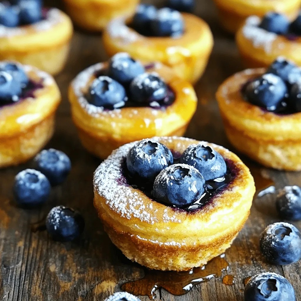 - 1 cup all-purpose flour - 1/2 cup whole wheat flour - 1 tablespoon baking powder - 1/4 teaspoon salt These main ingredients give the muffins their base. The blend of all-purpose and whole wheat flour adds flavor and texture. Baking powder makes them rise, while salt enhances the taste. - 1/4 teaspoon cinnamon - 1 cup milk (dairy or non-dairy) - 1/4 cup maple syrup - 1 large egg Cinnamon adds warmth to the flavor. Milk keeps the muffins moist. Maple syrup sweetens them naturally. The egg helps bind everything together. - 2 tablespoons melted coconut oil or butter - Fresh or frozen blueberries - 1/2 teaspoon vanilla extract (optional) Melted coconut oil or butter adds richness. Blueberries bring sweetness and bursts of flavor. Vanilla extract can enhance the overall taste, but it’s not a must. Feel free to mix in your favorite blueberries. Each bite will taste like a mini pancake! 1. Preheat your oven to 350°F (175°C). Line your muffin tin with paper liners or lightly spray it with cooking spray. 2. In a large bowl, sift together the all-purpose flour, whole wheat flour, baking powder, salt, and cinnamon. This step helps blend the dry ingredients well. 3. In another bowl, whisk together the milk, maple syrup, egg, and melted coconut oil or butter. If you like, add the vanilla extract for extra flavor. 1. Now, pour the wet ingredients into the dry ingredients. Mix them gently until just combined. You’ll want some lumps. Over-mixing can make the muffins tough. 2. Carefully fold in the blueberries with a spatula. Save a few blueberries to sprinkle on top later. This adds a nice touch to your muffins. 1. Evenly fill each muffin cup with the batter. Fill them about 2/3 full. This allows room for them to rise. 2. Sprinkle the reserved blueberries on top of each muffin. This makes them look extra tasty. 3. Bake in the preheated oven for 18-20 minutes. Check for doneness by inserting a toothpick in the center. It should come out clean. 4. Once baked, take them out and let them cool in the pan for about 5 minutes. After that, move them to a wire rack to cool completely. These steps ensure you get perfect blueberry pancake muffins every time. Enjoy the delightful aroma while they bake! To get soft muffin texture, avoid over-mixing. Mix just until the batter is combined. A few lumps are okay! Check for doneness by inserting a toothpick into the center. If it comes out clean, your muffins are ready. Serve these muffins warm for the best taste. You can dust them with powdered sugar or drizzle with maple syrup. They taste great with a dollop of Greek yogurt or a spoonful of whipped cream. This adds creaminess and flavor. If you have allergies, you can make these muffins gluten-free. Just use gluten-free flour instead. For dairy-free options, substitute almond milk or oat milk for regular milk. You can also add lemon zest for a bright flavor or toss in some nuts for crunch. These small changes can make your muffins unique! {{image_2}} You can easily make a vegan version of blueberry pancake muffins. Just swap the egg for a flax egg. Mix 1 tablespoon of ground flaxseed with 2.5 tablespoons of water. Let it sit for five minutes. This will help bind the mixture. For milk, use almond, soy, or oat milk instead. This keeps the muffins soft and fluffy. If you need gluten-free options, try using almond flour or gluten-free all-purpose flour. These flours will change the texture a bit but still taste great. Mix in a little xanthan gum to help with the structure. Adding spices can give your muffins a fun twist. Try mixing in a pinch of nutmeg or ginger for warmth. You can also fold in other fruits like raspberries or diced peaches. They add a nice burst of flavor. Swapping blueberries for chocolate chips makes a sweet treat. Use dark chocolate or white chocolate chips for a different taste. You might even add nuts for crunch. Just remember to keep the balance right. Making mini muffins is a great way to create bite-sized treats. Fill each mini cup about halfway. Bake them for around 12-15 minutes. This gives you a fun snack that is easy to share. If you want to stick with standard muffins, fill the cups about two-thirds full. Bake them for about 18-20 minutes. Adjust the time based on your oven. Keep an eye on them to ensure they don’t overcook. To keep your blueberry pancake muffins fresh, store them in an airtight container. This helps prevent them from drying out. Use a container that is big enough to hold all the muffins without squishing them. A glass or plastic container works well. You can also wrap them in plastic wrap if you prefer. If you want to save some muffins for later, freezing is a great option. Place the muffins in a freezer-safe bag or container. Make sure to remove as much air as possible to avoid freezer burn. They can last up to three months in the freezer. To thaw, take them out and let them sit at room temperature for a few hours. You can also warm them in the microwave for about 20 seconds. When it's time to enjoy your muffins again, reheating them is easy. The best method is to use an oven. Preheat the oven to 350°F (175°C) and place muffins on a baking sheet. Heat them for about 10 minutes. This keeps them warm and soft. If you use a microwave, heat them for 10 to 15 seconds. To keep them moist, place a damp paper towel over the muffins while reheating. Can I use frozen blueberries for this recipe? Yes, you can use frozen blueberries. They work well in this recipe. Just add them without thawing. This keeps your muffins moist and flavorful. However, they might make the batter a bit purple. Don't worry; they will still taste great! What can I substitute for maple syrup? You can use honey or agave syrup instead of maple syrup. Both will sweeten your muffins nicely. If you want a lower-calorie option, try using a sugar substitute. Just adjust the amount to your taste. Why are my muffins dense? Dense muffins often happen due to over-mixing. When you combine the wet and dry ingredients, mix gently. A few lumps are okay. Another cause can be too much flour. Make sure to measure your flour correctly. Tips for achieving a lighter muffin texture. To make lighter muffins, use room temperature ingredients. Cold ingredients can make your muffins heavy. Also, be careful with baking powder. Make sure it's fresh for the best rise. Lastly, don't pack the flour; spoon it into the measuring cup. Caloric content per muffin. Each muffin has about 150 calories. This can vary based on your ingredients. For example, using butter instead of coconut oil may add some calories. Nutritional benefits of ingredients used. These muffins use whole wheat flour, which adds fiber. Fiber helps with digestion and keeps you full. Blueberries are full of antioxidants. They are great for your heart and brain health. Plus, the maple syrup adds natural sweetness without refined sugars. Blueberry pancake muffins combine simple ingredients for a tasty treat. We covered the main components, preparation, and baking tips to ensure success. You can customize these muffins to fit your needs, whether gluten-free or vegan. In the end, these muffins are fun to make and even better to eat. Enjoy your baking and share these delights with friends!