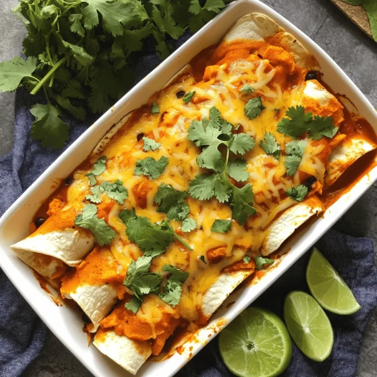 - 2 medium sweet potatoes, peeled and diced - 1 can (15 oz) black beans, drained and rinsed - 1 cup corn kernels (fresh or frozen) - 1 cup diced bell peppers (any color) - 1 cup enchilada sauce (store-bought or homemade) - 1 cup shredded cheese (cheddar or Monterey Jack) Sweet potatoes are the star here. They give a nice sweetness and warmth. Black beans add protein and fiber. Corn kernels bring a nice crunch and sweetness too. Diced bell peppers add color and flavor. The enchilada sauce ties everything together with its rich taste. Cheese melts beautifully on top, adding creaminess. - Fresh cilantro - Lime wedges Garnishing enchiladas adds a fresh touch. Fresh cilantro brings brightness and flavor. Lime wedges give a burst of acidity when squeezed over the dish. These garnishes enhance the overall taste experience. First, peel and dice the sweet potatoes. Place them in a medium pot and cover with water. Bring the water to a boil. Cook the sweet potatoes for about 10 to 12 minutes. They should be tender when pierced with a fork. Drain the sweet potatoes and return them to the pot. Use a fork to mash them lightly. This will give a nice texture for the enchiladas. In the pot with the mashed sweet potatoes, add the black beans. Make sure to drain and rinse them first. Then, add the corn and diced bell peppers. Sprinkle in the cumin and smoked paprika. Add salt and pepper to taste. Mix everything until well combined. This filling will add flavor and nutrition to your enchiladas. Take a 9x13 inch baking dish and spread a layer of enchilada sauce on the bottom. This prevents sticking. Warm the tortillas on a skillet for about 10 to 15 seconds on each side. This makes them easier to roll. Spoon about ¼ cup of the sweet potato mixture onto each tortilla. Roll them up tightly and place seam-side down in the baking dish. Repeat until all tortillas are filled and in the dish. Pour the remaining enchilada sauce over the rolled tortillas. Make sure to cover them evenly. Then, sprinkle the shredded cheese on top. Cover the dish with aluminum foil. Bake in a preheated oven at 375°F (190°C) for 20 minutes. Remove the foil and bake for an additional 10 minutes. The cheese should be bubbling and golden. Once done, remove from the oven, garnish with fresh cilantro, and serve with lime wedges. Enjoy your delicious creation! To know when sweet potatoes are done, you can poke them with a fork. If it goes in easily, they are ready. You want them soft, not mushy. Cooking time is about 10-12 minutes in boiling water. Drain them and let them sit for a minute. This rest helps keep their flavor. You can make the filling even tastier! Try adding extra spices like chili powder or garlic powder. Fresh herbs like cilantro or parsley can also boost flavor. You might add some lime juice for a zesty kick. Mix and match to find your favorite blend! To warm tortillas and avoid sticking, heat a skillet on medium heat. Place each tortilla for about 10-15 seconds on each side. This step makes them soft and easy to roll. If you stack them, wrap them in a clean cloth to keep them warm. This way, they stay flexible for your enchiladas. {{image_2}} You can boost your Sweet Potato Black Bean Enchiladas with protein. Adding tofu or tempeh is a great choice. Both options absorb flavors well. Tofu adds a soft texture, while tempeh gives a nutty taste. Simply cube the tofu or tempeh and sauté it until golden. Mix it into your sweet potato filling for extra nutrition. Want more heat? You can spice up your enchiladas easily. Incorporate jalapeños or hot sauce into your filling. Chop fresh jalapeños and mix them with sweet potatoes and black beans. If you prefer hot sauce, drizzle it into the filling. Adjust the amount based on your spice tolerance. This change adds a new layer of flavor. For those avoiding dairy, you have options too. Vegan cheese works well in this recipe. Look for brands that melt nicely, such as cashew-based or soy-based cheeses. Sprinkle it on top just like you would with regular cheese. This keeps the dish creamy and satisfying without dairy. To keep your Sweet Potato Black Bean Enchiladas fresh, store them in the fridge. Use an airtight container to prevent drying out. They last up to three days in the refrigerator. If you have extra enchilada sauce, keep it separate. This will help maintain the texture of the enchiladas. You can freeze these enchiladas for later. First, let them cool completely. Then, wrap each enchilada tightly in plastic wrap. Place them in a freezer bag or container. They will stay good for about three months. When you’re ready to eat them, just thaw them overnight in the fridge. To reheat your enchiladas, there are a few great methods. The oven is best for even heating. Preheat it to 350°F (175°C). Place enchiladas in a baking dish and cover with foil. Bake for about 20 minutes. For a quicker option, use the microwave. Heat on high for 1-2 minutes, checking often. Enjoy your flavorful meal! Yes, you can make these enchiladas gluten-free. Look for gluten-free corn tortillas. Many brands offer soft, tasty options. Always check the label to ensure they are certified gluten-free. This small change allows everyone to enjoy the dish without worry. These enchiladas pair well with many sides. Here are a few ideas: - Mexican rice - Refried beans - A fresh green salad - Guacamole and chips - Sliced avocado These sides add color and flavor, making your meal even better. You can make a quick enchilada sauce at home. Here’s a simple recipe: 1. In a pot, heat 2 tablespoons of olive oil. 2. Add 2 tablespoons of flour and stir for one minute. 3. Pour in 2 cups of vegetable broth. 4. Add 1 can of tomato sauce (15 oz), 1 teaspoon of chili powder, and salt to taste. 5. Simmer for 10 minutes. This sauce is easy and tasty! It will enhance your enchiladas. Sweet potato black bean enchiladas are tasty and easy to make. We discussed key ingredients, from sweet potatoes to cheese. I shared step-by-step instructions to guide you through cooking. Remember to try tips for perfecting your sweet potatoes and enhance flavors as you mix. Explore variations for protein options and spice levels. Store extras properly for later enjoyment, and use gluten-free tortillas if needed. This dish offers a great mix of flavors and ideas to satisfy your meals. Enjoy making and sharing these enchiladas!