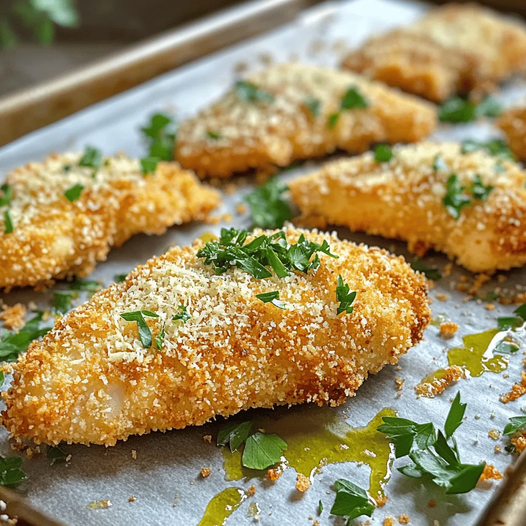 To make delicious Parmesan crusted chicken tenders, gather these essential ingredients: - 1 pound chicken tenders - 1 cup grated Parmesan cheese - 1 cup panko breadcrumbs - 2 large eggs - 1 tablespoon Dijon mustard - 1 teaspoon garlic powder - 1 teaspoon onion powder - 1 teaspoon Italian seasoning - Salt and pepper to taste - Olive oil or melted butter for drizzling - 1/4 cup fresh parsley, chopped for garnish These ingredients work together to create a crunchy and juicy dish. The chicken tenders provide a tender base, while the Parmesan cheese and panko breadcrumbs add a crispy texture. The eggs and Dijon mustard help the coating stick well. Garlic and onion powders give great flavor, and Italian seasoning adds a nice touch. Don't forget the salt and pepper to enhance all the tastes. Finally, the olive oil or melted butter will make them extra crispy in the oven, and fresh parsley brings a pop of color and taste. - Preheat oven to 425°F (220°C). - Prepare a parchment-lined baking sheet to prevent sticking. - In a shallow bowl, whisk 2 large eggs. - Add 1 tablespoon Dijon mustard, 1 teaspoon garlic powder, 1 teaspoon onion powder, and a pinch of salt and pepper. - Mix until well combined. This mixture will help the coating stick. - In another shallow bowl, combine 1 cup grated Parmesan cheese and 1 cup panko breadcrumbs. - Add 1 teaspoon Italian seasoning, salt, and pepper to taste. - Mix thoroughly to create a flavorful coating. - Dip each chicken tender in the egg mixture. Allow any excess to drip off. - Coat it in the Parmesan-breadcrumb mixture, pressing gently to ensure it sticks well. - Place the coated chicken tenders on the baking sheet. Leave space between them for even cooking. - Bake in the preheated oven for 15-20 minutes. - Look for a golden brown color on the outside. - Use a meat thermometer to check that the internal temperature reaches 165°F (74°C). To make your chicken tenders extra crispy, use panko breadcrumbs. Panko is lighter and airier than regular breadcrumbs. This texture helps create that perfect crunch. For added crispiness, drizzle the tenders with olive oil or melted butter before baking. This little step makes a big difference. Watch the chicken tenders closely while they bake. You want them to turn a lovely golden-brown color. This usually takes about 15 to 20 minutes at 425°F (220°C). Using a meat thermometer, check that they reach an internal temperature of 165°F (74°C). This ensures they are fully cooked and safe to eat. These chicken tenders shine when paired with your favorite dipping sauces. Try ranch, honey mustard, or barbecue sauce for a flavor boost. You can also serve them with fresh salads or roasted vegetables. This adds color and nutrition to your plate, making it a feast for both the eyes and the taste buds. {{image_2}} You can add extra flavor to your Parmesan crusted chicken tenders by using different spices. Here are some great options: - Paprika: It gives a nice color and a mild sweetness. - Cayenne pepper: This adds heat for those who like a kick. - Smoked paprika: It offers a smoky taste that enhances the chicken. - Rosemary or thyme: These herbs bring a fresh, aromatic flavor. Mix these spices into your breadcrumb mixture. It’s an easy way to make the dish your own. You can make this dish a bit healthier without losing taste. Here are two ideas: - Whole wheat breadcrumbs: Swap out regular breadcrumbs for whole wheat ones. They have more fiber and nutrients. - Baking instead of frying: Baking is a great way to keep the chicken tender and juicy. It cuts down on oil and makes it lighter. Both options keep the chicken delicious while being a bit better for you. The right dipping sauce can really elevate your chicken tenders. Here are some tasty options: - Honey mustard: This sweet and tangy sauce pairs well with the chicken. - Ranch dressing: A classic choice, creamy and full of flavor. - Buffalo sauce: For those who love heat, this sauce adds a spicy kick. - Marinara sauce: A zesty option that goes well with the cheesy crust. Try different sauces to find your favorite combination. Each sauce brings a unique taste to the meal. To keep your Parmesan crusted chicken tenders fresh, store them in an airtight container. This helps lock in moisture and flavor. Make sure they cool down first. Place them in the fridge within two hours of cooking. They should stay good for up to three days. When it’s time to enjoy leftovers, reheating can make a big difference. Use the oven for the best results. Preheat it to 350°F (175°C). Place the chicken tenders on a baking sheet. Heat for about 10-15 minutes until they are warm and crispy again. If you choose the microwave, be aware it may not keep them crispy. Heat on medium power for about 1-2 minutes. Check to see if they are hot all the way through. You can freeze these chicken tenders for later use. First, let them cool completely. Then, wrap each tender in plastic wrap. Place them in a freezer-safe bag or container. They can stay in the freezer for up to three months. When you’re ready to eat, thaw them in the fridge overnight. Reheat them in the oven to restore their crunchiness. Enjoy your meal! Yes, you can use chicken breasts. Cut them into strips. Make sure they are similar in size to the chicken tenders. This helps them cook evenly. The cooking time may be a bit longer, so check them often. I love pairing these tenders with different sauces. Here are some great options: - Honey mustard for a sweet and tangy taste. - Marinara sauce for a classic Italian flavor. - Ranch dressing for a creamy dip. - Barbecue sauce for a smoky kick. Choose your favorite or try them all! To check doneness, use a meat thermometer. Insert it into the thickest part of the tender. It should read at least 165°F (74°C). If you don't have a thermometer, look for a golden-brown color. The juices should run clear when you cut into them. This shows they are fully cooked and safe to eat. This post covered how to make tasty Parmesan crusted chicken tenders. You learned about key ingredients, step-by-step instructions, and helpful tips. Achieving a crispy crust requires panko breadcrumbs and a drizzle of oil. Remember, you can add your favorite spices for more flavor. Store leftovers properly for later meals. With this guide, you can confidently create a dish that impresses. Enjoy the process and the delicious results!