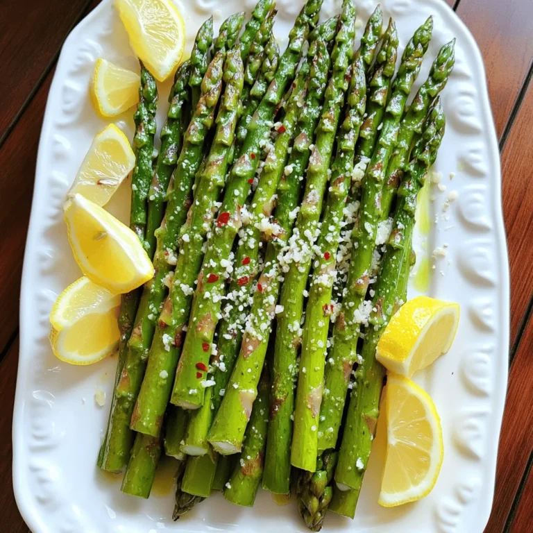For this Lemon Garlic Asparagus, gather the following fresh ingredients: - 1 pound fresh asparagus, trimmed - 3 tablespoons olive oil - 4 cloves garlic, minced - Zest of 1 lemon - 3 tablespoons fresh lemon juice - 1 teaspoon sea salt - ½ teaspoon black pepper - ¼ teaspoon red pepper flakes (optional) - 2 tablespoons grated Parmesan cheese (optional for garnish) Each ingredient plays a key role in creating a bright and zesty flavor. The fresh asparagus gives a crisp texture, while olive oil helps with roasting. Garlic adds depth, and lemon zest brings a refreshing note. The sea salt and black pepper enhance all the flavors. If you like heat, toss in red pepper flakes. Finally, the optional Parmesan cheese can add a savory finish. Using fresh ingredients makes a big difference. Always choose bright green asparagus with firm stems. This way, you'll enjoy a vibrant dish full of flavor. 1. Preheating the oven Start by preheating your oven to 425°F (220°C). This heat gives the asparagus a nice crisp. 2. Mixing the ingredients In a large bowl, mix together 3 tablespoons of olive oil, 4 minced garlic cloves, lemon zest from one lemon, and 3 tablespoons of fresh lemon juice. Add 1 teaspoon of sea salt, ½ teaspoon of black pepper, and ¼ teaspoon of red pepper flakes if you like heat. 3. Coating the asparagus Take 1 pound of fresh asparagus, trimmed, and add it to the bowl. Toss the asparagus well until each piece is coated in the lemon garlic mix. This step is key for flavor. 4. Spreading on the baking sheet Line a baking sheet with parchment paper. Spread the coated asparagus in a single layer. Make sure they are not crowded to ensure even roasting. 5. Roasting times and tips Roast the asparagus in the oven for 12 to 15 minutes. Keep an eye on them. They should be tender yet slightly crispy. If you like them crispier, leave them for an extra minute. 6. Serving suggestions Once done, remove the asparagus from the oven. If you want, sprinkle 2 tablespoons of grated Parmesan cheese over the top. Allow them to cool for a minute, then transfer to a serving platter. For a nice touch, drizzle any leftover lemon juice from the bowl over the asparagus. Add lemon wedges for a pop of color and flavor. - Best practices for seasoning: Start with fresh garlic and quality olive oil. This gives a rich taste. Add sea salt and black pepper for a simple boost. If you like spice, try red pepper flakes. - Adjusting roasting time: Roast asparagus for 12-15 minutes. Keep an eye on it. If you want it crispier, add a few more minutes. Make sure not to overcook it. You want it tender but not mushy. - Ideal asparagus size for the recipe: Look for asparagus that is about 1/4 to 1/2 inch thick. Thicker asparagus holds up better in roasting. If it’s too thin, it may cook too fast and become limp. - Serving temperature recommendations: Serve the asparagus warm. If it cools down, it loses some flavor. However, it can also taste good at room temperature. Just don't let it sit too long after cooking. Enjoy it fresh for the best taste! {{image_2}} You can easily adjust this lemon garlic asparagus recipe. For a vegan option, skip the Parmesan cheese. It still tastes great without it. Want to make a colorful dish? Add other veggies! Cherry tomatoes, bell peppers, or baby carrots work well. Toss them into the mix for a delightful twist. You can also use different seasonings. Try adding herbs like thyme or rosemary for an aromatic touch. A sprinkle of smoked paprika can give it a nice kick! Grilling asparagus gives it a smoky flavor. If you choose to grill, brush the asparagus with oil and cook on medium heat. This method adds a unique taste and keeps the crunch. These simple changes let you create a fresh take on lemon garlic asparagus each time! To keep your Lemon Garlic Asparagus fresh, use the right containers. Glass or plastic containers with lids work well. Make sure they are airtight to keep moisture out. Store the asparagus in the fridge. It stays good for up to three days. Place it in the vegetable crisper for the best results. If you have extra lemon juice left, pour it over the asparagus. This adds flavor and helps preserve it. When reheating, use a skillet on low heat. This keeps the asparagus crisp and tasty. You can add a splash of olive oil for extra flavor. You may also microwave it for about 30 seconds. Check if it's warm enough, but don't overheat. If you want to freeze the asparagus, do this before you roast it. Blanch it in boiling water for two minutes, then cool it in ice water. Drain and pack in freezer bags. It can last up to three months in the freezer. When ready to use, roast from frozen. Just add a few extra minutes to the cooking time. Can I use frozen asparagus? Yes, you can use frozen asparagus. Just thaw it first. Frozen asparagus may cook faster. Keep an eye on it while roasting. What’s the best way to trim asparagus? To trim asparagus, hold a stalk in your hand. Bend it gently until it snaps. This point is where it is tender. How do I know when asparagus is done roasting? Asparagus is done when it is tender and slightly crispy. It should be bright green in color. A fork can easily pierce it. Can this dish be made ahead of time? Yes, you can prepare it ahead. Toss the asparagus in the lemon garlic mix. Store it in the fridge for up to 2 hours before roasting. This blog post covered how to make delicious lemon garlic asparagus. We listed all the ingredients, then shared easy steps to prepare and roast. I included tips to enhance taste, like seasoning and roasting time. You also learned variations, such as vegan options and different veggies. Finally, we discussed how to store leftovers properly. Remember, cooking can be fun and simple. Enjoy your tasty asparagus dish!
