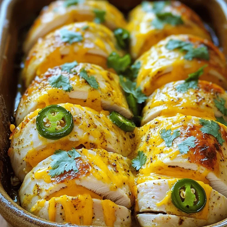 To make Jalapeño Cheddar Hasselback Chicken, you need just a few key ingredients: - 4 chicken breasts - 1 cup sharp cheddar cheese, shredded - 2 jalapeños, thinly sliced (seeds removed for less heat) These ingredients create a tasty dish that is easy to prepare. The chicken is the star, while the cheese and jalapeños add flavor and fun. Seasonings make the chicken burst with flavor. Here are the must-have options: - 2 tablespoons olive oil - 1 teaspoon garlic powder - 1 teaspoon onion powder - 1 teaspoon smoked paprika - Salt and pepper to taste The olive oil helps the seasoning stick. Garlic powder gives a nice kick, while onion powder adds depth. Smoked paprika brings a subtle warmth and color. Garnishes add a nice touch and freshness. Consider using: - Fresh cilantro for garnish (optional) Chopped cilantro adds color and a fresh taste. You can sprinkle it on top just before serving for a pop of flavor. Start by preheating your oven to 375°F (190°C). Grab four chicken breasts and place them on a cutting board. Use a sharp knife to make deep slits across the top of each breast. Be careful not to cut all the way through, just about 3/4 down. This will help the chicken cook well and hold the tasty fillings. In a small bowl, mix together 2 tablespoons of olive oil, 1 teaspoon of garlic powder, 1 teaspoon of onion powder, and 1 teaspoon of smoked paprika. Add salt and pepper to taste. This spice mix will give your chicken great flavor. Brush this mixture generously over the chicken breasts. Make sure to get it into the slits you made earlier. This step is key for tasty bites! Now it's time to stuff those slits! Take 2 thinly sliced jalapeños and stuff them into each slit. You can remove the seeds for less heat if you want. Next, add a sprinkle of 1 cup of shredded sharp cheddar cheese into the slits as well. For extra cheesiness, place some cheese on top of the chicken too. Place the stuffed chicken breasts in a baking dish. Cover them with aluminum foil to keep them moist while baking. Bake in the preheated oven for 25 minutes. After that, remove the foil and bake for another 10-15 minutes. The chicken should be fully cooked, and the cheese should be bubbly and golden brown. Once done, let it rest for 5 minutes. You can garnish with fresh cilantro if you like before serving. Enjoy your meal! To cook chicken perfectly, use a meat thermometer. Insert it into the thickest part of the breast. Aim for 165°F (75°C). This ensures your chicken is safe to eat. If you don’t have a thermometer, cut into the chicken. The juices should run clear, not pink. Baking with foil traps moisture. This keeps the chicken juicy. Remove the foil towards the end to brown the cheese. Sharp cheddar cheese works best for this dish. It melts well and adds a strong taste. You can also try pepper jack for a spicy kick. This cheese mixes well with jalapeños. Gouda is another good choice for a creamy texture. If you want a milder flavor, use mild cheddar. Mix different cheeses for more depth in taste. To control heat, remove the seeds and ribs from jalapeños. This makes them less spicy. If you like heat, leave some seeds in. You can also use pickled jalapeños for a tangy flavor. For a milder option, substitute with bell peppers. They add a sweet crunch without heat. Adjust the amount based on your taste. {{image_2}} You can change the cheese for a new taste. Try pepper jack for extra heat. Mozzarella adds a creamy texture. If you crave a sharp flavor, use gouda or parmesan. Mix cheeses for a unique twist. Each cheese brings a different taste to the dish. Feel free to add more veggies. Spinach or kale can boost nutrition. You might try roasted red peppers for a sweet touch. Thin slices of zucchini work nicely too. Just make sure the veggies fit in the slits. Adding veggies can make your meal colorful and tasty. Adjust spice to match your taste. For less heat, remove all seeds from jalapeños. You can also use bell peppers instead. For more spice, leave some seeds in. You can add a pinch of cayenne or chili flakes. Spice levels can change the whole dish, so play around! You can store Jalapeño Cheddar Hasselback Chicken in an airtight container. Let it cool first. Place it in the fridge. It will stay fresh for about 3 to 4 days. Make sure to separate the chicken from any sides to keep the flavors intact. To reheat your chicken, preheat your oven to 350°F (175°C). Place the chicken in a baking dish. Cover it with foil to keep it moist. Heat for about 15 to 20 minutes or until it’s warm throughout. You can also use a microwave. Heat it in 30-second bursts until warm, but the oven keeps it crispy. If you want to freeze your chicken, let it cool completely first. Wrap each piece tightly in plastic wrap. Then, place them in a freezer-safe bag. Label the bag with the date. This way, you can enjoy it for up to 3 months. To cook from frozen, thaw it in the fridge overnight before reheating. Yes, you can use boneless thighs. They stay moist and tender. Thighs have more flavor due to their fat content. Just follow the same steps for preparation and cooking. Adjust the cooking time slightly. Thighs may need a few extra minutes to cook through. To make it spicier, keep the seeds in the jalapeños. You can also add hot sauce to the spice mix. For a milder version, remove all seeds and use fewer jalapeño slices. You can also choose a mild cheese if desired. Serve this dish with rice or quinoa for a filling meal. A fresh salad adds crunch and color. Roasted vegetables also complement the flavors well. You can try mashed potatoes or corn on the side. These options balance the heat and add variety to your plate. This blog post covered making Jalapeño Cheddar Hasselback Chicken from start to finish. We discussed key ingredients, spices, and steps to follow. I shared tips for cooking, choosing cheese, and adjusting heat levels. You also learned about fun variations and how to store leftovers for later. In closing, this dish can shine at any dinner. Experiment with flavors and enjoy your creation!
