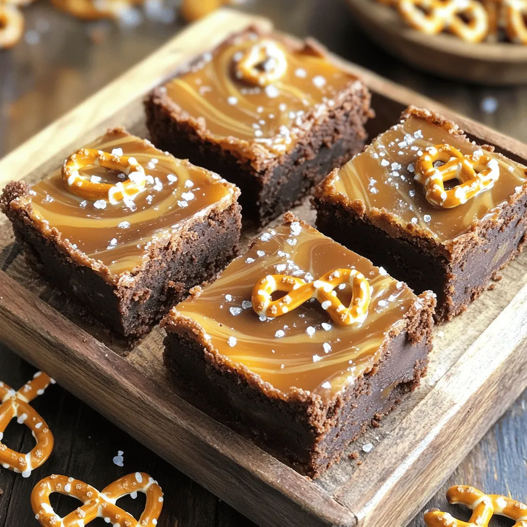 To create the best salted caramel pretzel brownies, you need to gather these key ingredients: - 1 cup unsalted butter - 1 cup granulated sugar - 1 cup brown sugar - 4 large eggs - 1 teaspoon vanilla extract - 1 cup all-purpose flour - 1 cup unsweetened cocoa powder - 1 teaspoon baking powder - ½ teaspoon salt - 1 cup chocolate chips - 1 cup crushed pretzels - 1 cup salted caramel sauce - Flaky sea salt for topping Each ingredient plays a unique role in the final taste and texture. The unsalted butter adds richness, while the sugars create a sweet base. Eggs bring moisture and help bind everything together. The flour and cocoa powder provide structure and that delicious chocolate flavor. Baking powder helps the brownies rise, and salt enhances all the flavors. The chocolate chips and crushed pretzels add delightful texture. The salted caramel sauce delivers that iconic sweet and salty kick. Finally, the flaky sea salt on top elevates each bite to pure bliss. Having fresh, quality ingredients makes a big difference. You can use homemade caramel or store-bought for ease. Choose whichever fits your style. With these ingredients ready, you are set to make an amazing treat. 1. Preheat your oven to 350°F (175°C). Grease a 9x13 inch baking pan with butter. You can also line it with parchment paper for easy removal. 2. In a large bowl, mix the melted butter, granulated sugar, and brown sugar. Whisk until smooth. 3. Add the eggs one by one, whisking well after each. Stir in the vanilla extract. 4. In another bowl, sift the flour, cocoa powder, baking powder, and salt. Gradually mix the dry ingredients into the wet mixture until just combined. 1. Fold in the chocolate chips and crushed pretzels. Make sure they are evenly spread in the batter. 2. Pour half of the brownie batter into your prepared pan. Spread it out evenly. 3. Drizzle half of the salted caramel sauce over the batter. Spread it gently to cover. 4. Pour the rest of the brownie batter over the caramel layer and smooth it out. 5. Drizzle the remaining salted caramel sauce on top. Use a knife to create swirls in the batter. 1. Bake the brownies for 30-35 minutes. Check for doneness by inserting a toothpick. It should come out with a few moist crumbs, not wet batter. 2. Let the brownies cool in the pan on a wire rack. Once cooled, sprinkle flaky sea salt over the top. 3. Cut into squares and serve warm or at room temperature. Enjoy your sweet and salty treat! To get that gooey center, aim for the right bake time. I suggest baking your brownies for about 30-35 minutes. Use a toothpick to check doneness. It should come out with a few moist crumbs, not wet batter. If you overbake, your brownies turn dry. Keep an eye on them as they bake. You can easily swap ingredients to meet dietary needs. For gluten-free brownies, use a gluten-free flour blend. If you want a nut-free treat, skip the pretzels or choose nut-free ones. You can also add nuts like walnuts or pecans for extra crunch. Feel free to top with your favorite candies or sprinkles to make it your own! These brownies shine when served warm with a scoop of ice cream. Drizzling extra salted caramel on top adds a special touch. For drinks, pair them with coffee or milk. A glass of cold brew or a sweet dessert wine works well too. Enjoy your delicious creation! {{image_2}} You can make these brownies even more fun by adding flavors! Try mixing in a bit of espresso for a coffee kick. This will add depth and richness to the chocolate. Almond extract is another great option. It gives a hint of nutty sweetness that pairs well with the caramel. You can also switch up the chocolate. Dark chocolate offers a bold taste, while white chocolate adds creaminess. You might even mix different types of chocolate for a unique flavor twist. If you need gluten-free options, swap all-purpose flour with almond flour or a gluten-free blend. These options work well without losing flavor or texture. For vegan substitutions, replace eggs with flaxseed meal mixed with water. Use coconut oil in place of butter. You can also find vegan chocolate chips and caramel sauce to keep it dairy-free. How you cut and serve these brownies can change the whole experience! Instead of squares, try cutting them into triangles for a new look. You can also stack them for a layered effect, making them more eye-catching. Garnishing is another way to impress. Sprinkling crushed pretzels on top adds crunch. Drizzle extra caramel for a sweet touch. A dusting of cocoa powder or powdered sugar can also elevate the look. To keep your salted caramel pretzel brownies fresh, follow these steps. First, let the brownies cool completely in the pan. This step is key to avoid sogginess. After cooling, cut the brownies into squares. Place them in an airtight container. Use parchment paper between layers to prevent sticking. Store the container at room temperature for up to three days. If you want to keep them longer, refrigeration is a good option. However, this can change the texture slightly, making them a bit denser. Freezing brownies is simple. First, let them cool fully. Then, wrap each square tightly in plastic wrap. Place the wrapped brownies in a freezer-safe bag or container. This helps keep air out and preserves flavor. You can freeze them for up to three months. When you're ready to enjoy, remove them from the freezer. Thaw them in the fridge overnight or at room temperature for a few hours. If you want a warm treat, heat them in the microwave for a few seconds. This method helps restore their soft, gooey texture. You can tell when the brownies are done by checking a toothpick. Insert it into the center. If it comes out with a few moist crumbs, they are ready. If there is wet batter, they need more time. Bake them for 30-35 minutes to get that perfect texture. Keep an eye on them as they bake. Each oven is a bit different. Yes, you can make salted caramel sauce at home! It’s easy and fun. Here’s a simple recipe: - Ingredients: - 1 cup granulated sugar - 6 tablespoons unsalted butter - 1/2 cup heavy cream - 1 teaspoon sea salt - Instructions: 1. In a saucepan, heat the sugar over medium heat. Stir constantly until it melts and turns amber. 2. Add the butter and stir until it melts. 3. Slowly pour in the heavy cream. Stir until smooth. 4. Remove from heat and add the sea salt. Let it cool before using. This sauce adds a rich flavor to your brownies. You can find salted caramel pretzel brownies at local bakeries. Many bakeries love to make this sweet treat. Check out shops that focus on desserts or gourmet items. You can also order them online. Websites like Etsy often have home bakers who sell unique treats. This way, you can enjoy these brownies even if you don’t bake them yourself! You learned how to make salted caramel pretzel brownies, detailing ingredients and steps clearly. To perfect your bake, I shared tips for texture and customization. You can explore flavor variations and storage options for long-lasting treats. Remember, these brownies are not just tasty; they’re fun to serve and share. Enjoy the joy of baking and treat your friends or family to something special. Happy baking!