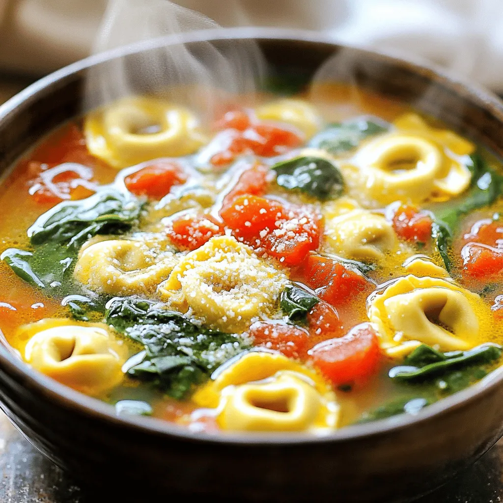 For this easy, tasty soup, gather these items: - 2 tablespoons olive oil - 1 medium onion, diced - 3 cloves garlic, minced - 1 carrot, diced - 4 cups vegetable broth - 1 (14-ounce) can diced tomatoes, with juices - 1 teaspoon dried basil - 1 teaspoon dried oregano - Salt and pepper to taste - 9 ounces fresh or frozen cheese tortellini - 4 cups fresh spinach - 1 tablespoon lemon juice - Grated Parmesan cheese for serving (optional) These ingredients create a hearty soup that warms the soul. You can swap ingredients if needed: - Use canola oil instead of olive oil. - Try shallots in place of onion. - Replace the carrot with a celery stalk for crunch. - Chicken broth works well if you want meat flavor. - Use fresh tomatoes if you prefer them over canned. - Skip the cheese tortellini for a gluten-free option. - Use any leafy greens like kale instead of spinach. These swaps allow you to make the soup your own. To keep your soup fresh and tasty, follow these tips: - Use fresh spinach. It wilts well and adds flavor. - Store leftover soup in an airtight container. - Keep the soup in the fridge for up to three days. - Freeze portions in freezer-safe bags for later use. - Add lemon juice right before serving for a fresh taste. These steps help maintain the soup’s quality and flavor. 1. Gather your ingredients. You need: - 2 tablespoons olive oil - 1 medium onion, diced - 3 cloves garlic, minced - 1 carrot, diced - 4 cups vegetable broth - 1 (14-ounce) can diced tomatoes, with juices - 1 teaspoon dried basil - 1 teaspoon dried oregano - Salt and pepper to taste - 9 ounces fresh or frozen cheese tortellini - 4 cups fresh spinach - 1 tablespoon lemon juice - Grated Parmesan cheese for serving (optional) 2. Chop the onion, garlic, and carrot. This step helps release their flavors. 1. Heat the olive oil in a large pot over medium heat. This takes about one minute. 2. Add the diced onion. Sauté for 3-4 minutes until it looks clear. This adds a nice base flavor. 3. Stir in the minced garlic and diced carrot. Cook for another 2-3 minutes. You want everything to smell great. 4. Pour in the vegetable broth and can of diced tomatoes. Stir well to mix. The broth brings the soup together. 5. Add the dried basil, oregano, salt, and pepper. Bring this mix to a boil. The spices add depth to the soup. 6. Once boiling, add the tortellini. Let it simmer for 5-7 minutes. Check the package for the right time. 7. Stir in the fresh spinach. Cook for 1-2 minutes until it wilts. This adds color and nutrients. 8. Remove from heat and add the lemon juice. Adjust the seasoning if needed. The lemon brightens the taste. 1. Ladle the soup into bowls. 2. Top with grated Parmesan cheese if you like. This adds a rich flavor to your soup. 3. Serve hot and enjoy your warm, comforting bowl of one-pot spinach tomato tortellini soup! One common mistake is overcooking the tortellini. Follow the package time closely. Cook them just until soft. If you cook too long, they can fall apart. Another mistake is skipping fresh spinach. It adds great flavor and nutrients. Don't forget to add the lemon juice at the end. It brightens the soup and makes it taste fresh. To boost the flavor, try using fresh herbs if you can. Basil and oregano from your garden taste great. You can also add red pepper flakes for heat. A splash of balsamic vinegar gives depth. If you like, stir in a spoonful of pesto for an extra layer of taste. Use pre-chopped veggies to save time. Many stores offer diced onions and carrots. Frozen tortellini cooks quickly and tastes great. You can also make this soup ahead. It tastes even better the next day. Simply reheat on the stove when you’re ready to eat. {{image_2}} You can easily make this soup vegan. Just swap the cheese tortellini for a vegan version. Use vegetable broth to keep it plant-based. Skip the Parmesan cheese or opt for a vegan alternative. This way, you still enjoy the rich flavors without dairy. Want to add more protein? You can include cooked lentils or chickpeas. They blend well with the soup's flavors. If you eat meat, add cooked chicken or turkey. Simply shred the meat and stir it in during the last minutes of cooking. This adds heartiness and makes the soup more filling. Feel free to get creative with your veggies! In spring, try fresh asparagus or peas. In fall, add diced sweet potatoes or pumpkin for a seasonal twist. You can also toss in some zucchini or bell peppers. These swaps keep the soup fresh and exciting all year long. After you make the One-Pot Spinach Tomato Tortellini Soup, let it cool. Store it in an airtight container. It will stay fresh in the fridge for up to three days. If you plan to eat it later, avoid adding cheese until you serve it. This keeps the soup creamy without clumping. You can freeze this soup too! Pour the cooled soup into a freezer-safe container. Leave some space at the top since the soup expands when frozen. It will keep well for about three months. When you are ready to eat, thaw it in the fridge overnight. To reheat the soup, use a pot on low heat. Stir it often to warm it evenly. You can also microwave it in a bowl. If it seems thick, add a splash of broth or water to loosen it. Serve with fresh cheese on top for extra flavor. Enjoy your tasty meal! One-Pot Spinach Tomato Tortellini Soup is a warm, hearty dish. It combines cheese tortellini, fresh spinach, and tomatoes in a rich broth. You cook everything in one pot, making cleanup easy. This soup offers a blend of flavors, thanks to the herbs like basil and oregano. It's perfect for a quick lunch or dinner. This soup is quick to prepare. It takes about 10 minutes to prep and 15 minutes to cook. In just 25 minutes, you will have a delicious meal ready. This makes it a great option for busy days. Yes, you can make this soup ahead of time. Just store it in the fridge once it cools. It stays fresh for about 3 days in the refrigerator. You can also freeze it for longer storage. Just keep in mind that the tortellini may soften when you reheat it. This blog post covered everything about One-Pot Spinach Tomato Tortellini Soup. We looked at the ingredients, cooking steps, and helpful tips. I shared substitutions and storage info too. Remember, fresh ingredients make a big difference. Avoid common mistakes to boost flavor. Feel free to change up the recipe with seasonal swaps. Enjoy making this soup for a comforting meal. You can always prepare it in advance to save time. Dive in and discover your new favorite dish!