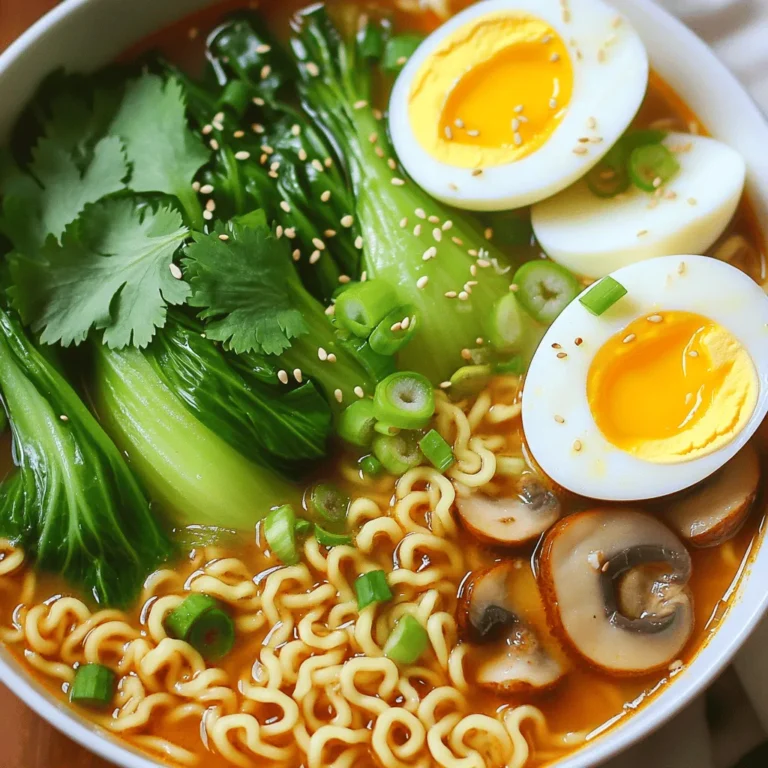 To make these spicy garlic ramen bowls, gather these key items: - 2 packs of instant ramen noodles (discard the flavor packets) - 2 tablespoons sesame oil - 5 cloves of garlic, minced - 1 tablespoon fresh ginger, grated - 2-3 tablespoons soy sauce - 1 tablespoon chili paste (adjust to taste) - 4 cups vegetable broth - 1 cup bok choy, roughly chopped - 1 cup mushrooms, sliced (shiitake or button) - 2 green onions, sliced - 2 boiled eggs (soft or hard, as per preference) - 1 tablespoon sesame seeds - Fresh cilantro for garnish (optional) These ingredients create a rich and bold flavor. The garlic and ginger give the broth a warm kick. The ramen noodles soak up all the goodness. You can add more flavor and color with these optional garnishes: - Sliced chili peppers for extra heat - Nori sheets for a sea flavor - Lime wedges for a zesty touch These garnishes make each bowl unique. They also add a pop of color that makes the dish inviting. If you need different options, here are some substitutes: - Use gluten-free noodles if you want a gluten-free meal. - Swap bok choy for spinach or kale for a different texture. - Replace vegetable broth with chicken broth for a richer taste. These substitutions still keep the dish delicious. They allow you to adjust based on what you have at home. Experiment and find your perfect version! Start by boiling water in a pot. Add the ramen noodles and cook as the package says. It usually takes about 3-5 minutes. Once cooked, drain the noodles. Rinse them under cold water to stop the cooking. Set them aside for later. In a large pot, heat sesame oil over medium heat. Add minced garlic and grated ginger. Sauté for 1-2 minutes. You want the garlic to smell good but not brown. Then stir in soy sauce and chili paste. Mix well to combine all the flavors. Next, pour in the vegetable broth and bring it to a boil. Add sliced mushrooms and bok choy once boiling. Reduce the heat and let it simmer for 5-7 minutes. This will make the veggies nice and tender. Now, grab your serving bowls. Divide the cooked ramen noodles among them. Ladle the hot broth and veggies over the noodles. Take the boiled eggs and slice them in half. Place them on top of each bowl. Finally, garnish with sliced green onions, sesame seeds, and fresh cilantro if you're using it. Serve right away, and tell everyone to mix it all together for the best taste! To boost flavor, use fresh garlic and ginger. They add a bright taste. Adding a splash of lime juice can also bring a zesty kick. For more depth, consider adding a dash of fish sauce. It gives umami without overpowering the dish. You can also top your ramen with a sprinkle of crushed red pepper for more heat. For great noodles, cook them in boiling water. Follow the package instructions closely. Drain them well and rinse with cold water. This stops the cooking process and keeps them firm. If you want a chewier texture, cook them for one minute less than the package suggests. Toss the noodles with a little sesame oil to avoid sticking. If you like it spicy, add more chili paste. Start with one tablespoon, then taste. You can always add more. If you want less heat, reduce the chili paste to half a tablespoon. You can also serve extra chili paste on the side for those who want more spice. Remember, it’s all about your taste! {{image_2}} You can change the protein in your ramen bowl. For a plant-based option, try tofu. Just cube firm tofu and pan-fry it until golden. If you prefer meat, chicken works great. Cook boneless chicken thighs or breasts in the broth. You can also use shrimp or beef for more variety. Each protein adds a different taste and texture. Feel free to mix in other vegetables. Spinach, carrots, or bell peppers work well. You can also add kale for more nutrients. Broccoli or zucchini can add nice crunch too. Use what you have on hand for a fresh twist. The more colors you add, the more fun and healthy it becomes! To make the ramen gluten-free, use rice noodles instead of instant ramen. Check the soy sauce to ensure it’s gluten-free as well. For a vegan version, skip the boiled eggs and use vegetable broth. You can also add more tofu or mushrooms for extra protein. These swaps keep the dish tasty and suitable for everyone! After you enjoy your spicy garlic ramen bowls, you may have some left. To store them, let the ramen cool down first. Place the ramen and broth in separate airtight containers. This helps keep the noodles firm and the broth flavorful. Store them in the fridge for up to three days. When you’re ready to eat the leftovers, reheat them carefully. Pour the broth into a pot and warm it over low heat. Add the noodles and veggies only when the broth is hot. This keeps the noodles from becoming mushy. Stir gently while reheating for even warmth. You can also add a splash of fresh soy sauce or chili paste for a flavor boost. If you want to save your ramen for later, you can freeze it. Just freeze the broth and noodles in separate containers. They can stay frozen for up to a month. When you want to eat it, thaw the broth and noodles in the fridge overnight. Reheat them in a pot as mentioned above. This way, you can enjoy your ramen without losing its delicious taste! Yes, you can use many types of noodles. Rice noodles or udon work well. Just adjust cooking time based on the noodle type. Feel free to experiment. Each type adds a unique taste and texture to your bowl. If you lack sesame oil, use olive oil or vegetable oil. These options provide a nice flavor. You can also try peanut oil for a nutty twist. The dish will still taste great without sesame oil. To tone down the spice, reduce the chili paste. You can also skip it entirely if desired. Adding more broth or vegetables will help balance the heat. A dollop of yogurt or sour cream can also cool it down. To sum up, we explored how to make Spicy Garlic Ramen Bowls. We covered main ingredients and optional garnishes. You learned step-by-step cooking instructions and helpful tips for better flavor. We discussed variations for protein and veggies, plus storage tips for leftovers. Finally, I answered common questions to help you cook with ease. Now, it's time to create your perfect bowl of ramen. Enjoy every spicy bite!