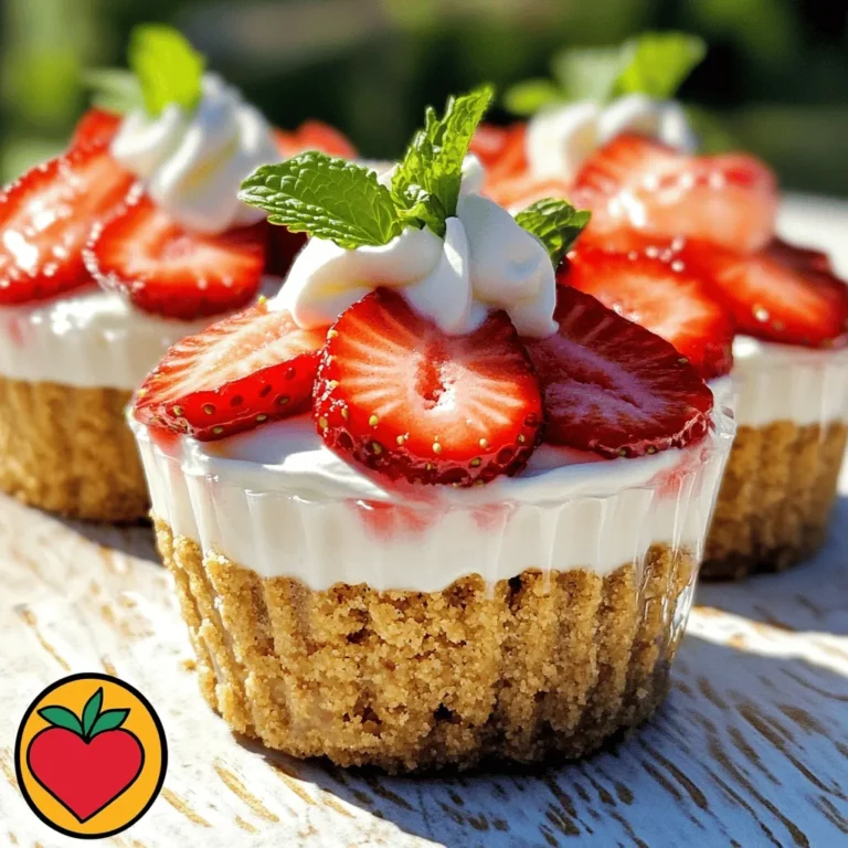 To make the no-bake strawberry cheesecake cups, you will need: - 1 cup graham cracker crumbs - 2 tablespoons sugar - 1/4 cup unsalted butter, melted - 8 oz cream cheese, softened - 1/2 cup powdered sugar - 1 cup heavy whipping cream - 1 teaspoon vanilla extract - 1 cup fresh strawberries, hulled and sliced These ingredients work well together to create a creamy and smooth texture. The graham cracker crumbs form a delicious crust, while the cream cheese and whipped cream blend into a rich filling. For an extra touch, you can add: - Additional sliced strawberries - Fresh mint leaves These garnishes not only make the cups look pretty but also add freshness. A sprig of mint gives a nice pop of color. When choosing strawberries, look for: - Bright red color - Firm texture - Fresh green tops Avoid berries with soft spots or dark patches. Fresh strawberries taste better and add sweetness to your dessert. Always wash them gently before using. Start by mixing the graham cracker crumbs and sugar in a bowl. Pour in the melted butter and stir until it combines well. This mix should feel like wet sand. Next, take your serving cups and divide the crumb mixture evenly into each cup. Press down firmly to form a solid crust layer. This step is key for a good base. Once done, place the cups in the fridge while you prepare the filling. In a clean mixing bowl, beat the softened cream cheese with powdered sugar until smooth. This is where the magic begins! Add the vanilla extract and mix until it blends perfectly. In another bowl, whip the heavy cream until soft peaks form. This will add fluffiness to your cheesecake. Carefully fold the whipped cream into the cream cheese mixture. Be gentle to keep the air in the whipped cream. Spoon the creamy cheesecake filling into each cup over the crust. Make sure to fill them evenly. Once filled, tap the cups gently on the counter. This helps the filling settle nicely. Next, take your fresh strawberries and slice them. Arrange the slices on top of the cheesecake in a beautiful pattern. This not only looks great but adds a burst of flavor! Cover the cups with plastic wrap to keep them fresh. Place them in the fridge for at least four hours. This chilling time helps the cheesecake set. You can even leave them overnight for a firmer texture. Before serving, remove the wrap and add some extra sliced strawberries and a sprig of mint for a lovely touch. Enjoy your delicious treat! Whipping cream can be tricky, but I have tips that help. First, start with cold cream. This helps it whip faster. Use a clean bowl and beaters to get the best results. Whip the cream on medium speed until soft peaks form. Do not over-whip, or it will turn into butter! Watch out for a few common mistakes. One big mistake is not softening the cream cheese. Soft cream cheese mixes smoothly with sugar. Another error is not folding the whipped cream gently. Mixing too hard can deflate the cream. Lastly, don’t skip chilling the cups. This step helps the cheesecake set properly. Making these cups ahead is easy and smart. You can prepare the crust and filling a day early. Just store them in the fridge until you are ready. Once you layer the filling, cover the cups and chill. They stay fresh and tasty for up to two days. Enjoy these treats whenever you want! {{image_2}} You can swap strawberries for other fruits in this recipe. Try blueberries, raspberries, or peaches. Each fruit adds its own unique taste. For instance, raspberries bring a tartness that balances the sweet filling. Blueberries offer a mild sweetness that pairs well with the cream cheese. Just remember to slice or mash the fruit as needed for easy layering. You can change the flavor of the cheesecake filling too. Add lemon juice for a zesty kick. Almond extract can give a nutty touch. Try cocoa powder to make a chocolate version. You can also mix in different extracts like coconut or hazelnut. Each of these flavors enhances the dessert’s taste and makes it special. If you need gluten-free options, use gluten-free graham crackers. You can also make a crust with nuts like almonds or walnuts. For a dairy-free version, substitute cream cheese with a plant-based cream cheese. Use coconut cream in place of heavy cream. These swaps keep the treat tasty while meeting different dietary needs. You should store leftover cheesecake cups in the fridge. Place them in an airtight container. If you keep them covered, they stay fresh longer. They can last about three days in the fridge. You can freeze cheesecake cups if you want to save them for later. Wrap each cup in plastic wrap. Then, place them in a freezer bag. They can stay good in the freezer for up to two months. When you are ready to eat, thaw them in the fridge overnight. The freshness of your cheesecake cups matters. Always check for any signs of spoilage, like a sour smell or change in texture. If the strawberries look mushy, it's time to toss them. For best taste, enjoy the cups within three days if stored in the fridge. Yes, you can use low-fat cream cheese. It will still taste good, but the texture may change. Low-fat cream cheese can make your dessert a bit less creamy and rich. If you want the same flavor, I suggest mixing it with a bit of regular cream cheese. These cheesecake cups can sit out for about two hours. After that, they should go back in the fridge. If the room is hot, keep them cool to ensure they stay fresh. Always check for signs of spoilage before serving. If you don’t have graham crackers, try using vanilla wafers or digestive biscuits. You can also crush up pretzels for a salty twist. Just make sure the base can hold the filling well. Yes, you can make these cheesecake cups ahead of time. They taste even better after sitting in the fridge overnight. Just cover them well with plastic wrap to keep them fresh. This blog post covered all you need to make delicious cheesecake cups. We discussed key ingredients, from essential components to optional garnishes. I shared step-by-step instructions for the crust and filling. You learned tips for whipping cream and common mistakes to avoid. We explored tasty variations and how to store these treats. With this guide, you can create cheesecake cups that impress and satisfy. Enjoy experimenting and sharing your tasty creations!