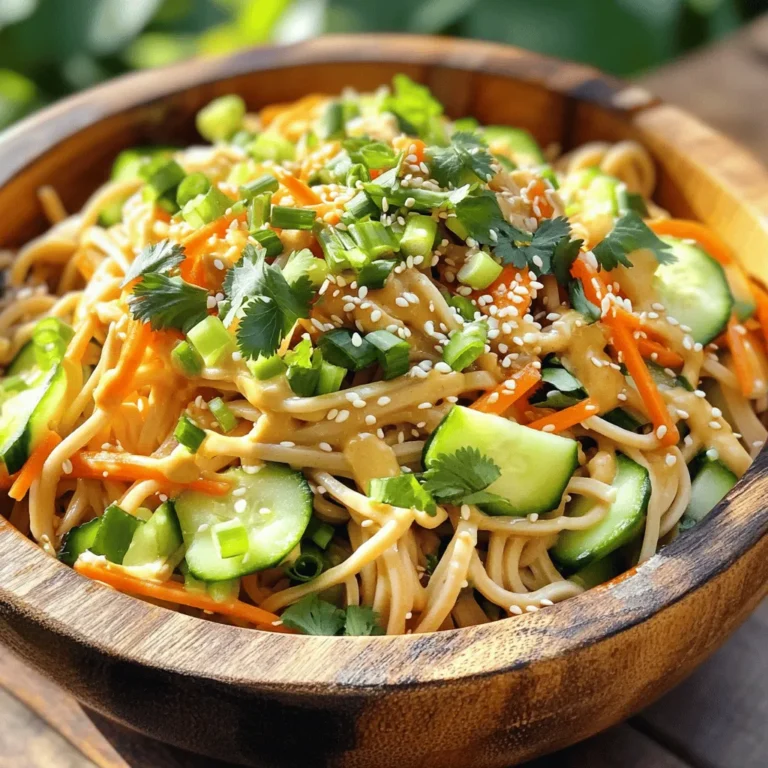 To make delicious Sesame Peanut Cold Noodles, gather these fresh ingredients: - 8 oz noodles (soba or rice noodles) - 1/4 cup creamy peanut butter - 3 tablespoons soy sauce (low sodium) - 2 tablespoons sesame oil - 1 tablespoon rice vinegar - 1 tablespoon honey or maple syrup - 1 teaspoon grated ginger - 1 garlic clove, minced - 1/4 cup warm water - 1 cucumber, julienned - 1 carrot, julienned - 2 green onions, chopped - 1 tablespoon sesame seeds for garnish - Fresh cilantro for garnish (optional) These ingredients come together to create a balanced, savory flavor. The noodles serve as a perfect base, while the peanut butter gives a creamy texture. Soy sauce adds saltiness, and sesame oil brings warmth. Rice vinegar and honey balance the dish with acidity and sweetness. Fresh veggies add crunch and color. You can mix and match these ingredients for your taste. Enjoy experimenting! - First, bring a large pot of salted water to a boil. This step is key for flavor. - Next, add your noodles. Cook them until they are al dente. Follow the package instructions closely. - Once cooked, drain the noodles and rinse them under cold running water. This stops the cooking and cools them down quickly. Set them aside for later. - In a medium bowl, mix creamy peanut butter and low-sodium soy sauce. Whisk until smooth. - Then, add sesame oil, rice vinegar, honey or maple syrup, grated ginger, and minced garlic. These ingredients add depth to the dressing. - Pour in warm water to adjust the consistency. Whisk again until everything combines well. Make it as smooth as you want. - In a large bowl, combine the cold noodles with julienned cucumber and carrot. This will give texture and fresh taste. - Now, pour the peanut dressing over the noodles and vegetables. Toss gently to coat everything evenly. - Finally, transfer the noodle mix to serving bowls. Garnish with chopped green onions, sesame seeds, and fresh cilantro if you like. Enjoy your tasty dish! - How to achieve the perfect noodle texture: Cook your noodles until they are al dente. This means they should be firm but not hard. Follow the package time closely. Once done, drain them and rinse under cold water. This stops the cooking and keeps them from getting mushy. - Best methods for cooling noodles quickly: Rinsing the noodles in cold water is key. If you want to cool them even faster, spread them out on a baking sheet. This gives them more room and helps them chill quickly. - Altering flavors with ingredient swaps: You can change the taste of the dressing easily. If you want it sweeter, add more honey or maple syrup. For a nuttier flavor, try using almond butter instead of peanut butter. - Making it spicier or creamier: To heat things up, stir in some chili paste or red pepper flakes. If you prefer a creamier sauce, mix in some Greek yogurt or more peanut butter. - Creative plating options: Try stacking the noodles high on the plate for a fun look. You can also twist them into a nest shape and place the veggies on top. This makes the dish pop visually. - Using seasonal garnishes: Fresh herbs like basil or mint add color and flavor. You can also use sliced radishes or edible flowers for a splash of color. Seasonal fruit, like mango or peach slices, can add a sweet twist. {{image_2}} If you need gluten-free options for noodles, try rice noodles. They work well and are easy to find. You can also use zucchini noodles for a low-carb twist. For nut butters, swap peanut butter with almond or cashew butter. Each will give you a different taste, yet still creamy and delicious. To make this dish more filling, add protein. Tofu is a great choice. Use firm tofu, press it, and then cube it. You can pan-fry it for a crispy texture. Chicken is another option. Cook it in a pan and slice it thin. Shrimp is quick to cook and goes well with the sauce, too. Simply sauté it until pink. Mix your choice of protein into the noodles before serving. Want to add some heat? Try a bit of chili paste or Sriracha in the dressing. Start with a small amount and adjust to your taste. For unique flavors, swap herbs. Basil or mint can refresh the dish. Cilantro is great, but if you don't like it, parsley works too. Each herb brings its own special twist! To keep your sesame peanut cold noodles fresh, place them in an airtight container. This helps keep them safe from air and moisture. Store them in the fridge for best results. Before reheating, add a splash of water to the noodles. This keeps them moist and tasty. Heat them gently in a pan or microwave. Avoid high heat to keep the flavors intact. You can freeze this dish if you want to save some for later. First, make sure the noodles are completely cool. Then, transfer them to a freezer-safe container. Seal tightly to prevent freezer burn. When you're ready to eat, take them out and thaw in the fridge overnight. Once they're thawed, you can reheat as mentioned above. These noodles last about 3 to 5 days in the fridge. Always check for signs of spoilage. If the noodles smell sour or look slimy, it’s best to toss them out. Fresh ingredients like cucumber and carrots may wilt faster, so keep an eye on those too. Zend noodles can last about 3 to 5 days in the fridge. To keep them fresh, store them in an airtight container. Check for any signs of spoilage like off smells or unusual textures before eating. Yes, you can use different noodles! Soba noodles and rice noodles work best. You can try whole wheat noodles or even zucchini noodles for a low-carb option. Just make sure to cook them to the right texture. Absolutely! Sesame peanut cold noodles are perfect for meal prep. You can cook a large batch and store it for later. Just keep the dressing separate until you are ready to eat to keep the noodles fresh. These noodles pair well with many dishes. Grilled chicken or shrimp adds protein. You can also serve them with a side of spring rolls or a fresh salad for a balanced meal. To make this dish vegan, simply replace honey with maple syrup. Ensure your soy sauce is vegan too. Follow the rest of the recipe, and you’ll have a tasty vegan meal! Yes, you can make this dish gluten-free! Use gluten-free soy sauce or tamari, and choose rice noodles. This way, you can enjoy the same great flavors without gluten. This article covered how to make Sesame Peanut Cold Noodles. You learned about the ingredients needed and followed simple steps for cooking and preparing the dish. I shared tips for cooking noodles and suggested fun ways to present your meal. For more flavor, try adding protein or adjusting the dressing. The dish stores well, making it great for meal prep. You now have all the tools to make delicious noodles. Enjoy creating your own tasty variations!