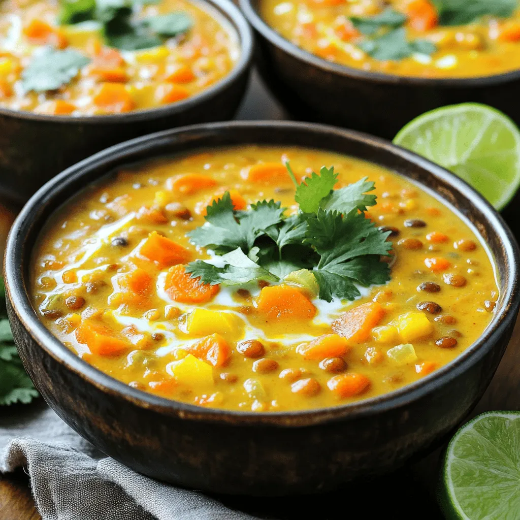 To make Vegan Coconut Curry Lentil Soup, you need some key ingredients that create the base of this dish. Here’s what you will need: - 1 cup red lentils, rinsed - 1 can (14 oz) coconut milk - 4 cups vegetable broth - 1 medium onion, diced - 3 cloves garlic, minced - 1-inch piece ginger, grated - 2 medium carrots, diced - 1 bell pepper (red or yellow), diced The heart of this soup lies in its spices. The key spices and seasonings include: - 2 tablespoons red curry paste - 1 tablespoon olive oil - 1 tablespoon soy sauce (or tamari for gluten-free) - 1 teaspoon turmeric powder - 1 teaspoon ground cumin - Salt and pepper to taste These ingredients not only add flavor but also work together to create a rich, creamy texture. Adding garnishes can elevate your soup even more. I recommend: - Fresh cilantro for garnish - Lime wedges for serving These garnishes give a fresh touch and a zesty zing that complements the curry flavors beautifully. You will enjoy how these simple additions can transform your soup into a stunning dish! 1. Heat olive oil in a large pot over medium heat. 2. Add the diced onion and cook for about 5 minutes. Stir until the onion turns soft and clear. 3. Next, add minced garlic and grated ginger. Cook for one more minute to let the aroma rise. 4. Now, toss in the diced carrots and bell pepper. Sauté for 5 to 7 minutes until they soften. 5. Stir in red curry paste, turmeric powder, and ground cumin. Mix well to coat the veggies and toast the spices for 1 to 2 minutes. 1. Pour in the vegetable broth and bring the soup to a simmer. 2. Add the rinsed red lentils and the can of coconut milk. Stir until everything is well combined. 3. Season with soy sauce, salt, and pepper to taste. 4. Lower the heat and cover the pot. Let it simmer for 25 to 30 minutes until the lentils are tender. 5. Taste the soup and adjust the seasoning as needed. If the soup seems too thick, add a bit more vegetable broth or water. 6. Serve hot in deep bowls, garnished with fresh cilantro and a squeeze of lime juice for added flavor. To make your soup shine, adjust the seasoning as needed. Taste your soup before serving. If it lacks flavor, add salt or soy sauce. Lime juice adds brightness. I often squeeze in a little lime right before serving. It lifts the dish! Aromas matter too. To enhance the soup's scent, sauté the onion, garlic, and ginger until fragrant. This step builds a strong base. Use fresh spices for better aroma. Fresh herbs like cilantro also boost the smell. Sautéing is key for good texture. Start with medium heat and add olive oil. The oil helps the onion soften first. Stir often to avoid burning. After the onions, add garlic and ginger for more flavor. For tender lentils, simmer gently. Once you add the lentils, keep the heat low. This helps them cook evenly. Stir occasionally to prevent sticking. If they seem too firm, add more broth. It helps them soften nicely. {{image_2}} You can easily swap coconut milk and broth. Try using almond or cashew milk for a nutty taste. If you want a lighter option, vegetable broth works well too. For veggies, you can add a variety of choices. Sweet potatoes bring sweetness, while spinach adds color and nutrients. Zucchini or green beans can also boost texture and flavor. To change the flavor, consider different curry pastes or spice blends. Green curry paste gives a fresh twist, while massaman curry adds warmth. You can also mix spices like garam masala for a unique touch. If you like heat, toss in chili peppers. Red or green Thai chilis can spice things up. You can also add crushed red pepper flakes for a milder kick. Adjust the heat to suit your taste! To keep Vegan Coconut Curry Lentil Soup fresh, let it cool down first. Transfer the soup to an airtight container. You can store it in the fridge for up to five days. When you want to reheat, just heat it on the stove or in the microwave. Stir well as it heats to make sure it warms evenly. If you have extra soup, freezing is a great option! Pour the cooled soup into freezer-safe containers. Leave some space at the top, as it will expand when frozen. You can freeze it for up to three months. To reheat, thaw it overnight in the fridge. Warm it in a pot on the stove, adding a splash of broth or water if needed. Enjoy the same rich flavor even after freezing! How long does it take to cook lentils? Cooking lentils is quick and easy. Red lentils take about 25 to 30 minutes to become tender. You can check them after 20 minutes to see if they are soft. If you want them mushy, let them cook a bit longer. Can I make this soup ahead of time? Yes, you can make this soup ahead of time. It keeps well in the fridge for about 3 to 4 days. Just let it cool, then store it in an airtight container. You can also freeze it for up to 3 months. Just remember to thaw it in the fridge before heating. What are the health benefits of coconut and lentils? Coconut milk adds healthy fats to the soup. It helps boost your energy. Lentils are high in protein and fiber. They help keep you full and support digestion. Together, they make a wholesome meal. Is this soup gluten-free? Yes, this soup is gluten-free. Just use tamari instead of soy sauce if you need it to be gluten-free. The other ingredients do not contain gluten, making it safe for those with gluten sensitivities. You've learned about key ingredients, preparation steps, and tips for a great lentil soup. We covered how to adjust flavors and store your leftovers. With simple variations, you can make this soup your own. Whether you added spices or tried new veggies, the soup should be tasty and fun. Enjoy your cooking journey and share your creations with friends and family for a tasty meal together!