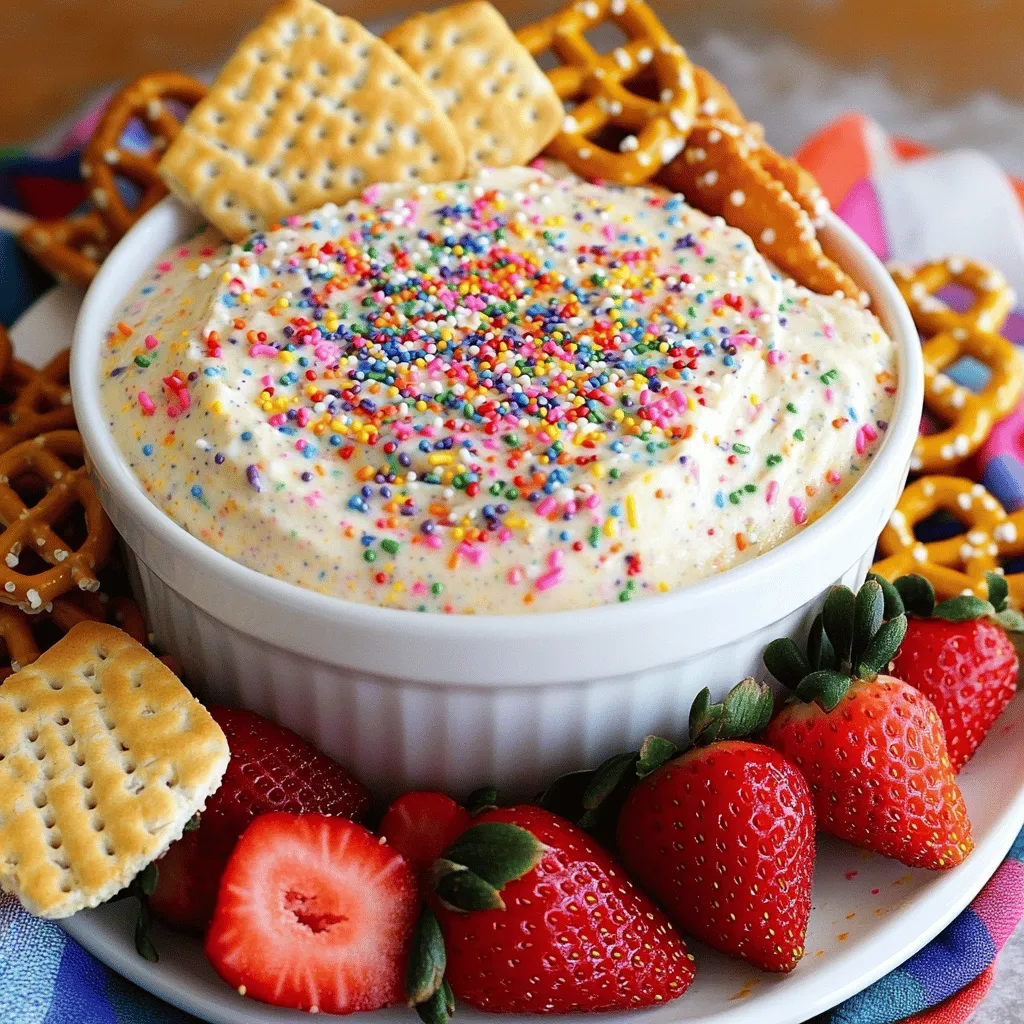 To make Funfetti Cake Batter Dip, you will need these items: - 1 cup all-purpose flour - 1/2 cup unsalted butter, softened - 3/4 cup brown sugar - 1/4 cup granulated sugar - 2 teaspoons vanilla extract - 1/2 teaspoon baking powder - 1/4 teaspoon salt - 1 cup sprinkles (rainbow or your choice) - 1/2 cup sour cream - 1/2 cup cream cheese, softened - 1/4 cup milk (more if needed for consistency) If you need to swap some ingredients, here are good options: - Use coconut oil instead of butter for a dairy-free version. - Swap brown sugar with coconut sugar for a lighter flavor. - Replace sour cream with plain yogurt for a tangy twist. - Use almond milk or oat milk in place of regular milk. - For gluten-free, choose a gluten-free flour blend. Using quality ingredients makes a big difference in taste. Here are my tips: - Select fresh butter for a creamy texture. - Choose pure vanilla extract for the best flavor. - Use vibrant, high-quality sprinkles to brighten your dip. - Check the expiration date on your dairy products for freshness. - Opt for organic sugars if possible for a cleaner taste. Start by gathering all your ingredients. You will need flour, butter, sugars, vanilla, baking powder, salt, sprinkles, sour cream, cream cheese, and milk. This dip comes together fast, so make sure you have everything ready. 1. In a large bowl, beat 1/2 cup of softened butter with 3/4 cup of brown sugar and 1/4 cup of granulated sugar. Mix until it’s creamy. 2. Next, add 2 teaspoons of vanilla extract and mix until it’s combined. 3. In another bowl, whisk together 1 cup of all-purpose flour, 1/2 teaspoon of baking powder, and 1/4 teaspoon of salt. 4. Slowly add the dry mix to the wet mix. Blend on low speed until just combined. 5. Now, gently fold in 1/2 cup of sour cream and 1/2 cup of softened cream cheese. Make sure it’s smooth. 6. Slowly stir in 1/4 cup of milk. Add more if you want a thinner dip. Aim for a thick but scoopable texture. 7. Finally, fold in 1 cup of sprinkles. Make sure they are evenly mixed in. Transfer the dip to a fun serving bowl. Chill it in the fridge for at least 30 minutes. This helps the flavors blend and makes it taste even better! Serve it with graham crackers, pretzels, or fresh fruit for a tasty treat. To get the best texture for your Funfetti Cake Batter Dip, start with softened butter. This helps mix smoothly with the sugars. When you add the flour, mix on low. This keeps everything light and fluffy. If your dip is too thick, add more milk, a little at a time. You want it thick but easy to scoop. Chilling the dip is key. It makes the flavors blend well and firms up the texture. You can serve this dip in many fun ways. Use graham crackers for a sweet crunch. Pretzels add a nice salty touch. Fresh fruit like strawberries or apples gives a fresh taste. Cookies are also great for dipping! Arrange these around the bowl for a colorful look. It makes your table festive and fun! Make your dip stand out with fun bowls and colorful sprinkles on top. Use a clear bowl to show off those rainbow sprinkles. You can also add extra sprinkles on the serving platter. This adds to the festive feel. For a party, consider individual cups for each guest. This way, they can enjoy their own serving of fun! {{image_2}} You can boost flavor by adding chocolate chips or nuts. I love using mini chocolate chips for a sweet twist. They blend well with the cake batter dip. If you prefer nuts, try chopped walnuts or pecans. They add a nice crunch. Just fold them in gently to keep the dip smooth. Sprinkles make this dip fun and colorful. You can use rainbow sprinkles for a classic look. For a twist, try themed sprinkles. Holiday shapes work well for parties. You can even use colored sugar for a sparkle. Whatever you choose, make sure to mix them in last, so they stay bright. Seasonal dips can be a hit at any gathering. For Halloween, add orange and black sprinkles. In winter, use red and green for a festive vibe. For birthdays, use sprinkles that match the party theme. You can even add a dash of cinnamon for fall or peppermint for winter. Get creative and have fun with it! To store leftovers, place the dip in an airtight container. Keep it in the fridge. This way, it stays fresh and tasty for about three days. Make sure you cover the dip well. You don’t want it to dry out or absorb other smells. You can freeze Funfetti Cake Batter Dip if you have leftovers. First, put the dip in a freezer-safe container. Leave some space at the top for expansion. Seal it tight to avoid freezer burn. It will last for about a month. When you're ready to eat it, let it thaw in the fridge overnight. You don’t need to reheat this dip. It tastes best cold. If it gets too thick after storage, add a bit of milk to it. Stir well to get the right consistency again. Enjoy it chilled for the best flavor! Yes, you can make this dip gluten-free. Just swap the all-purpose flour for a gluten-free blend. Many brands offer great options that taste good. Be sure to check the labels for any hidden gluten. This way, everyone can enjoy the fun! The dip can last about 3 to 5 days in the fridge. Make sure to store it in an airtight container. This keeps it fresh and tasty. Before serving, give it a quick stir. If it seems too thick, add a splash of milk. You have many options for dipping! Try using pretzels for a salty crunch. Fresh fruit like apples and strawberries adds a nice touch. Cookies, such as chocolate chip or vanilla wafers, also work well. You can even use mini pancakes for a fun twist! In this post, we covered how to make Funfetti Cake Batter Dip. We explored the ingredients, substitutions, and tips for choosing the best ones. You learned step-by-step instructions for preparation and assembly. Plus, you got tips for perfect texture and creative serving ideas. Variations to customize the dip were also shared, along with storage instructions and answers to common questions. Enjoy creating this fun treat! It’s easy to make and a delight for all ages.
