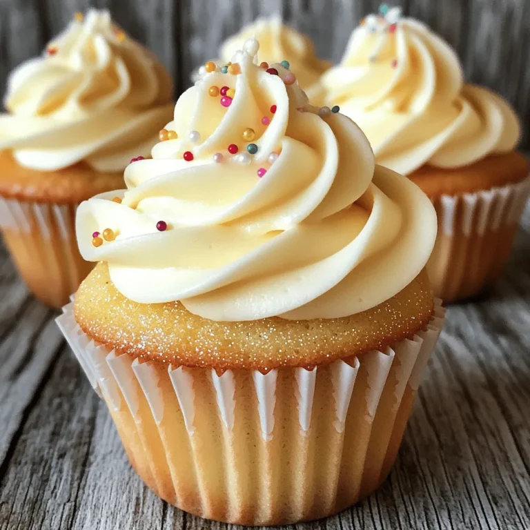 To make these easy vanilla cupcakes, you will need: - 1 ½ cups all-purpose flour - 1 cup granulated sugar - ½ cup unsalted butter, softened - 2 large eggs - ½ cup milk (whole or almond) - 2 teaspoons vanilla extract - 1 ½ teaspoons baking powder - ¼ teaspoon salt - Optional: Sprinkles or edible glitter for decoration When measuring the flour, use a spoon to fill your cup. Then, level it off. For the sugar, scoop it straight from the bag and level it too. Softened butter should feel like a firm pillow when you press it. Use room temperature eggs for better mixing. Milk can be whole or almond; both work great. To dress up your cupcakes, you can use sprinkles or edible glitter. These add color and fun. If you want, you can also frost with vanilla buttercream. This makes your cupcakes even more special! First, set your oven to 350°F (175°C). This helps the cupcakes bake evenly. Next, grab a 12-cup muffin tin. Line each cup with a cupcake liner. This makes for easy cleanup and adds fun color. In a large bowl, add softened butter and granulated sugar. Use a mixer to blend them together. Mix until the mixture is light and fluffy. This process takes about 3-4 minutes. It gives your cupcakes a nice texture. Now, add the eggs one at a time. Mix well after each egg. This helps everything combine smoothly. After the eggs, pour in the vanilla extract. It adds great flavor to your cupcakes. In another bowl, whisk together the flour, baking powder, and salt. This step is crucial. It ensures the baking powder distributes evenly. It helps your cupcakes rise and stay fluffy. Now, it’s time to combine the mixtures. Gradually add the dry mix to the wet mix. Start with a bit of flour, then some milk. Alternate until everything is mixed. Be careful not to overmix; it can make your cupcakes dense. Take the batter and evenly divide it among the lined cups. Fill each cup about two-thirds full. This gives the cupcakes room to rise without overflowing. Place the muffin tin in your preheated oven. Bake for 18-20 minutes. To check if they are done, insert a toothpick in the center. If it comes out clean, they are ready. Once baked, remove the cupcakes from the oven. Let them cool in the tin for about 5 minutes. Then, transfer them to a wire rack. This allows them to cool completely before frosting. To make great vanilla cupcakes, avoid overmixing your batter. Overmixing can make cupcakes dense. Mix just until combined. Another mistake is filling the liners too much. Fill them only two-thirds full. This lets the cupcakes rise nicely. Watch the baking time too. Every oven is different. Check your cupcakes at 18 minutes. For soft and fluffy cupcakes, use room temperature butter and eggs. Cold ingredients can make mixing hard. Cream the butter and sugar well until light and fluffy. This adds air and helps with texture. Use a light hand when combining wet and dry ingredients. Gentle mixing keeps the batter airy. To pipe frosting, use a piping bag fitted with a star tip. Fill the bag halfway to avoid spills. Start from the outside edge and swirl in. This gives a nice look. Practice on a plate if you feel nervous. Use a stiff buttercream for easy piping. If it’s too soft, it will not hold its shape. Serve your cupcakes plain for a simple treat. For a fun twist, add colorful sprinkles or edible glitter on top. They look festive and taste great! Pair your cupcakes with tea or milk for a perfect snack. You can also serve them at parties or special events. They are sure to impress! {{image_2}} You can mix up your vanilla cupcakes by adding flavors. Consider these ideas: - Chocolate: Add ¼ cup cocoa powder to the flour. - Lemon: Mix in 1 tablespoon of lemon zest for a fresh twist. - Almond: Replace vanilla extract with almond extract for a nutty taste. These flavors make the cupcakes fun and unique! Frosting can change the whole cupcake. Here are some tasty options: - Chocolate Frosting: Use cocoa powder and butter for a rich treat. - Cream Cheese Frosting: Mix cream cheese, butter, and powdered sugar for a tangy flavor. - Fruit Frosting: Blend fresh fruit puree into your buttercream for a fruity kick. Each frosting adds a new layer of flavor to your cupcakes. If you have dietary needs, you can still enjoy these cupcakes. For gluten-free cupcakes: - Swap all-purpose flour for gluten-free flour blend. For dairy-free options: - Use almond milk instead of regular milk. - Replace unsalted butter with coconut oil or dairy-free butter. These swaps still give you delicious cupcakes that everyone can enjoy! You can store your vanilla cupcakes at room temperature. Place them in an airtight container. They will stay fresh for up to three days. Keep them away from direct sunlight or heat. This helps maintain their soft texture. If you want to keep your cupcakes a bit longer, store them in the fridge. Use an airtight container to prevent them from drying out. They will last about a week in the fridge. However, refrigeration can sometimes change their texture. They may become a bit denser. Freezing is a great option for long-term storage. Allow the cupcakes to cool completely first. Then, wrap each one tightly in plastic wrap. Place them in a freezer-safe bag or container. They can last up to three months in the freezer. When you’re ready to enjoy them, thaw them at room temperature. This keeps them moist and tasty. To make vanilla cupcakes from scratch, gather your ingredients first. You need flour, sugar, butter, eggs, milk, vanilla extract, baking powder, and salt. Start by preheating your oven to 350°F (175°C). Line a muffin tin with cupcake liners. Cream softened butter with sugar until fluffy. Add eggs one at a time, mixing well. Then mix in the vanilla. In another bowl, whisk flour, baking powder, and salt. Combine the dry mix with the wet mix, adding milk in between. Fill each liner two-thirds full and bake for 18-20 minutes. If you don’t have unsalted butter, you can use salted butter. Just reduce any added salt in the recipe. You can also use coconut oil, vegetable oil, or a plant-based butter for a dairy-free option. Each substitute will change the flavor slightly, but they will still taste great. To ensure your cupcakes rise well, follow these tips: Use fresh baking powder, as old baking powder may not work. Make sure to cream the butter and sugar until fluffy; this adds air to the batter. Avoid overmixing the batter, as it can make cupcakes dense. Fill cupcake liners only two-thirds full to give them room to rise. Yes, you can use other flavor extracts! Almond extract adds a nice touch, or try lemon or orange for a fruity twist. Just make sure to adjust the amount based on how strong you want the flavor. You’ve learned how to make delicious cupcakes from scratch. We covered ingredients, step-by-step instructions, and helpful tips. You can customize flavors and frostings, plus store cupcakes easily. Remember, practice makes perfect. Try new things to find what works best for your taste. With these skills, you can impress friends and family with tasty treats. Enjoy baking and have fun creating!