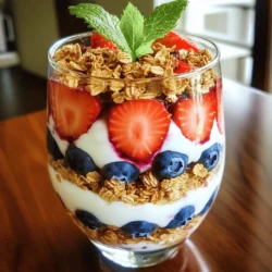 - 2 cups Greek yogurt (plain or vanilla) - 1 cup fresh strawberries, hulled and sliced - 1 cup fresh blueberries - 1/4 cup honey or maple syrup (adjust to taste) - 1 cup granola (your choice for crunch) - 1 teaspoon vanilla extract - Fresh mint leaves for garnish (optional) These main ingredients create a tasty treat. Greek yogurt gives a creamy base. Fresh berries add flavor and color. Honey or maple syrup sweetens the mix. Granola provides a nice crunch. A hint of vanilla makes it special. Mint leaves add a fresh touch. You can get creative with your parfait! Here are some fun ideas: - Swap Greek yogurt for dairy-free yogurt. - Use flavored yogurt for a twist. - Try raspberries or blackberries instead of strawberries. - Add nuts, like almonds or walnuts, for extra crunch. - Use chia seeds for added health benefits. - Drizzle with chocolate sauce for a sweet touch. These options let you make the parfait your own. Mix and match until you find your favorite! This recipe makes enough for four servings. Each glass will hold a lovely layered treat. You can adjust the amounts for more or fewer servings. Just keep the same ratio of yogurt, berries, and granola. This way, you will have a perfect balance in every bite! First, gather your ingredients. You need Greek yogurt, honey or maple syrup, and vanilla extract. In a bowl, add 2 cups of Greek yogurt. Then, mix in 1 teaspoon of vanilla extract. Drizzle in 1/4 cup of honey or maple syrup. Stir until the yogurt is smooth and creamy. Taste it, and adjust the sweetness if needed. This mixture gives your parfait a sweet base. Grab your clear glasses or parfait dishes. Start by adding a spoonful of your yogurt mix to the bottom. Next, add a layer of sliced strawberries. Use 1 cup of fresh strawberries, hulled and sliced. After that, add a layer of blueberries. Use 1 cup of fresh blueberries for this layer. Sprinkle some granola on top for crunch. Repeat these layers until you reach the top of the glass. Aim for at least three layers for a stunning look. For the best look, use clear glasses. This way, everyone can see the colorful layers inside. Once you finish layering, drizzle a bit more honey or maple syrup on top. This adds extra sweetness and shine. Finally, garnish with fresh mint leaves for a pop of green. Serve the parfait right away while the granola is still crunchy. Enjoy your creation! Choose berries that look bright and fresh. For strawberries, look for a rich red color and a fresh green cap. Make sure they are firm and plump. For blueberries, pick ones that are deep blue with a slight powdery coating. This means they are fresh and sweet. Avoid any berries that are mushy or have dark spots. Pick granola that adds crunch to your parfait. You can choose classic oats or fruity options. Look for granola with nuts or seeds for extra texture. If you want less sugar, choose a brand with no added sweeteners. You can even make your own granola at home for a fun twist! You can add a dash of cinnamon for warmth. A sprinkle of chia seeds boosts nutrition. Try adding a spoonful of nut butter for creaminess. You could also mix in some coconut flakes for a tropical vibe. Feel free to get creative! {{image_2}} You can swap Greek yogurt for dairy-free options. Look for coconut or almond yogurt. These options work well in parfaits. They bring a unique flavor. If you want something sweet, try flavored yogurts. Vanilla or honey flavors add extra taste. Always check for added sugars to keep it healthy. Feel free to mix up the fruits. Instead of strawberries and blueberries, use raspberries or blackberries. Sliced bananas or peaches also taste great. You can add nuts or seeds for crunch. Try chia seeds for a boost in nutrition. Get creative with your favorite fruits and toppings! Seasonal fruits make this parfait fun all year. In spring, use fresh cherries or kiwi. Summer is perfect for peaches and nectarines. In fall, try apples with cinnamon. Winter calls for pomegranate seeds or citrus fruits. Each season brings new flavors to explore. Enjoy your parfaits with what's fresh and in season! To keep your Double Berry Greek Yogurt Parfait fresh, store it in the fridge. Use an airtight container to prevent moisture loss. It's best to keep the granola separate. This way, it stays crunchy. If you mix it all, the granola will become soft. Greek yogurt can last about one to three weeks in the fridge after opening. Fresh berries are best within three to five days. Granola can stay good for up to six months if sealed tight. Honey and maple syrup do not spoil easily and can last a long time. When you're ready to enjoy leftovers, take the yogurt and berries out. Reassemble the parfait in a glass. Add fresh granola on top. This keeps everything tasting fresh and delicious. You can also add a drizzle of honey or syrup for extra flavor. Enjoy your treat! Yes, you can prepare the yogurt mixture ahead of time. Mix the yogurt, vanilla, and sweetener, then store it in the fridge. However, I recommend adding the granola right before serving. This keeps it crunchy. You can store the layered parfait for up to one day, but the granola may get soggy. Greek yogurt is rich in protein. It helps keep you full longer. It also contains probiotics, which are good for gut health. Greek yogurt is lower in sugar compared to regular yogurt. Additionally, it provides calcium, which is essential for strong bones. Absolutely! You can use any yogurt style you like, like dairy-free options. If you don’t have honey, maple syrup works well too. For granola, you can swap for nuts or seeds for crunch. If you have other berries, like raspberries or blackberries, feel free to use those instead. To make a vegan parfait, use plant-based yogurt. Almond or coconut yogurt works great. Sweeten it with maple syrup or agave. Use fresh berries as toppings, and you can still add granola for crunch. Yes, frozen berries are a good choice. Just thaw them first. They can be softer, so they may not hold their shape as well as fresh berries. However, they still taste great and add nice color. To make your parfait more filling, add a layer of nuts or seeds. Chia seeds or hemp seeds add extra protein and fiber. You can also layer in some nut butter for a tasty twist. This parfait pairs well with smoothies or fresh juice. You can also serve it alongside oatmeal for a hearty breakfast. It makes a great snack or dessert too! This blog post shares how to make a Double Berry Greek Yogurt Parfait. We covered the main ingredients and optional additions to suit your taste. I provided step-by-step instructions for making and layering your parfait. You learned tips for choosing the best berries and granola. We explored variations and storage methods for leftovers. Try this parfait for a healthy treat. It’s easy to make and fun to customize! Enjoy your delicious creation!