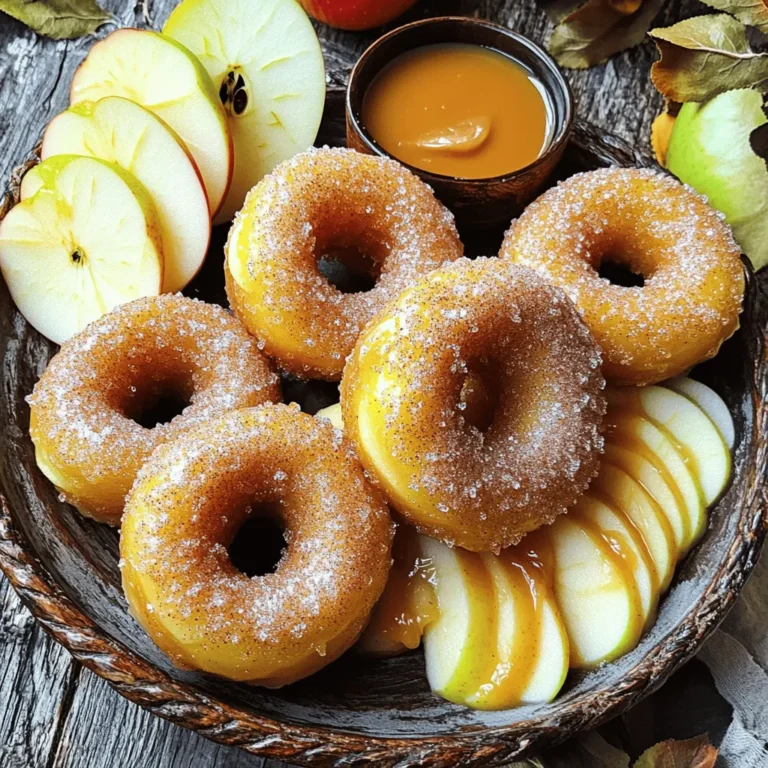 To make these tasty donuts, you need the following items: - 2 medium apples (Granny Smith or Honeycrisp), peeled and grated - 2 cups all-purpose flour - 1 cup granulated sugar - 1 tablespoon baking powder - 1 teaspoon ground cinnamon - ½ teaspoon nutmeg - ½ teaspoon salt - ½ cup unsweetened applesauce - 2 large eggs - ½ cup whole milk - 2 tablespoons melted butter - Vegetable oil for frying - ½ cup additional granulated sugar (for coating) - 1 tablespoon ground cinnamon (for coating) These ingredients work together to create donuts that are soft and full of flavor. The grated apples add moisture and a sweet taste. The combination of flour, sugar, and spices gives a lovely texture and aroma. You can change things up a bit! Here are some optional ingredients: - Chopped nuts (like walnuts or pecans) for crunch - Vanilla extract for extra flavor - Different spices like ginger or allspice Adding these can make your donuts unique and fun. Get creative and try new flavors! To make these donuts, you will need a few tools: - Large mixing bowl - Separate bowl for wet ingredients - Whisk for mixing - Piping bag or spoon for shaping donuts - Deep pot or fryer for frying - Slotted spoon for removing donuts - Paper towels for draining excess oil - Shallow bowl for mixing cinnamon sugar Having the right tools makes the process easier and more fun. Make sure you have everything ready before you start cooking! First, gather your ingredients. You will need: - 2 medium apples (Granny Smith or Honeycrisp), peeled and grated - 2 cups all-purpose flour - 1 cup granulated sugar - 1 tablespoon baking powder - 1 teaspoon ground cinnamon - ½ teaspoon nutmeg - ½ teaspoon salt - ½ cup unsweetened applesauce - 2 large eggs - ½ cup whole milk - 2 tablespoons melted butter - Vegetable oil for frying - ½ cup additional granulated sugar (for coating) - 1 tablespoon ground cinnamon (for coating) In a large bowl, mix the grated apples, flour, sugar, baking powder, cinnamon, nutmeg, and salt. Stir until everything is well combined. In another bowl, whisk the applesauce, eggs, milk, and melted butter until smooth. Gradually add this wet mix to the dry mix. Stir gently until just combined. Don't worry about a few lumps; they are okay. Heat about 2 to 3 inches of vegetable oil in a deep pot. Aim for a temperature of 350°F (175°C). To check if the oil is ready, drop a small piece of dough in it. If it sizzles and floats, you’re good to go. Using a piping bag or spoon, drop spoonfuls of the batter into the hot oil. Make small donut shapes, frying only a few at a time to avoid overcrowding. Fry for about 2 to 3 minutes on each side. They should turn golden brown. Use a slotted spoon to take the donuts out and place them on a paper towel-lined plate to drain excess oil. In a shallow bowl, mix the extra granulated sugar and ground cinnamon for coating. While the donuts are still warm, roll them in this mixture. Make sure they are fully coated. Let the donuts cool slightly before serving. For a beautiful presentation, arrange them on a decorative plate. Dust with extra cinnamon sugar. You can even serve them with apple slices or caramel sauce for dipping. Enjoy! When making these donuts, start by avoiding overmixing the batter. A few lumps are okay. If you mix too much, the donuts can turn out tough. Also, watch the oil temperature. If it's too hot, the outside cooks fast, leaving the inside raw. If too cool, the donuts soak up oil and become greasy. Fry only a few donuts at a time. This keeps the oil hot and helps them cook evenly. To get a nice, fluffy donut, use fresh baking powder. If it’s old, it may not rise well. Make sure to peel and grate the apples finely. This helps distribute the apple flavor throughout the donut. Also, let the donuts rest after frying. This helps them firm up and gives you the perfect bite. Finally, rolling them in cinnamon sugar while warm helps the coating stick better. I love serving these donuts on a pretty plate. A light dusting of extra cinnamon sugar makes them look nice. For a fun twist, add a side of caramel sauce or apple slices. The sweetness pairs well with the cinnamon flavor. You can also serve them with a scoop of vanilla ice cream for a treat! Enjoy them warm for the best taste. {{image_2}} You can make your cinnamon sugar apple donuts baked or fried. Fried donuts have a crispy texture and a rich flavor. They soak up the cinnamon sugar well. Baking them makes them lighter and less greasy. To bake, just place the batter in a donut pan and bake at 350°F for about 12-15 minutes. Both methods create delicious treats, so choose what you prefer. Want to mix things up? You can add extra spices or nuts to your donuts. Try adding a pinch of ground cloves or ginger for warmth. Chopped walnuts or pecans add a nice crunch. You can even stir in chocolate chips for a sweet twist. The options are endless, so feel free to experiment based on your taste. If you need gluten-free donuts, swap the all-purpose flour with a gluten-free blend. Make sure the blend has a binding agent like xanthan gum. For a vegan version, replace the eggs with flax eggs or applesauce. Use almond milk instead of whole milk, and replace butter with coconut oil. These swaps keep the flavor while fitting dietary needs. To keep your leftover donuts fresh, place them in an airtight container. This helps keep them soft. You can use a cake dome or a plastic container. Make sure they cool completely before storing. If not, moisture can make them soggy. Stored this way, they last up to three days at room temperature. To enjoy your donuts warm again, you can use the oven or microwave. For the oven, preheat it to 350°F (175°C). Place the donuts on a baking sheet for about 5-8 minutes. This keeps them crispy. If using the microwave, heat for about 10-15 seconds. This warms them quickly but may not keep them crispy. If you want to save your donuts for later, freezing is a great option. Allow the donuts to cool completely. Then, wrap each one in plastic wrap. Place them in a freezer-safe bag or container. They can stay in the freezer for up to three months. When you’re ready to eat them, thaw in the fridge overnight, then reheat as mentioned above. Yes, you can use other apples like Fuji or Gala. These apples add their own sweet taste. Granny Smith gives a tart flavor, while Honeycrisp has a nice crunch. Pick what you love for the best taste! To check if the oil is hot, drop a small piece of dough in it. If it sizzles and floats, the oil is ready. You can also use a thermometer to reach 350°F (175°C). This temperature gives you crispy donuts without too much oil. It’s best to make the batter fresh for the best texture. If you need to prep ahead, store the wet and dry ingredients separately. Mix them just before frying. This keeps the donuts fluffy and light. If your donuts turn out soggy, they may not have cooked long enough. Ensure the oil is hot enough before frying. Also, drain them well on paper towels. A quick roll in cinnamon sugar will add flavor and help with texture! Cinnamon sugar apple donuts are fun and easy to make. This guide covered key ingredients, step-by-step instructions, and important tips. You learned how to avoid common mistakes and explore unique variations. Remember, achieving the right texture is crucial for tasty donuts. Store leftovers properly to enjoy them later. Don’t hesitate to experiment with flavors or adapt these recipes to suit your needs. Now, you can confidently create your perfect batch of donuts at home!