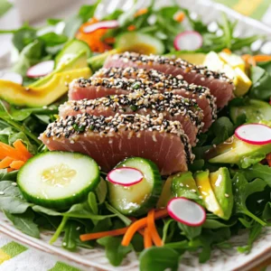 - 2 Ahi tuna steaks (6 oz each) - 1/4 cup sesame seeds (mix of black and white) - 2 tablespoons soy sauce - 1 tablespoon sesame oil - 4 cups mixed salad greens (arugula, spinach, and romaine) - 1/2 cucumber, thinly sliced - 1 carrot, julienned - 1 avocado, sliced - 1/4 cup radishes, thinly sliced - 2 tablespoons green onions, chopped - Dressing: 3 tablespoons olive oil, 1 tablespoon rice vinegar, 1 tablespoon honey, salt, and pepper to taste Let’s break down why each ingredient shines in this salad. Ahi tuna is a firm fish with a mild flavor. It’s low in fat and high in protein. The sesame seeds add a delightful crunch. They give a nutty taste that pairs well with the tuna. Soy sauce and sesame oil bring bold umami flavors. They also enhance the tuna's natural taste. The mixed salad greens create a fresh base. They add color and texture to the dish. Cucumber and radishes add crispness. The carrot offers sweetness. Avocado gives a creamy texture that balances the dish. The dressing ties everything together. Olive oil adds richness. Rice vinegar gives a tangy twist, while honey adds a hint of sweetness. This salad is not just tasty; it's also packed with nutrients. You get healthy fats from the tuna and avocado. The greens and veggies provide vitamins and minerals. Enjoy this delicious and healthy meal! First, you need to pat the tuna steaks dry using paper towels. This step helps the crust stick better. Next, mix soy sauce and sesame oil in a shallow dish. Place the tuna in this mixture and let it marinate for about 10 minutes. This adds flavor and makes the tuna juicy. Now, it’s time to coat the tuna. Spread both black and white sesame seeds on a plate. After marinating, take the tuna out and press each side into the sesame seeds. Ensure the tuna is fully coated for a nice crunch. To achieve the perfect sear, use a non-stick skillet. Heat the skillet over medium-high heat. Add a drizzle of olive oil. When the oil is hot, place the tuna steaks in the skillet. Sear each side for about 1 to 2 minutes. This keeps the inside tender and rare. Remove the tuna from heat and let it rest for a minute. Resting helps keep the juices inside. In a large bowl, combine the mixed salad greens. Add thinly sliced cucumber, julienned carrot, sliced avocado, and radishes. These veggies add color and crunch. For the dressing, whisk together olive oil, rice vinegar, honey, salt, and pepper in a small bowl. Drizzle this over the salad and gently toss to mix. Now, it’s time to slice the tuna. Use a sharp knife and cut the seared tuna into thin slices. This makes it easy to eat. On each plate, divide the salad and top it with the sliced tuna. For a beautiful finish, sprinkle with green onions and add extra sesame seeds if you like. This adds extra flavor and a lovely look to your dish. To get the best sear on your Ahi tuna, timing matters. For rare tuna, sear it for about 1 minute on each side. If you prefer medium-rare, go for 1.5 to 2 minutes. Always use a high-quality non-stick skillet. This type of skillet helps prevent the tuna from sticking and makes cleanup easy. To boost flavor, consider adding a pinch of garlic powder or fresh ginger to your marinade. You can also substitute the sesame oil with a splash of chili oil for a spicy kick. When choosing sesame seeds, look for fresh seeds. They should smell nutty, not stale. A mix of black and white seeds adds both taste and visual appeal. For a stunning salad, layer your ingredients. Start with mixed greens, then add cucumber, carrot, and avocado. Arrange the sliced tuna on top. This way, each layer shows through. Use garnishes like extra sesame seeds and chopped green onions. They add color and texture, making your dish pop! {{image_2}} If you cannot find Ahi tuna, consider these tasty swaps: - Salmon: Rich in omega-3s and flavorful. - Tofu: Great for a plant-based option. Marinate it like tuna for added taste. - Chicken: Grilled chicken breast offers a hearty substitute. Each option brings unique flavors while keeping the dish fresh and exciting. You can switch up the dressing for new flavors. Here are some ideas: - Spicy Peanut Dressing: Mix peanut butter, soy sauce, lime juice, and garlic. - Creamy Avocado Dressing: Blend avocado, yogurt, lemon juice, and herbs. - Citrus Vinaigrette: Whisk orange juice, olive oil, and a pinch of salt. Feel free to include extra ingredients like garlic, ginger, or herbs for added depth. Seasonal veggies can change the salad’s vibe. Try these swaps: - Spring: Use asparagus and peas. - Summer: Add sweet corn and cherry tomatoes. - Fall: Incorporate roasted squash or kale. For an extra crunch, toss in fruits like apples or berries, or add nuts like almonds or walnuts. They boost nutrition and flavor! Store any leftover salad in an airtight container. This keeps it fresh for up to two days in the fridge. If you have leftover tuna, keep it separate from the salad. Tuna stays fresh for about three days when stored properly. To keep the salad greens crisp, avoid adding dressing until you are ready to eat. You can freeze Ahi tuna steaks if you have extras. Wrap each steak tightly in plastic wrap, then place them in a freezer bag. This helps prevent freezer burn. For best results, use the tuna within three months. When you want to cook it again, thaw the tuna in the fridge overnight. This keeps the texture nice and firm. Avoid thawing at room temperature, as this can lead to uneven cooking later. You can cook Ahi tuna by searing or grilling it. Searing gives a nice crust. Grilling adds a smoky taste. For searing, heat a non-stick skillet over medium-high heat. Add olive oil and sear each side for 1-2 minutes. This keeps the inside rare and juicy. Yes, you can prep this salad in advance. Wash and cut the veggies ahead of time. Store them in the fridge. You can also marinate the tuna earlier. Cook it just before serving for the best taste. Keep the dressing separate until you are ready to eat. Yes, this salad is healthy! Ahi tuna is high in protein and low in fat. It contains omega-3 fatty acids, which are good for your heart. The mixed greens provide vitamins and fiber. Avocado adds healthy fats. Overall, this salad is packed with nutrients and flavor. This salad pairs well with many sides. Try serving it with brown rice for extra carbs. You could also have it with steamed veggies like broccoli or green beans. A light soup can work well too. Each option can enhance your meal nicely. This post covered how to make a sesame crusted Ahi tuna salad. We talked about ingredients, step-by-step instructions, and useful tips. You learned about alternatives and how to store leftovers. Remember, you can adjust flavors and ingredients as you like. This salad is not just healthy; it’s also easy to make. Enjoy creating a dish that impresses and nourishes!
