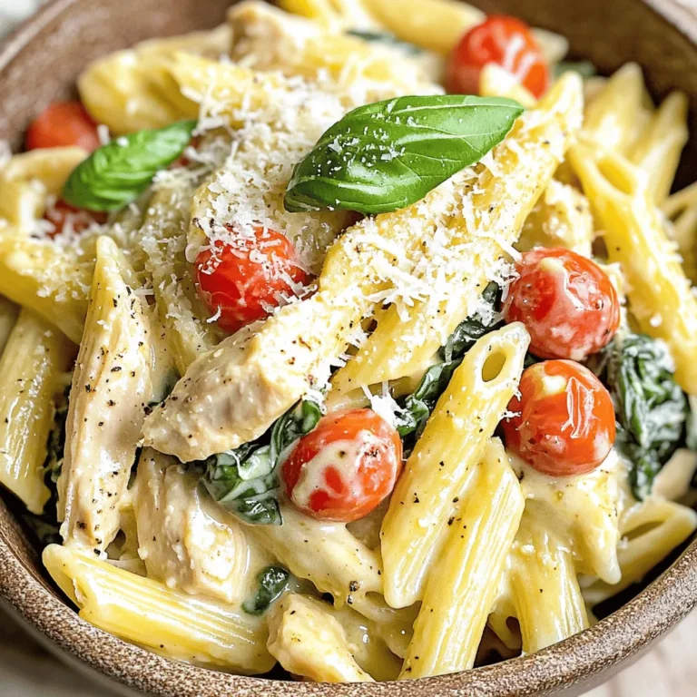 To create this tasty dish, gather these main ingredients: - 1 pound boneless, skinless chicken breasts, cut into bite-sized pieces - 2 cups penne pasta - 1 cup chicken broth - 1 cup heavy cream - 1 cup cherry tomatoes, halved - 1 cup spinach, packed - 1 teaspoon garlic powder - 1 teaspoon Italian seasoning - 1/2 cup grated Parmesan cheese - 2 tablespoons olive oil - Salt and pepper to taste These items form the base of our creamy Tuscan chicken pasta. Each ingredient adds flavor and texture. The chicken gives protein, while the cream creates richness. The spinach and tomatoes add color and nutrients. You can add some optional ingredients for extra flavor: - 1/2 teaspoon red pepper flakes (for heat) - Fresh basil for garnish Red pepper flakes give a nice kick. Fresh basil adds a pop of flavor and beauty. Make sure you have these necessary tools: - Instant Pot - Wooden spoon - Measuring cups and spoons - Knife and cutting board Having the right tools makes cooking easier. The Instant Pot speeds up cooking time. A wooden spoon helps mix everything well. First, turn your Instant Pot to the Sauté setting. Pour in the olive oil and let it heat. Season the chicken pieces with salt, pepper, garlic powder, and Italian seasoning. Add the seasoned chicken to the pot. Cook for about 5-7 minutes. Stir occasionally until the chicken is brown on all sides. This step gives the chicken a nice flavor. Next, pour in the chicken broth. Use a wooden spoon to scrape any brown bits from the pot. This adds more taste. Now, add the penne pasta. Make sure the pasta is fully submerged in the broth. This helps it cook evenly. Now, close the lid of the Instant Pot. Set the valve to Sealing and select Pressure Cook for 4 minutes. This step cooks the pasta and chicken quickly. When the timer goes off, turn the valve to Venting. This quickly releases the pressure and steam. Carefully open the lid. Stir in the heavy cream, cherry tomatoes, spinach, and optional red pepper flakes. Add the grated Parmesan cheese. Mix all the ingredients well. The cheese should melt, and the spinach will wilt. This makes the dish creamy and colorful. Taste your pasta now. If it needs more flavor, add more salt and pepper. If the sauce is too thick, add a bit more chicken broth or water. You want a nice, creamy consistency that coats the pasta well. Spoon the creamy pasta into bowls or plates. Garnish with fresh basil for a pop of color. For extra flavor, sprinkle more Parmesan cheese and cracked black pepper on top. This makes the dish look and taste amazing! To cook pasta well, use the right amount of water. For this recipe, the chicken broth adds flavor and moisture. Make sure the penne is fully submerged. Stir it gently when you add it to the pot. This helps prevent sticking. For a creamy sauce, use heavy cream. Add it after pressure cooking. Mix it in slowly to avoid clumps. The Parmesan cheese also helps to thicken the sauce. If it gets too thick, add more broth or water. To boost flavor, use fresh herbs. Fresh basil adds a nice touch. You can also add minced garlic for more depth. Red pepper flakes bring heat if you like spice. Taste the dish before serving to adjust seasoning. {{image_2}} You can swap chicken for other proteins. For a lighter dish, use turkey. If you want something vegetarian, try chickpeas or tofu. Both options add great texture. You can marinate these proteins just like chicken for more flavor. Penne is a great choice, but other pastas work well too. Try fusilli for a twist; its shape holds sauce nicely. Or use spaghetti for a classic feel. Gluten-free pasta is also an option if you need it. Just check the cooking time, as it may vary. Feel free to mix in different veggies. Bell peppers add sweetness and color. Mushrooms give a nice earthy flavor. Broccoli or zucchini can boost the nutrition. Make sure to add them when you stir in the cream. This keeps them fresh and bright! To keep your creamy Tuscan chicken pasta fresh, place leftovers in an airtight container. Let the pasta cool down to room temperature first. Store it in the fridge for up to three days. Make sure the lid is tight to prevent air from getting in. When you're ready to enjoy leftovers, you can reheat them on the stove or in the microwave. For the stove, add a splash of chicken broth to a pan. Heat on medium until warm, stirring often. For the microwave, put the pasta in a bowl, cover it with a lid, and heat for one to two minutes. Stir halfway to help it warm evenly. If you want to freeze the pasta, let it cool completely. Then, place it in a freezer-safe bag or container. Try to remove as much air as possible to prevent freezer burn. It can stay frozen for up to three months. When you're ready to eat it, thaw it in the fridge overnight, then reheat as mentioned above. Yes, you can use frozen chicken. Just add a few extra minutes to the cooking time. Cut the chicken into smaller pieces if possible. This helps it cook evenly and faster. There are several tasty options. You can use half-and-half or whole milk for a lighter sauce. Silken tofu blended with a bit of water is a great dairy-free choice. For a nutty flavor, try cashew cream. To make this dish gluten-free, use gluten-free penne pasta. Many brands offer great options that cook well in the Instant Pot. Always check the labels to ensure they are certified gluten-free. Yes, you can make this dish on the stove. Sauté the chicken in a large pot, then add the broth and pasta. Cook until the pasta is tender, then stir in the cream and veggies. This creamy pasta pairs nicely with a fresh salad or garlic bread. Roasted vegetables also make a great side. For a light touch, try serving it with steamed broccoli or green beans. You learned how to make Creamy Tuscan Chicken Pasta step-by-step. We covered the main and optional ingredients, necessary tools, and tips for the best results. You also explored different variations, storage tips, and answers to common questions. Now, you can confidently cook this delicious dish. Enjoy creating your own version and impressing your family. Cooking can be fun and rewarding!