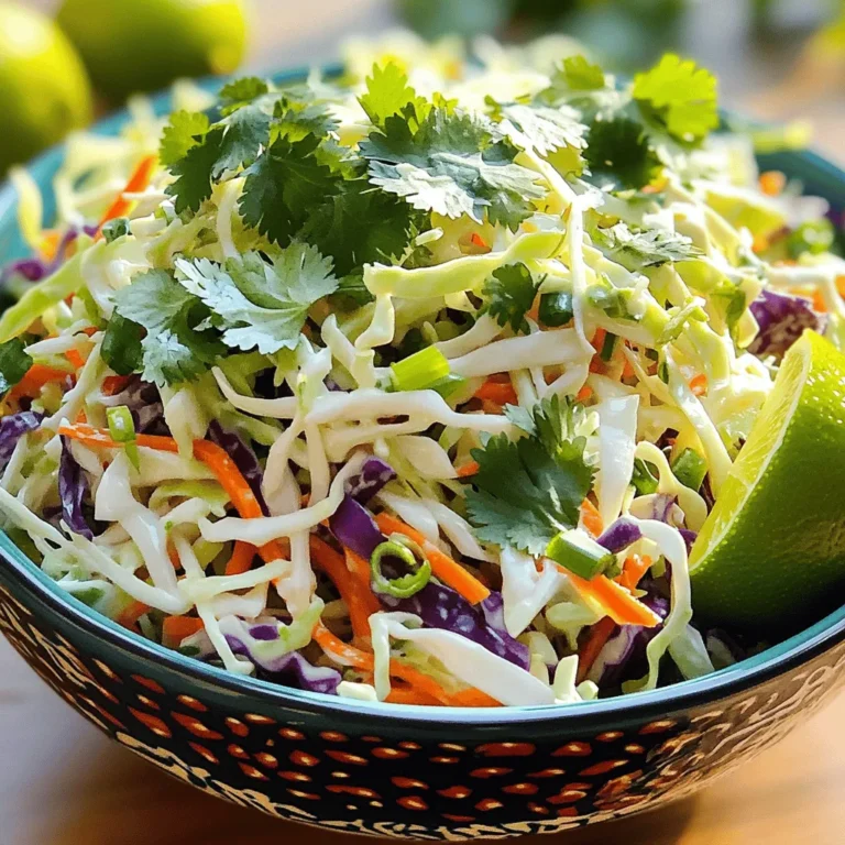 - 4 cups green cabbage, finely shredded - 1 cup purple cabbage, finely shredded - 1 large carrot, grated - 1 red bell pepper, thinly sliced - 1 cup fresh cilantro, chopped - 1/4 cup green onions, sliced - 1/2 cup lime juice (freshly squeezed) - 1 tablespoon honey or agave syrup - 1 tablespoon olive oil - Salt and pepper to taste - 1 jalapeño, finely chopped (for heat) The ingredients for Lime Cilantro Slaw are bright and fresh. Each vegetable adds color and crunch. Green cabbage forms the base of the slaw and gives a nice crisp bite. Purple cabbage offers a lovely color and more crunch. Grated carrot adds a sweet note. Sliced red bell pepper brings a juicy texture. Fresh cilantro is key here. It gives a vibrant flavor that pairs well with lime. Green onions add a mild onion taste. For the dressing, freshly squeezed lime juice is essential. It adds tanginess and freshness to the slaw. Honey or agave syrup balances the tartness. Olive oil helps to coat the vegetables well. Finally, season with salt and pepper to taste. If you like heat, adding jalapeño gives a nice kick. You can adjust the amount based on your taste. This slaw is all about freshness and flavor, making it a delightful side dish. To start, you need to combine the vegetables. Grab a large mixing bowl. Place 4 cups of finely shredded green cabbage and 1 cup of finely shredded purple cabbage in the bowl. Next, add 1 large grated carrot and 1 thinly sliced red bell pepper. Now, chop 1 cup of fresh cilantro and slice 1/4 cup of green onions. Toss all these vibrant vegetables together. This mix brings color and crunch to your slaw. For the dressing, take a small bowl. Whisk together 1/2 cup of freshly squeezed lime juice and 1 tablespoon of honey or agave syrup. This mix adds a zesty sweetness. Then, season the dressing with salt and pepper to taste. If you like some heat, add a finely chopped jalapeño. Stir well to combine all these flavors. Now, pour the dressing over your slaw mixture. Toss everything together. Make sure each piece of vegetable gets coated. Let the slaw sit for at least 15 minutes. This allows the flavors to meld and the cabbage to soften slightly. Before serving, give it one last toss to mix everything well. To make the best lime cilantro slaw, you need fresh veggies. Choose green cabbage that feels firm and heavy. Purple cabbage should have bright color and crisp leaves. Carrots need to be bright orange and firm. For herbs, select cilantro that is vivid green and fragrant. Fresh lime juice is a must. It brings a bright taste to the slaw. Always use limes that feel heavy for their size. This means they are juicy. When serving your slaw, presentation matters! Use a colorful bowl to make the slaw pop. Garnish with extra cilantro leaves and lime wedges for a fresh look. This adds a touch of color and flavor. Pair lime cilantro slaw with grilled chicken or fish. It also goes well with tacos or burritos. The crisp slaw balances rich dishes nicely. Want to add a kick? Try mixing in spices like cumin or chili powder. For a sweet touch, use diced mango or pineapple. Honey or agave syrup can sweeten the dressing, but you can also use maple syrup for a different flavor. If you like heat, add jalapeño to the mix. Adjust the spice level to fit your taste. Each of these changes can give your slaw a unique twist! {{image_2}} You can change up the vegetables in your slaw. Try using Napa cabbage or kale for a twist. You can also add radishes for a peppery crunch. If you want some sweetness, consider adding fruits like apples or mango. They add a pop of color and flavor. Switching the dressing can change the slaw's taste. Instead of lime juice, use vinegar for a tangy kick. Apple cider vinegar or rice vinegar works well. For a dairy-free option, try cashew cream or tahini. These options keep the slaw rich and creamy without dairy. If you like heat, add some spice to your slaw. You can use jalapeños for a mild kick. For more heat, consider serrano or habanero peppers. Another option is to drizzle hot sauce over the top. This gives your slaw a fiery flavor that’s sure to impress. To keep your lime cilantro slaw fresh, store it in an airtight container. Glass or plastic containers work well. Place a layer of plastic wrap over the slaw before sealing. This helps prevent air from getting in. Always refrigerate the slaw right after serving. It stays good for three days. If the slaw starts to get soggy, toss it with a bit more fresh lime juice. Can this slaw be frozen? Yes, but it won't taste the same. Freezing changes the texture of the cabbage. If you still want to freeze it, follow these steps. First, prepare the slaw without the dressing. Next, place it in a freezer bag. Squeeze out as much air as possible before sealing. It can last for up to two months in the freezer. When you’re ready to use it, thaw it in the fridge overnight. Reheating slaw is tricky. It can lose its crunch if not done right. The best way is to let it sit at room temperature. This keeps it crisp. If you want to warm it gently, use a skillet on low heat. Stir it for a few minutes, just until it warms through. After refrigeration, you can serve it cold as a side dish again. Add fresh lime juice and cilantro for extra flavor before serving. To make lime cilantro slaw vegan, you simply replace honey with agave syrup. Agave syrup is a great plant-based sweetener. Use 1 tablespoon of it in the dressing. This keeps the slaw sweet and vegan-friendly. Yes, you can prepare lime cilantro slaw ahead of time. You can make it a day in advance. Store it in the fridge to keep it fresh. Just remember to toss it again before serving. This helps mix the dressing and veggies well. Lime cilantro slaw pairs well with many dishes. It goes great with tacos, grilled chicken, or fish. You can also serve it beside burgers or pulled pork. The bright flavors of the slaw add a nice crunch and balance to rich meals. - Can I add fruits to the slaw? Yes, fruits like mango or pineapple work well. They add sweetness and color. - How can I make it spicier? Add more jalapeños or a dash of hot sauce. This gives the slaw a nice kick. - What if I don’t have fresh lime juice? You can use bottled lime juice, but fresh is best. It really brightens up the flavors. This article covered the simple steps for making a fresh lime cilantro slaw. We explored fresh vegetables like cabbage and peppers and the key dressing components. I shared tips for selecting the best ingredients and suggestions for serving. You can easily customize the slaw with different vegetables or add spices for extra flavor. Remember, proper storage keeps your slaw fresh, and reheating is simple. Enjoy this vibrant dish with your favorite meals and make it your own!