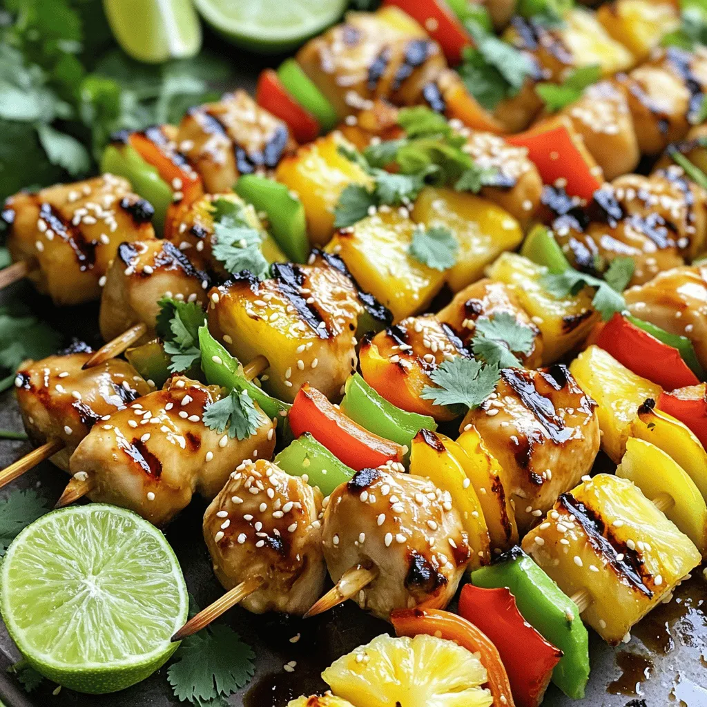 - 1 lb boneless chicken breast, cut into 1-inch chunks - 1 cup fresh pineapple, cut into 1-inch chunks - 1 bell pepper (red or yellow), cut into 1-inch pieces - 1 small red onion, cut into wedges - 1/4 cup soy sauce - 2 tablespoons honey - 2 tablespoons rice vinegar - 1 tablespoon sesame oil - 2 garlic cloves, minced - 1 teaspoon fresh ginger, grated - Salt and pepper to taste - Wooden or metal skewers (soak wooden skewers in water for 30 minutes) Gather these ingredients to make your kabobs. Fresh chicken and pineapple give the best taste. The bell pepper adds color and crunch. The marinade brings all the flavors together. Use good quality soy sauce for the best results. Make sure to soak wooden skewers to prevent burning on the grill. Enjoy your time cooking these tasty kabobs! Whisk together these ingredients in a bowl: - 1/4 cup soy sauce - 2 tablespoons honey - 2 tablespoons rice vinegar - 1 tablespoon sesame oil - 2 minced garlic cloves - 1 teaspoon grated ginger Mix them well. This marinade adds great taste to the chicken. Next, add 1 pound of chicken breast cut into 1-inch chunks. Make sure all the pieces are coated in the marinade. Cover the bowl and put it in the fridge. Let it marinate for at least 30 minutes. For more flavor, let it sit for up to 2 hours. Now it’s time to make the kabobs. Take skewers and thread the chicken, pineapple, bell pepper, and onion onto them. Use 1-inch pieces for all. Alternate the ingredients as you go. This makes the kabobs look nice and colorful. Preheat your grill or grill pan over medium heat. Once hot, place the kabobs on the grill. Cook them for 10 to 12 minutes. Turn them occasionally. This helps them cook evenly. The chicken should reach an internal temperature of 165°F (75°C). For extra glaze, brush with leftover marinade during the last few minutes. Enjoy the grilling smell! To keep it safe, always cook your chicken to an internal temperature of 165°F (75°C). Use a meat thermometer to check. This ensures the chicken is juicy and safe to eat. You can change the flavor of your marinade. If you want it sweeter, add more honey. If you like heat, try adding some chili flakes or sriracha. This makes it fun to create your own version! When serving, place the kabobs on a large platter. Drizzle some teriyaki sauce over them for a shiny look. Sprinkle sesame seeds and fresh cilantro on top. For an extra zing, add lime wedges on the side. This makes your dish eye-catching and tasty! {{image_2}} You can switch up the protein in your kabobs. Shrimp works great and cooks quickly. It adds a nice sweetness. Tofu is another option. It absorbs the marinade well. This option is perfect for a plant-based meal. Beef is also a tasty choice. Use tender cuts, like sirloin, for the best flavor. Each protein gives a new twist to your kabobs. Use seasonal veggies for a fresh touch. Zucchini adds a nice crunch. Cut it into half-moons and thread it on skewers. Cherry tomatoes bring a burst of flavor. They grill well and get sweet. You can also try bell peppers in different colors. Each color adds its own taste and look. Seasonal ingredients make your kabobs more vibrant and fun. Add spices or different sauces to change the flavor. Try some chili flakes for heat. A splash of lime juice can brighten the dish. You can swap the teriyaki sauce for a sweet chili sauce if you want. This gives your kabobs a different zing. Experiment with herbs like cilantro or basil for freshness. Each change can make your kabobs unique and exciting. To keep kabobs fresh, place leftovers in an airtight container. This helps prevent moisture loss. Store in the fridge for up to three days. If you want to enjoy them later, make sure they cool down before sealing. This keeps the texture nice and avoids sogginess. For the best taste, reheat kabobs in the oven. Preheat the oven to 350°F (175°C). Place the kabobs on a baking sheet and cover them with foil. Heat for about 10-15 minutes. This method keeps them juicy. You can also reheat them in a skillet over medium heat. Just add a splash of water or broth to keep them moist. To freeze kabobs, wrap each one in plastic wrap. Then, place them in a freezer-safe bag. Try to remove as much air as possible. Label the bags with the date. You can freeze them for up to three months. When ready to eat, thaw them in the fridge overnight. Reheat them using the methods shared above for the best results. To check if your chicken is done, use a meat thermometer. The safe internal temperature is 165°F (75°C). Insert the thermometer into the thickest part of the chicken. If it reads 165°F, the chicken is safe to eat. If you don't have a thermometer, look for these signs: the chicken should no longer be pink inside, and the juices should run clear. Yes, you can use canned pineapple. Canned pineapple is softer and sweeter than fresh pineapple. You might want to drain it well to avoid excess moisture. This can help keep your kabobs from getting soggy. Since canned pineapple is sweeter, you may want to adjust the honey in your marinade to balance the flavors. These kabobs pair well with many sides. Here are a few ideas: - Steamed jasmine rice - A fresh green salad - Grilled vegetables - Quinoa with lime and cilantro These options will enhance the sweet and savory flavors of the kabobs. Enjoy! In this article, we explored a tasty recipe for Teriyaki Chicken Pineapple Kabobs. You learned about the main ingredients, marinade components, and steps for grilling. We also shared tips for cooking and serving, plus variations to keep things fresh. Try these kabobs at your next meal for a fun and flavorful dish. Enjoy experimenting with different ingredients and flavors. You'll impress your family while keeping mealtime exciting.