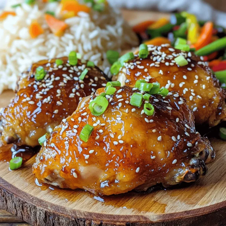 - 4 chicken thighs, bone-in and skin-on - 1/4 cup soy sauce - 1/4 cup honey - 2 tablespoons rice vinegar - 2 cloves garlic, minced - 1 inch fresh ginger, grated - 1 tablespoon sesame oil - 2 green onions, chopped (for garnish) - Sesame seeds (for garnish) - Salt and pepper to taste The main star of this dish is the chicken. I love using chicken thighs because they stay juicy and tender. The bone-in, skin-on variety gives you extra flavor and crunch. Next, we have the marinade. This is where the magic happens. I mix soy sauce, honey, and rice vinegar. This blend creates a sweet and salty flavor that makes the chicken shine. Aromatics like garlic and ginger add depth. The minced garlic gives a nice kick, while fresh ginger adds warmth. Finally, the garnishes. Chopped green onions and sesame seeds not only look great but also add a fresh crunch. You can’t skip these! Gather these ingredients, and you’re ready to make a meal that will impress everyone. To start, grab a mixing bowl. Combine these ingredients for a tasty marinade: - 1/4 cup soy sauce - 1/4 cup honey - 2 tablespoons rice vinegar - 2 cloves garlic, minced - 1 inch fresh ginger, grated - 1 tablespoon sesame oil Whisk until everything blends well. This sweet and salty mix will give your chicken great flavor. Next, take your chicken thighs. Season them with salt and pepper on both sides. Place the chicken in a zip-lock bag or a shallow dish. Pour the marinade over the chicken, ensuring every piece is covered. Seal or cover it and place it in the fridge. I like to marinate it for at least 1 hour, but overnight is even better for deeper flavor. When you are ready to cook, preheat your oven to 400°F (200°C). Take the marinated chicken out of the fridge. Place the chicken thighs in a baking dish, skin-side up. Pour any leftover marinade over them. Bake the chicken for about 30-35 minutes. You want the chicken to be cooked through and the skin to be crispy. If you want the skin extra crispy, keep an eye on it. In the last 10 minutes of baking, turn your oven to broil. This step caramelizes the chicken skin, adding a nice sticky glaze. Watch the chicken closely to avoid burning. The glaze should look shiny and delicious. Once the chicken is done, let it rest for a few minutes. This helps keep it juicy. To serve, place the chicken on a platter. Garnish it with chopped green onions and a sprinkle of sesame seeds. For a complete meal, add steamed rice and sautéed vegetables on the side. Drizzle any leftover sauce from the dish over the chicken for added flavor. Enjoy your sticky honey soy chicken! For the best flavor, I suggest marinating the chicken for at least one hour. If you have more time, marinate it overnight. This allows the chicken to soak up all the tasty flavors. You can choose to bake or grill the chicken. Baking is easy and makes the skin crispy. If you grill, it adds a nice smoky taste. Both methods work well, so pick what you prefer. To spice things up, consider adding a pinch of red pepper flakes. You can also mix in some chopped cilantro or lime juice for a fresh twist. These small changes can make a big difference in flavor. {{image_2}} If you want to try something different, you can use chicken breasts instead of thighs. Chicken breasts cook faster and can still absorb the tasty marinade. Just cut them into smaller pieces to help them soak up more flavor. Tofu is another great option for a plant-based meal. Use firm or extra-firm tofu for the best texture. Press the tofu to remove excess water before marinating. This helps it soak up the honey soy goodness. Want to spice things up? You can add sriracha or chili sauce for heat. Just mix in one or two tablespoons with your marinade. If you like a smoky flavor, add smoked paprika. For an Asian twist, try adding five-spice powder or sesame seeds. If you're feeling adventurous, mix in some citrus juice, like lime or orange, for a bright taste. This will give your dish a fresh kick that pairs well with the sweetness of honey. If you need a gluten-free version, look for gluten-free soy sauce. It tastes just as good as regular soy sauce. For a low-sugar option, reduce the honey by half and add some extra vinegar. You can also use a sugar substitute like stevia or monk fruit sweetener in the marinade. Always check labels for any hidden gluten or sugar in sauces. These small changes will help you enjoy sticky honey soy chicken while meeting your dietary needs. To keep your sticky honey soy chicken fresh, store leftovers in an airtight container. Make sure the chicken is cool before putting it away. This helps maintain its flavor and texture. Place it in the fridge within two hours after cooking. Enjoy it within three to four days for the best taste. Always reheat it until it’s hot throughout. If you want to save your chicken for later, freezing is a great option. Wrap each piece tightly in plastic wrap. Then, place them in a freezer-safe bag. Remove as much air as you can to prevent freezer burn. The chicken can last up to three months in the freezer. When you're ready to eat, thaw it in the fridge overnight. Reheat it in the oven or microwave until hot. In the fridge, sticky honey soy chicken lasts about three to four days. In the freezer, it stays good for up to three months. Always check for any off smells or changes in texture before eating. Storing it properly helps keep your meal flavorful and safe! I recommend marinating the chicken for at least one hour. For the best flavor, marinate it overnight. The longer you marinate, the more the chicken soaks up the sweet and savory sauce. This gives you a juicy and flavorful meal every time. Yes, you can use skinless chicken thighs. However, skin-on chicken gives a richer flavor and crispy texture. Skinless thighs will cook faster and may be less juicy. If you prefer a lighter option, skinless is a great choice. Just keep an eye on the cooking time. You can serve sticky honey soy chicken with several tasty sides. Here are some great options: - Steamed rice: It absorbs the sauce well. - Sautéed vegetables: Broccoli, bell peppers, or snap peas add color and crunch. - A fresh salad: A simple green salad can balance the dish. - Noodles: Soy sauce noodles complement the chicken's flavor. - Pickled vegetables: They add tanginess that contrasts nicely. These sides enhance the meal and create a colorful plate. Enjoy your cooking! This blog post covered how to make sticky honey soy chicken. We started with key ingredients like chicken thighs and marinade components. Then, I guided you through preparing, marinating, and baking the chicken for perfect flavor. Remember to use the right techniques for a crispy finish and a tasty glaze. I shared tips for variations and storage to keep your meal fresh. Enjoy creating this dish and share it with others. Your kitchen will smell amazing, and the taste will impress everyone.