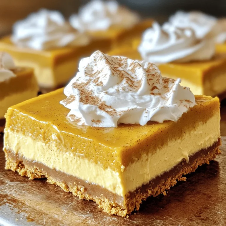 To make these delicious bars, gather these key ingredients: - 1 ½ cups graham cracker crumbs - ½ cup unsalted butter, melted - 2 tablespoons sugar - 16 oz cream cheese, softened - 1 cup pumpkin puree - ¾ cup sugar - 2 large eggs - 1 teaspoon vanilla extract - 1 teaspoon cinnamon - ½ teaspoon nutmeg - ½ teaspoon ginger - ¼ teaspoon cloves - ¼ cup brewed espresso or strong coffee (cooled) - Whipped cream for topping - Ground cinnamon, for garnish These ingredients work together to create a rich, creamy dessert. The pumpkin puree adds moisture and flavor. The spices bring warmth and depth, making each bite feel like fall. If you don’t have some ingredients, don’t worry! You can try these swaps: - Use crushed cookies instead of graham crackers for the crust. - Swap the cream cheese for a plant-based cream cheese if you want a vegan option. - For a sugar-free version, use a sugar alternative in both the crust and filling. - If you can’t find espresso, strong brewed coffee works well too. These substitutions keep the essence of the bars while fitting your needs. Want to take your cheesecake bars up a notch? Here are some fun ideas: - Drizzle caramel sauce on top for added sweetness. - Add chocolate chips to the filling for a treat. - Sprinkle chopped nuts for some crunch. - Top with a dollop of whipped cream and a dusting of cinnamon. These toppings can make your bars look even more inviting and special. Enjoy experimenting! Start by preheating your oven to 350°F (175°C). Grease a 9x9-inch baking pan or line it with parchment paper for easy removal. In a medium bowl, mix 1 ½ cups of graham cracker crumbs, ½ cup of melted unsalted butter, and 2 tablespoons of sugar. Stir until everything is combined. Press this mixture evenly into the bottom of the pan to create a sturdy crust. Bake for 8-10 minutes until it turns lightly golden. Once done, take it out and let it cool completely. In a large mixing bowl, beat 16 oz of softened cream cheese with an electric mixer until it is smooth. Then, add in 1 cup of pumpkin puree, ¾ cup of sugar, and 2 large eggs. Don't forget to include 1 teaspoon of vanilla extract and the spices: 1 teaspoon of cinnamon, ½ teaspoon of nutmeg, ½ teaspoon of ginger, and ¼ teaspoon of cloves. Mix this until it’s well combined. Gradually pour in ¼ cup of brewed espresso, cooled, and mix until everything is blended smoothly. Pour the pumpkin cheesecake filling over the cooled crust in the pan. Use a spatula to smooth the top. Bake for 40-45 minutes, until the edges set and the center has a slight jiggle. Once baked, remove it from the oven and let it cool at room temperature. For the best taste, refrigerate it for at least 4 hours or overnight. When ready to serve, cut into squares. Top each bar with whipped cream and a sprinkle of ground cinnamon to add a nice touch. Enjoy your delicious treat! To achieve a creamy texture, use softened cream cheese. Cold cream cheese leads to lumps. Beat it well until smooth before adding other ingredients. This step is key for a silky cheesecake. Taste your batter before baking. You can adjust the sweetness to your liking. If you want more spice, add extra cinnamon or nutmeg. Remember, flavors deepen as they bake. Do not overmix the batter after adding eggs. This can lead to cracks. Also, avoid opening the oven door while baking. Let the cheesecake cool slowly to prevent sinking. Follow these tips, and you will enjoy delicious bars! {{image_2}} You can easily add a twist to your bars. Drizzle chocolate or caramel sauce on top. After you pour the cheesecake filling into the crust, create swirls. Use a knife or a toothpick to mix gently. This adds rich flavor and looks fancy. It makes every bite extra special. Want to make these bars gluten-free? Simply swap regular graham crackers for gluten-free ones. Many brands offer great options now. You can find them in stores or online. The taste and texture will still be fantastic. You won’t miss the gluten at all. To make these bars vegan, use plant-based cream cheese. Look for brands that are creamy and smooth. Replace eggs with flax eggs or applesauce. For the crust, make sure your graham crackers are vegan. This way, everyone can enjoy this tasty treat. You still get the pumpkin spice flavor without any animal products. To keep your pumpkin spice latte cheesecake bars fresh, store them in the fridge. Place them in an airtight container. This helps keep them moist and tasty. Avoid stacking the bars to prevent squishing. Make sure to cover them well with plastic wrap if you do not have a container. You can freeze these cheesecake bars if you want to save some for later. First, cut the bars into squares. Wrap each square in plastic wrap. Then, place them in a freezer-safe bag or container. This will help keep them fresh for up to three months. When ready to enjoy, thaw them in the fridge overnight. These delicious bars last about five days in the fridge. For the best taste, eat them within the first three days. Always check for any off smells or signs of spoilage before serving. Enjoy these delightful treats while they are fresh for the best flavor! Pumpkin cheesecake focuses on the creamy pumpkin flavor. It is smooth and rich. Pumpkin spice latte cheesecake adds coffee flavors. It combines pumpkin puree with espresso. You get a warm spice mix, too. This includes cinnamon, nutmeg, and cloves. The latte version has a bolder taste. It gives you a cozy, café-like experience in dessert form. Yes, you can make these bars ahead of time. They actually taste better after chilling. I suggest making them a day before you plan to serve. After baking, let them cool. Chill them in the fridge for at least four hours. For best taste, leave them overnight. This allows the flavors to blend and develop. To check if your cheesecake is done, look at the edges. They should be set and firm. The center can still have a slight jiggle. This means it is not overbaked. If it looks too wobbly, give it more baking time. Keep a close eye during the last minutes. Once done, let it cool fully. This helps it set nicely before you chill it. These Pumpkin Spice Latte Cheesecake Bars are a treat worth making. You learned about essential ingredients, easy substitutes, and toppings that can enhance the flavor. The step-by-step instructions help you create a creamy texture and avoid common mistakes. You can explore tasty variations too, like adding chocolate or making them vegan. Store them properly to enjoy later. Now, you can impress others with this delicious dessert. Happy baking!